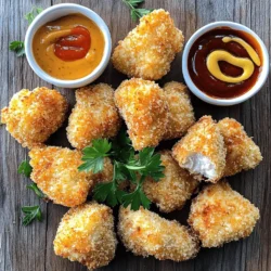 - 1 pound boneless, skinless chicken breasts, cut into bite-sized pieces - 1 cup buttermilk - 1 cup all-purpose flour - 1 cup breadcrumbs (preferably panko for extra crunch) - 1 teaspoon garlic powder - 1 teaspoon onion powder - 1 teaspoon smoked paprika - 1 teaspoon salt - 1/2 teaspoon freshly ground black pepper - 1/2 teaspoon cayenne pepper (optional for an extra kick) - Cooking spray or a drizzle of olive oil I love using fresh chicken breasts for this recipe. They provide great flavor and texture. Buttermilk is key for marinating. It makes the chicken juicy and tender. The all-purpose flour gives a nice base for the breading. I prefer panko breadcrumbs. They add a delightful crunch. Seasonings play a huge role, too. Garlic powder and onion powder add depth. Smoked paprika gives a hint of smokiness. Salt and black pepper are essential for balancing flavors. If you want heat, add cayenne pepper. Finally, a little cooking spray or olive oil helps the nuggets get golden brown. This way, you can enjoy crispy chicken nuggets that are healthier than fried ones. If you want the complete process, check out the Full Recipe. To start, you need to marinate the chicken. Take 1 pound of cut chicken and place it in a bowl. Add 1 cup of buttermilk and mix well. Make sure every piece is covered in buttermilk. Cover the bowl with plastic wrap. Refrigerate for at least 1 hour. For the best taste, marinate overnight. Next, preheat your oven to 400°F (200°C). This step is key for crispy nuggets. While the oven heats up, line a baking sheet with parchment paper. This helps prevent sticking. Lightly spray the parchment with cooking spray for extra non-stick help. Now it’s time to prepare the breading. In a large bowl, mix 1 cup of flour with the seasonings. Add 1 teaspoon each of garlic powder, onion powder, smoked paprika, salt, and 1/2 teaspoon of black pepper. If you want heat, add 1/2 teaspoon of cayenne pepper. In a second bowl, pour in 1 cup of breadcrumbs. This sets up your two-step breading station. Remove the chicken from the buttermilk. Let any excess drip off. First, dip the chicken pieces in the flour mix. Make sure they are well-coated, then shake off any extra flour. Return the chicken to the buttermilk, then roll each piece in the breadcrumbs. Place the breaded nuggets on the prepared baking sheet. Space them a few inches apart for even cooking. For a crunchy finish, lightly spray the tops with cooking spray. Bake the chicken nuggets for 15-20 minutes. Flip them halfway through to ensure even browning. Look for a golden brown color on the outside. Once they are crispy and golden, take them out of the oven. Let them cool for a few minutes before serving. You can find the full recipe for these delicious nuggets [here](#). To get that perfect crunch, use panko breadcrumbs. They have a light and airy texture that makes your chicken nuggets crispy. Regular breadcrumbs can work, but they won't give the same crunch. Spraying the nuggets with cooking spray or a drizzle of olive oil helps achieve that golden color. The oil creates a crispy outer layer as they bake. Don't skip this step; it makes a big difference. One mistake is skipping the marination process. Marinating the chicken in buttermilk makes it juicy and tender. If you skip this, your nuggets may turn out dry. Another key step is preheating the oven. Always set your oven to 400°F (200°C) before you start baking. If you bake without preheating, the nuggets won't cook properly. For a fun meal, serve your crispy chicken nuggets with a variety of dipping sauces. Honey mustard, barbecue sauce, and ranch dressing are great choices. When plating, use a large platter to show off your nuggets. Add colorful sauces in small bowls around the nuggets. A sprinkle of fresh parsley adds a nice touch for presentation. These tips will help you create a meal that everyone will love. For the complete cooking steps, check out the Full Recipe. {{image_4}} You can change the taste of your chicken nuggets easily. For spicy chicken nuggets, add some heat. Mix in cayenne pepper, chili powder, or even hot sauce. Just a little goes a long way. If you like herbs, try using dried oregano or thyme. These herbs add a fresh taste. You can even mix both spices and herbs for a unique twist. If you need gluten-free chicken nuggets, I have great tips. Use gluten-free breadcrumbs instead of regular ones. They work just as well and still give that nice crunch. You can also try almond flour or coconut flour for the breading. Both options provide a tasty and crispy nugget without any gluten. You can cook these nuggets in different ways, too. Try using an air fryer for a quick and crispy finish. Set your air fryer to 400°F and cook for about 10-12 minutes. You won't need a lot of oil, which makes this method healthier. If you want to bake them another way, consider using a convection oven. It gives similar results to the air fryer but is great for larger batches. For more details, check out the Full Recipe. To keep your crispy baked chicken nuggets fresh, place them in an airtight container. This helps prevent moisture from making them soggy. You can store them in the fridge for up to three days. Make sure they cool completely before sealing the container. If you want to save some for later, freezing is a great option. First, let the nuggets cool down. Then, lay them in a single layer on a baking sheet. Freeze them for about an hour. Once frozen, transfer them to a freezer-safe bag. They can last up to three months in the freezer. When you're ready to eat them, simply take out what you need. Thaw the nuggets in the fridge overnight or use the microwave for a quick thaw. To keep your chicken nuggets crispy when reheating, the oven works best. Preheat your oven to 400°F (200°C). Place the nuggets on a baking sheet and heat them for about 10-15 minutes. This will help restore their crunch. You can also use an air fryer for a quick reheat. Just a few minutes at 350°F (175°C) will do the trick! To make chicken nuggets crispy, use panko breadcrumbs. Panko adds extra crunch. Another tip is to spray the nuggets with cooking spray or drizzle them with olive oil before baking. This helps them brown nicely. Also, space the nuggets apart on the baking sheet. This allows hot air to circulate around them. Yes, you can use skinless chicken thighs. They add more flavor than breasts. Thighs have more fat, which keeps them moist. The texture is also slightly different; they tend to be juicier. If you prefer a richer taste, go for thighs. Baked chicken nuggets are generally healthier than fried ones. Baking requires less oil, which reduces calories and fat. You can also control the type of breading used. This makes it easier to add whole grains. Baked nuggets are also less greasy, which many people prefer. Absolutely! You can double or triple the recipe. Just make sure to use a larger baking sheet. This ensures they cook evenly. You can also freeze leftover nuggets for later. To reheat, bake them in the oven to keep them crispy. Check the [Full Recipe] for more details. In this blog, we explored how to make crispy baked chicken nuggets. We covered key ingredients like chicken breasts and buttermilk, along with seasoning methods that add flavor. You learned the step-by-step process, tips for the perfect crunch, and helpful variations, including gluten-free options. Remember, successful nuggets depend on preparation, marination, and baking techniques. With practice, you can create a delicious meal that your family will love! Enjoy your cooking!