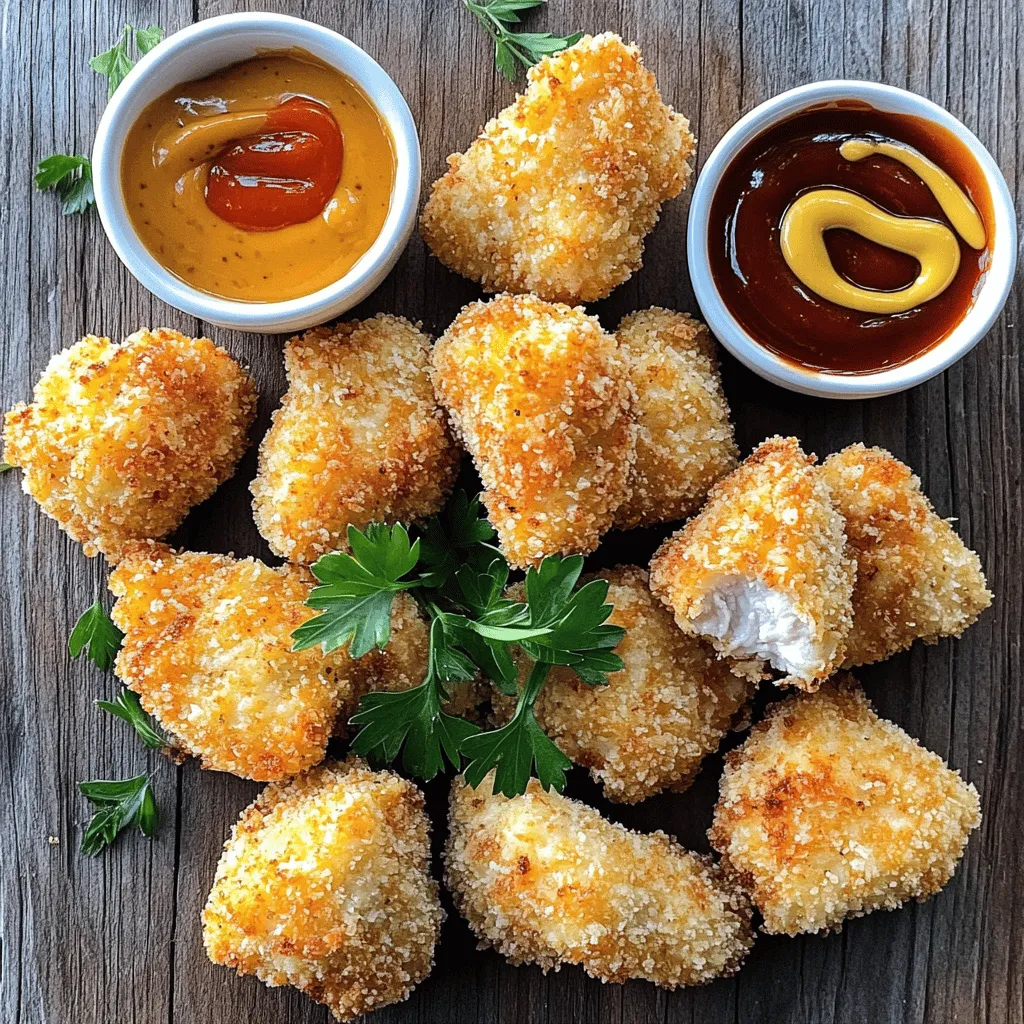 - 1 pound boneless, skinless chicken breasts, cut into bite-sized pieces - 1 cup buttermilk - 1 cup all-purpose flour - 1 cup breadcrumbs (preferably panko for extra crunch) - 1 teaspoon garlic powder - 1 teaspoon onion powder - 1 teaspoon smoked paprika - 1 teaspoon salt - 1/2 teaspoon freshly ground black pepper - 1/2 teaspoon cayenne pepper (optional for an extra kick) - Cooking spray or a drizzle of olive oil I love using fresh chicken breasts for this recipe. They provide great flavor and texture. Buttermilk is key for marinating. It makes the chicken juicy and tender. The all-purpose flour gives a nice base for the breading. I prefer panko breadcrumbs. They add a delightful crunch. Seasonings play a huge role, too. Garlic powder and onion powder add depth. Smoked paprika gives a hint of smokiness. Salt and black pepper are essential for balancing flavors. If you want heat, add cayenne pepper. Finally, a little cooking spray or olive oil helps the nuggets get golden brown. This way, you can enjoy crispy chicken nuggets that are healthier than fried ones. If you want the complete process, check out the Full Recipe. To start, you need to marinate the chicken. Take 1 pound of cut chicken and place it in a bowl. Add 1 cup of buttermilk and mix well. Make sure every piece is covered in buttermilk. Cover the bowl with plastic wrap. Refrigerate for at least 1 hour. For the best taste, marinate overnight. Next, preheat your oven to 400°F (200°C). This step is key for crispy nuggets. While the oven heats up, line a baking sheet with parchment paper. This helps prevent sticking. Lightly spray the parchment with cooking spray for extra non-stick help. Now it’s time to prepare the breading. In a large bowl, mix 1 cup of flour with the seasonings. Add 1 teaspoon each of garlic powder, onion powder, smoked paprika, salt, and 1/2 teaspoon of black pepper. If you want heat, add 1/2 teaspoon of cayenne pepper. In a second bowl, pour in 1 cup of breadcrumbs. This sets up your two-step breading station. Remove the chicken from the buttermilk. Let any excess drip off. First, dip the chicken pieces in the flour mix. Make sure they are well-coated, then shake off any extra flour. Return the chicken to the buttermilk, then roll each piece in the breadcrumbs. Place the breaded nuggets on the prepared baking sheet. Space them a few inches apart for even cooking. For a crunchy finish, lightly spray the tops with cooking spray. Bake the chicken nuggets for 15-20 minutes. Flip them halfway through to ensure even browning. Look for a golden brown color on the outside. Once they are crispy and golden, take them out of the oven. Let them cool for a few minutes before serving. You can find the full recipe for these delicious nuggets [here](#). To get that perfect crunch, use panko breadcrumbs. They have a light and airy texture that makes your chicken nuggets crispy. Regular breadcrumbs can work, but they won't give the same crunch. Spraying the nuggets with cooking spray or a drizzle of olive oil helps achieve that golden color. The oil creates a crispy outer layer as they bake. Don't skip this step; it makes a big difference. One mistake is skipping the marination process. Marinating the chicken in buttermilk makes it juicy and tender. If you skip this, your nuggets may turn out dry. Another key step is preheating the oven. Always set your oven to 400°F (200°C) before you start baking. If you bake without preheating, the nuggets won't cook properly. For a fun meal, serve your crispy chicken nuggets with a variety of dipping sauces. Honey mustard, barbecue sauce, and ranch dressing are great choices. When plating, use a large platter to show off your nuggets. Add colorful sauces in small bowls around the nuggets. A sprinkle of fresh parsley adds a nice touch for presentation. These tips will help you create a meal that everyone will love. For the complete cooking steps, check out the Full Recipe. {{image_4}} You can change the taste of your chicken nuggets easily. For spicy chicken nuggets, add some heat. Mix in cayenne pepper, chili powder, or even hot sauce. Just a little goes a long way. If you like herbs, try using dried oregano or thyme. These herbs add a fresh taste. You can even mix both spices and herbs for a unique twist. If you need gluten-free chicken nuggets, I have great tips. Use gluten-free breadcrumbs instead of regular ones. They work just as well and still give that nice crunch. You can also try almond flour or coconut flour for the breading. Both options provide a tasty and crispy nugget without any gluten. You can cook these nuggets in different ways, too. Try using an air fryer for a quick and crispy finish. Set your air fryer to 400°F and cook for about 10-12 minutes. You won't need a lot of oil, which makes this method healthier. If you want to bake them another way, consider using a convection oven. It gives similar results to the air fryer but is great for larger batches. For more details, check out the Full Recipe. To keep your crispy baked chicken nuggets fresh, place them in an airtight container. This helps prevent moisture from making them soggy. You can store them in the fridge for up to three days. Make sure they cool completely before sealing the container. If you want to save some for later, freezing is a great option. First, let the nuggets cool down. Then, lay them in a single layer on a baking sheet. Freeze them for about an hour. Once frozen, transfer them to a freezer-safe bag. They can last up to three months in the freezer. When you're ready to eat them, simply take out what you need. Thaw the nuggets in the fridge overnight or use the microwave for a quick thaw. To keep your chicken nuggets crispy when reheating, the oven works best. Preheat your oven to 400°F (200°C). Place the nuggets on a baking sheet and heat them for about 10-15 minutes. This will help restore their crunch. You can also use an air fryer for a quick reheat. Just a few minutes at 350°F (175°C) will do the trick! To make chicken nuggets crispy, use panko breadcrumbs. Panko adds extra crunch. Another tip is to spray the nuggets with cooking spray or drizzle them with olive oil before baking. This helps them brown nicely. Also, space the nuggets apart on the baking sheet. This allows hot air to circulate around them. Yes, you can use skinless chicken thighs. They add more flavor than breasts. Thighs have more fat, which keeps them moist. The texture is also slightly different; they tend to be juicier. If you prefer a richer taste, go for thighs. Baked chicken nuggets are generally healthier than fried ones. Baking requires less oil, which reduces calories and fat. You can also control the type of breading used. This makes it easier to add whole grains. Baked nuggets are also less greasy, which many people prefer. Absolutely! You can double or triple the recipe. Just make sure to use a larger baking sheet. This ensures they cook evenly. You can also freeze leftover nuggets for later. To reheat, bake them in the oven to keep them crispy. Check the [Full Recipe] for more details. In this blog, we explored how to make crispy baked chicken nuggets. We covered key ingredients like chicken breasts and buttermilk, along with seasoning methods that add flavor. You learned the step-by-step process, tips for the perfect crunch, and helpful variations, including gluten-free options. Remember, successful nuggets depend on preparation, marination, and baking techniques. With practice, you can create a delicious meal that your family will love! Enjoy your cooking!