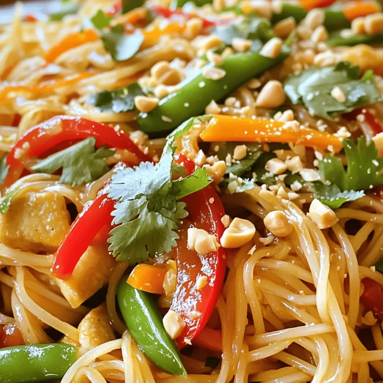 Here are the main items you need for this dish: - 8 oz rice noodles - 2 tablespoons vegetable oil - 3 cloves garlic, minced - 1 red bell pepper, thinly sliced - 1 cup snap peas, trimmed - 1 medium carrot, julienned - 1 cup cooked chicken (or cubed tofu for a vegetarian option) - 3 tablespoons soy sauce - 2 tablespoons brown sugar - 1 tablespoon chili paste (adjust based on desired spiciness) - 1 tablespoon freshly squeezed lime juice - Fresh cilantro, roughly chopped (for garnish) - Crushed peanuts (for garnish) Each ingredient plays a key role. The rice noodles provide a soft base. Garlic adds a nice aroma. The vegetables bring color and crunch. Chicken or tofu makes it hearty. The sauce combines sweet and spicy flavors. You can easily change this dish to fit your taste. Here are some ideas: - Add bok choy for more greens. - Use broccoli for extra crunch. - Try shrimp for a seafood twist. - Include bean sprouts for a fresh texture. - Switch lime juice for lemon juice for a different zing. These options let you create your own version. Feel free to mix and match! If you don’t have something on hand, don’t worry! Here are some swaps: - Use spaghetti if you can’t find rice noodles. - Olive oil works great instead of vegetable oil. - Honey can replace brown sugar for sweetness. - Sriracha can substitute chili paste for heat. - Any nut can stand in for crushed peanuts. These substitutions keep the dish tasty while being flexible. The full recipe shows you how to put it all together! To cook the rice noodles, start by boiling water in a large pot. Add the rice noodles and cook them for about 5 to 7 minutes. Check the package for precise timing. When they are tender, drain and rinse them under cold water. This stops the cooking and prevents them from sticking together. Set the noodles aside for later. Next, grab a large skillet or wok and add some vegetable oil. Heat it over medium heat. When the oil is hot, add the minced garlic. Sauté the garlic for about 30 seconds, stirring often. You want it to smell great and turn a light golden color. Now, it's time to add your vegetables. Toss in the sliced red bell pepper, snap peas, and julienned carrot. Stir-fry these for 3 to 4 minutes until they are bright and slightly soft. Then, add your cooked chicken or cubed tofu. Mix everything together and cook for another 2 to 3 minutes. Ensure the protein is heated through and combined well with the veggies. In a small bowl, whisk together the soy sauce, brown sugar, chili paste, and lime juice. Make sure the brown sugar dissolves completely. Once mixed, pour this sauce over the vegetables and protein in your skillet. Stir well to coat everything evenly. Add the cooked rice noodles to the skillet. Gently toss them with the other ingredients. Continue to cook for another 2 to 3 minutes. Stir often until everything is hot and the noodles soak up the sauce. After cooking, taste your dish. Adjust the flavor if needed by adding more soy sauce or chili paste. To serve, plate the sweet and spicy noodles in bowls. Top with chopped fresh cilantro and crushed peanuts. This adds extra flavor and crunch. Enjoy your meal! If you'd like, check the Full Recipe for more details. To cook perfect rice noodles, follow these steps: - Use plenty of water: Boil a large pot of water. This helps the noodles cook evenly. - Don’t overcook: Follow the package's cooking time, usually 5-7 minutes. - Rinse with cold water: Once done, drain and rinse the noodles. This stops the cooking process and prevents sticking. To make your dish truly special, try these tips: - Add fresh herbs: Use basil or mint for a fresh taste. - Experiment with sauces: Try adding oyster sauce or tamari for depth. - Include lime zest: This adds a bright and zesty kick. Presentation can elevate your dish: - Use colorful bowls: Bright bowls make the dish pop. - Twist the noodles: Create a twirl of noodles for visual appeal. - Top with garnishes: Fresh cilantro and crushed peanuts add flavor and texture. For the complete cooking details, check out the full recipe. {{image_4}} You can easily make Sweet and Spicy Thai Noodles vegetarian or vegan. Just swap out the cooked chicken for cubed tofu. Tofu adds great texture and absorbs the flavors well. For a vegan sauce, ensure your soy sauce is plant-based. You can also add more veggies, like broccoli or bell peppers, to make the dish even heartier. The spice level is key in this dish. Start with one tablespoon of chili paste for a mild kick. If you prefer more heat, add more paste as you cook. You can also include sliced fresh chili peppers for extra spice. Remember, you can always add heat, but it’s hard to take it away. Taste as you go! If you want to change up the protein, there are many options. Shrimp works well for a seafood twist. You could also use beef or pork if you prefer. For a vegetarian option, chickpeas or tempeh can be great choices too. Each protein adds a unique flavor and texture to the noodles. You can find the full recipe for Sweet and Spicy Thai Noodles to explore these variations. To keep your sweet and spicy Thai noodles fresh, store them in an airtight container. Make sure the noodles cool down before sealing. This helps prevent excess moisture, which can make them soggy. You can keep them in the fridge for 3 to 4 days. If you want to enjoy them later, label the container with the date. When it's time to eat your leftovers, use a skillet for the best results. Heat a bit of oil over medium heat. Add the noodles and stir them gently. This helps revive their flavor and texture. You can also add a splash of water or soy sauce to prevent sticking. Heat until warm, about 5 minutes. If you want to freeze your sweet and spicy Thai noodles, make sure to do it early. Place the cooled noodles in a freezer-safe bag or container. Squeeze out any air before sealing. They can be stored for up to 3 months. When you’re ready to eat, thaw them in the fridge overnight. Reheat as mentioned above for the best taste. Sweet and spicy Thai noodles are a tasty dish made with rice noodles. They blend sweet, savory, and spicy flavors. I use soy sauce, brown sugar, and chili paste for the sauce. Fresh veggies add crunch and color. It's a fun dish that warms your heart! These noodles can last in the fridge for about 3 to 4 days. Store them in an airtight container for best results. When you’re ready to eat, just reheat them on the stove or in the microwave. Yes, you can make these noodles ahead of time. Cook them, let them cool, and store them in the fridge. When you want to eat, just reheat and add a splash of lime juice to freshen them up. I love garnishing these noodles with fresh cilantro and crushed peanuts. You can also add lime wedges for extra zing. Feel free to get creative with toppings like green onions or sesame seeds. You can find the full recipe for Sweet and Spicy Thai Noodles at the top of this article. It has all the details you need to create this delicious dish! Sweet and Spicy Thai Noodles are a tasty dish made with fresh ingredients. You can adjust flavors by adding optional items or substitutes. Follow the step-by-step guide to perfectly cook noodles and create a rich sauce. Use my tips for best results and fun variations to try. Store leftovers correctly and enjoy later. This dish is simple and fun to make any time. I hope you feel inspired to cook and enjoy these noodles at home.