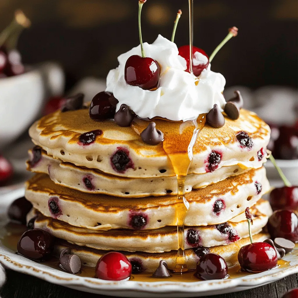 - 1 cup all-purpose flour - 2 tablespoons granulated sugar - 2 teaspoons baking powder - 1/2 teaspoon fine sea salt - 1 cup whole milk - 1 large egg - 2 tablespoons unsalted butter, melted - 1/2 cup fresh cherries, pitted and roughly chopped - 1/2 cup semi-sweet chocolate chips - Optional: whipped cream and extra cherries for a delightful garnish To make these cherry chocolate chip pancakes, you need simple but key ingredients. The all-purpose flour gives the pancakes their structure. Granulated sugar adds just the right amount of sweetness. Baking powder helps the pancakes rise, making them fluffy and light. The fine sea salt balances the sweetness. Use whole milk in this recipe for a rich texture. One large egg adds moisture and helps bind everything together. Unsalted butter, when melted, enriches the flavor of the batter. Fresh cherries are the star, providing a burst of juicy flavor. Semi-sweet chocolate chips add a sweet touch that pairs perfectly with the cherries. For a fun twist, consider garnishing with whipped cream and extra cherries. This adds a lovely finish to your pancakes. So, gather these ingredients and get ready for a flavorful pancake experience! You can find the Full Recipe at the end of this article. Start by mixing the dry ingredients. In a large bowl, whisk together: - 1 cup all-purpose flour - 2 tablespoons granulated sugar - 2 teaspoons baking powder - 1/2 teaspoon fine sea salt Ensure these ingredients are well combined. This step builds a light base for your pancakes that is key to their fluffiness. In another bowl, combine the wet ingredients. Whisk together: - 1 cup whole milk - 1 large egg - 2 tablespoons unsalted butter, melted You want this mixture smooth and clump-free. Mixing these well helps your pancakes rise and stay soft. Now it’s time to combine the wet and dry mixtures. Pour the wet mixture into the bowl of dry ingredients. Use a spatula to stir gently until just combined. It’s okay if some lumps remain; avoid overmixing to keep your pancakes light and airy. Next, carefully fold in: - 1/2 cup fresh cherries, pitted and roughly chopped - 1/2 cup semi-sweet chocolate chips Make sure these goodies are evenly spread in the batter for delicious bites. Preheat a non-stick skillet or griddle over medium heat. Lightly grease it with a small pat of butter or a quick spray. This helps the pancakes cook evenly and prevents sticking. Pour about 1/4 cup of batter for each pancake onto the skillet. Cook until bubbles form on the surface, which takes around 2-3 minutes. Once you see the bubbles, flip the pancakes gently. Cook the other side for another 2-3 minutes until golden brown. After each batch, transfer pancakes to a warm plate. Cover them loosely with aluminum foil to keep them warm while you finish cooking the rest. Now, stack those pancakes high and top them with whipped cream and extra cherries for a sweet touch. For the full recipe, check the earlier sections! To make the best cherry chocolate chip pancakes, focus on the batter. First, avoid overmixing. When you combine wet and dry ingredients, mix just enough to blend them. Some lumps are okay. Overmixing makes the pancakes tough and chewy. Next, achieve fluffiness by using fresh baking powder. If it's old, your pancakes won’t rise. Also, let the batter rest for about five minutes before cooking. This helps the gluten relax, making your pancakes lighter and fluffier. For a beautiful presentation, stack your pancakes high on a plate. Drizzle pure maple syrup or rich chocolate sauce on top. Add a sprinkle of powdered sugar for a touch of elegance. Fresh cherries on top add color and a burst of flavor. If you want to go beyond whipped cream, try yogurt or crème fraîche. You can also add nuts or a dusting of cinnamon for extra flavor. These little touches can make your meal feel special and gourmet! The right tools make a big difference. Use a non-stick skillet or griddle for even cooking. A cast-iron skillet holds heat well and gives a nice golden color. Make sure it’s preheated to medium heat before adding batter. Have a spatula handy for flipping pancakes. A large one works best for easy handling. If you have a pancake ring, it can help shape your pancakes perfectly. These tools make cooking fun and your pancakes look great! {{image_4}} For those who need gluten-free options, use gluten-free flour. This works well in pancakes. You can find many brands in stores. Just make sure to check they are certified gluten-free. If you prefer vegan alternatives, replace the milk with almond or oat milk. Use a flaxseed egg instead of a regular egg. Mix one tablespoon of ground flaxseed with three tablespoons of water. Let it sit for five minutes to thicken. This makes a great egg substitute for your pancakes. You can explore fun fruit or nut variations. Try adding blueberries, raspberries, or sliced bananas. Chopped nuts like walnuts or pecans can also bring a nice crunch. Different chocolate types can change the flavor, too. Use dark chocolate for a richer taste or white chocolate for sweetness. Experimenting with flavors adds excitement to your breakfast. You can create new favorites every time you make these pancakes! Holiday-themed variations can make your pancakes festive. For Halloween, add pumpkin spice to the batter. Around Christmas, mix in crushed candy canes for a minty twist. Using seasonal fruits makes the dish even better. In summer, fresh peaches or strawberries work great. In fall, think about using apples or pears. This keeps your pancakes fresh and fun all year long. For more details on the cherry chocolate chip pancakes, check out the Full Recipe. To keep your cherry chocolate chip pancakes fresh, follow these tips: - Refrigerating: Allow pancakes to cool completely before storing. Place them in an airtight container. They will stay good for about 3 days in the fridge. - Freezing: For longer storage, stack pancakes with parchment paper between them. Use a freezer bag or an airtight container. They can last up to 2 months in the freezer. To enjoy your pancakes warm and fluffy again: - If using the microwave, place a damp paper towel over the pancakes. Heat for 15-30 seconds until warm. - For the stovetop, heat a non-stick skillet over low heat. Add a splash of milk to help keep them moist. Heat for 1-2 minutes on each side. These tips will help you enjoy your cherry chocolate chip pancakes even after the first meal! If you want to make them again, check out the Full Recipe. To make Cherry Chocolate Chip Pancakes fluffier, use fresh baking powder. Check the date on the package. Also, avoid mixing too much. Stir the batter until just combined. This keeps air in the batter. You can also separate the egg. Whip the egg white until it’s fluffy, then fold it into the batter. This technique adds more lift. Yes, you can use frozen cherries. However, thaw them first before adding them to the batter. Drain any extra juice to avoid soggy pancakes. Frozen cherries may not be as firm as fresh ones, but they still taste great. They will add a nice, sweet burst in each bite. You can serve Cherry Chocolate Chip Pancakes with whipped cream and fresh cherries on top. Pure maple syrup is a classic choice. For a twist, try chocolate sauce or yogurt. Nuts, like chopped almonds or walnuts, also add a nice crunch. Get creative with your toppings to make each stack unique. Yes, you can double the recipe easily. Just make sure to keep the same ratios. Use a larger mixing bowl and a bigger skillet if needed. This way, you can cook more pancakes at once. Keep the cooked pancakes warm in the oven while you finish the batch. If you need a substitute for chocolate chips, try using white chocolate or butterscotch chips. You can also use chopped nuts for a different texture. Dried fruit, like raisins or cranberries, adds sweetness too. Feel free to mix and match flavors to find what you love best. You can find the Full Recipe in the earlier section of this article. It includes all the details you need to make these delicious pancakes. Just follow the steps, and you’ll have a delightful breakfast in no time! This blog post covered a delicious Cherry Chocolate Chip Pancake recipe. We detailed the ingredients, from flour to cherries, and walked through clear steps for perfect pancakes. I shared tips for texture and serving, plus tasty variations to try. Finally, we discussed storage and reheating methods. Enjoying these pancakes can be fun and easy. Experiment with flavors and share them with friends. Happy cooking!