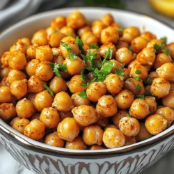 - 1 can (15 ounces) chickpeas, thoroughly drained and rinsed - 1 tablespoon extra virgin olive oil - 1 teaspoon garlic powder - 1 teaspoon smoked paprika - ½ teaspoon ground cumin - ½ teaspoon sea salt - ¼ teaspoon freshly ground black pepper - ¼ teaspoon cayenne pepper (optional) - Fresh parsley for garnish In this recipe, the chickpeas are the star. They are packed with protein and fiber. Using canned chickpeas makes this snack quick and easy. You want to drain and rinse them well. This step helps remove some of the sodium. Next, we add olive oil. It helps the spices stick and gives a nice flavor. Garlic powder adds depth, while smoked paprika gives a lovely smoky taste. Cumin and black pepper add warmth, and cayenne adds a kick if you like spice. Don't forget the sea salt! It brings out all the flavors in the mix. Finally, fresh parsley adds color and freshness when you serve the chickpeas. You can find the full recipe at the end of this article. Preheating your air fryer is key for great results. It helps cook the chickpeas evenly. Set the temperature to 400°F (200°C). Let it heat for about 5 minutes. This short wait makes a big difference in crispiness. Start by draining the chickpeas from the can. Rinse them under cool water to remove the canned flavor. Spread the chickpeas on a clean kitchen towel. Use another towel to gently pat them dry. Removing moisture is crucial for that lovely crunch. In a medium bowl, combine the dried chickpeas with olive oil, garlic powder, smoked paprika, cumin, sea salt, black pepper, and cayenne pepper if you like some heat. Toss everything well. Make sure the chickpeas are fully coated with the spices. Feel free to adjust the seasonings to suit your taste. Place the seasoned chickpeas in the air fryer basket. Arrange them in a single layer for even cooking. If your air fryer is small, you may need to do this in batches. Cook for 15-20 minutes, shaking the basket halfway through. They are ready when they look golden brown and crunchy. Once cooked, transfer the chickpeas to a cooling rack or a plate. Let them cool for a few minutes. Cooling helps them become even crispier, giving you that perfect snack. After cooling, put the crispy chickpeas in a nice serving bowl. Sprinkle chopped fresh parsley on top for color and flavor. You can also serve them with a creamy yogurt dip or zesty salsa for some extra fun. For the full recipe, check out Crispy Air Fryer Chickpeas! To get the best crunch from your chickpeas, moisture must go. After rinsing, lay them on a kitchen towel. Pat them dry gently. If you skip this step, they won’t get crispy. Different air fryer models may require slight changes. Always check the manual for best settings. If your air fryer runs hot, reduce the time by a few minutes. To spice up your chickpeas, think beyond the basic seasonings. You can add garlic powder, onion powder, or even mixed herbs. Try a sprinkle of chili powder for heat or curry powder for warmth. For dips, consider yogurt-based sauces or hummus. They pair perfectly with crispy chickpeas and add a creamy texture. One common mistake is overcrowding the basket. If you pile too many chickpeas in, they won’t cook evenly. Spread them out in a single layer for best results. Another pitfall is cooking at the wrong temperature. Always aim for 400°F (200°C). To avoid undercooked chickpeas, check them halfway through. Give the basket a shake to ensure even cooking. This will help you achieve that golden brown color and crunch you want. For the full recipe, check out the Crispy Air Fryer Chickpeas. {{image_4}} You can change the flavor of your crispy air fryer chickpeas by using different seasonings. BBQ seasoning adds a smoky touch. Italian herbs give a fresh and savory taste. If you like sweet snacks, try combining cinnamon with sugar. This mix creates a delightful contrast that makes a tasty treat. You can also use dried chickpeas for this recipe. Start by soaking them overnight. After soaking, cook them until they are tender. This process takes about 1 to 1.5 hours. You will need to adjust the cooking time in the air fryer. Cook them for about 20 to 25 minutes instead of the usual time. Crispy air fryer chickpeas are perfect for salads or bowls. Toss them in with fresh greens, veggies, and your favorite dressing. They add a lovely crunch and flavor. You can also use them for a healthy snack platter. Serve them with dips like hummus or yogurt. This makes for a fun and tasty snack option for any gathering. To store leftover crispy chickpeas, let them cool first. Once cool, place them in an airtight container. I recommend using a glass jar or a plastic container with a lid. These containers keep them fresh and crunchy. Avoid using paper bags, as they do not seal well. To reheat crispy chickpeas, use your air fryer for best results. Set the temperature to 350°F (175°C). Heat them for about 5 minutes. This method keeps them crispy. You can also use an oven, but it may take longer. Crispy chickpeas can last about 3 to 5 days when stored correctly. Check for any signs of softness or changes in color. If they feel soggy or have a strange smell, it’s best to toss them out. Always trust your senses when it comes to food safety. To make crispy chickpeas in an air fryer, follow these steps: 1. Preheat the Air Fryer: Set your air fryer to 400°F (200°C). 2. Prepare the Chickpeas: Drain and rinse a can of chickpeas. Pat them dry with a towel. 3. Season the Chickpeas: In a bowl, mix the chickpeas with olive oil and spices. Toss well. 4. Air Fry the Chickpeas: Place the chickpeas in the air fryer basket. Cook for 15-20 minutes. 5. Cool Down: Let them cool on a rack to get extra crispy. 6. Garnish and Serve: Add fresh parsley for color. Enjoy your snack! Yes, you can use dried chickpeas. Here’s how to prepare them: 1. Soaking: Soak dried chickpeas in water overnight. 2. Cooking: Drain and cook them in boiling water until tender (about 1-1.5 hours). 3. Drying: Make sure to dry them well before seasoning and air frying. Crispy chickpeas pair well with many dips. Here are a few ideas: - Creamy Yogurt Dip: Mix yogurt with herbs and lemon. - Spicy Salsa: A zesty salsa adds great flavor. - Hummus: Classic and always a hit. - Guacamole: For a creamy twist. Crispy air fryer chickpeas are a healthy snack. Here are some benefits: - High in Protein: They give you a good protein boost. - Fiber-Rich: Chickpeas are full of fiber, which aids digestion. - Low in Fat: Using minimal oil keeps them light. - Nutrient-Dense: They contain vitamins and minerals. To keep your chickpeas crispy, follow these tips: - Store in an Airtight Container: This keeps moisture out. - Avoid Stacking: Lay them flat instead of piling them. - Use Within a Few Days: They are best eaten fresh. Yes, you can freeze crispy chickpeas. Here’s how: 1. Cool Completely: Let them cool down first. 2. Flash Freeze: Spread them on a baking sheet. Freeze for 1-2 hours. 3. Store in a Bag: Transfer to a freezer bag. Remove air and seal tightly. When ready to eat, thaw and reheat in the air fryer for crispiness. For the full recipe, check the detailed instructions provided above. Making crispy chickpeas in an air fryer is easy and fun. We covered the main ingredients, talked about step-by-step instructions, and shared tips for the best results. You can add different flavors and enjoy them with dips. With proper storage and reheating, you can keep them crisp for snacking. Remember to avoid common mistakes to ensure perfect chickpeas every time. Experiment with new spices to find your favorite mix. Enjoy your cooking and snack time!