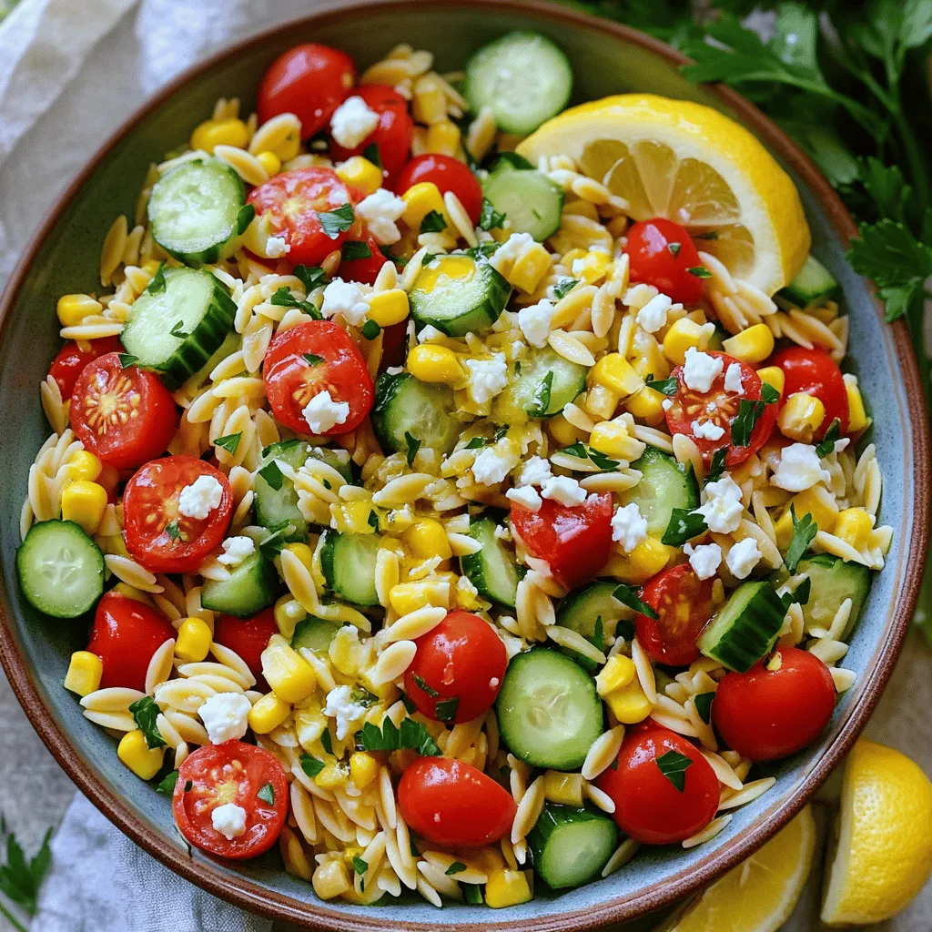 To make your Lemon Garlic Orzo Salad, gather the following: - 1 cup orzo pasta - 2 cups vegetable broth - 1 cup cherry tomatoes, halved - 1 cucumber, diced - 1/4 red onion, finely chopped - 1 cup corn (fresh or frozen and thawed) - 1/4 cup fresh parsley, finely chopped - 1/4 cup feta cheese, crumbled - 1/4 cup extra virgin olive oil - 3 tablespoons freshly squeezed lemon juice - 2 cloves garlic, minced - Salt and freshly ground black pepper to taste If you need a gluten-free option, you can use gluten-free orzo. It works well with the same cooking method. Orzo pasta is a great source of carbohydrates, giving you energy. It is low in fat, making it a healthy choice. The vegetables provide vitamins and minerals. For example: - Cherry tomatoes are rich in vitamin C and antioxidants. - Cucumbers hydrate and are low in calories. - Corn adds fiber and sweetness to the mix. - Parsley is packed with vitamins K and C. - Feta cheese offers protein and calcium. Each serving of this salad contains around 200-250 calories, depending on the amount of feta and oil used. It’s a light yet filling dish, perfect for lunch or as a side. To cook orzo, start by bringing two cups of vegetable broth to a boil in a medium saucepan. This broth adds great flavor. Once it boils, add one cup of orzo pasta. Cook it for about 8 to 10 minutes or until it is al dente. Al dente means it should be firm, not mushy. After cooking, drain the orzo in a colander. Rinse it under cold water. This stops the cooking process and keeps the orzo from sticking. Rinsing also helps keep the pasta fresh and separate. In a large mixing bowl, combine the cooled orzo with fresh ingredients. Add one cup of halved cherry tomatoes, one diced cucumber, and a finely chopped red onion. Include one cup of corn, either fresh or thawed from frozen. Toss in one-fourth cup of finely chopped parsley for color and flavor. For the dressing, whisk together one-fourth cup of extra virgin olive oil, three tablespoons of freshly squeezed lemon juice, and two cloves of minced garlic. Add a pinch of salt and pepper. Drizzle the dressing over the salad and toss gently. This ensures all the flavors mix well without breaking the pasta or veggies. To serve your Lemon Garlic Orzo Salad, use a large salad bowl. This allows for a beautiful presentation. Sprinkle one-fourth cup of crumbled feta cheese on top. This adds a nice salty flavor. For extra flair, garnish with lemon wedges and sprigs of parsley. These bright colors make the dish stand out. Pair this salad with grilled chicken or fish for a complete meal. You can also enjoy it as a light lunch on its own. For the full recipe, check out the details above. You can make this Lemon Garlic Orzo Salad suit your taste. Here are some good ideas: - Vegetarian and vegan options: Omit the feta cheese to keep it vegan. You can add avocado for creaminess. - Seasonal ingredients: Use fresh herbs like basil or mint in summer. In fall, try roasted butternut squash. Each season brings new flavors. Proper storage keeps the salad fresh. Here’s how: - Storing leftovers: Place the salad in an airtight container. It helps keep the ingredients crisp. - Freshness duration: The salad stays fresh in the fridge for 3 to 4 days. Just be sure to add any toppings like cheese right before serving. {{image_4}} How long can I keep the Lemon Garlic Orzo Salad in the fridge? You can keep the Lemon Garlic Orzo Salad in the fridge for about three days. After that, it may lose its freshness. Store it in an airtight container to keep it tasty. Can I prepare this salad a day in advance? Yes, you can make this salad a day ahead. It helps the flavors blend well. Just keep it in the fridge until you are ready to serve. Can I use a different type of pasta? Absolutely! You can swap orzo for other small pasta shapes like couscous or ditalini. Just adjust the cooking time based on the pasta you choose. How do I enhance the flavor of the dressing? To boost the dressing's flavor, add more lemon juice or zest. You can also mix in mustard or a pinch of red pepper flakes for a kick. This Lemon Garlic Orzo Salad comes together quickly. First, you cook the orzo in vegetable broth. Next, mix in fresh veggies like tomatoes and cucumbers. Then, whisk together a zesty lemon dressing. Finally, toss everything together and add feta cheese. For complete instructions, check out the Full Recipe. To make your dish shine, serve it in a large bowl. Take photos in natural light for the best results. Garnish with extra lemon wedges and fresh parsley. This adds color and a fresh look to your salad. You want it to look as good as it tastes! If you love the Lemon Garlic Orzo Salad, you might enjoy other orzo dishes. Orzo pasta is versatile and works well in many salads. Here are a few ideas: - Mediterranean Orzo Salad: This salad adds olives, bell peppers, and artichokes for a bold taste. - Orzo Caprese Salad: Combine orzo with fresh mozzarella, basil, and ripe tomatoes for a classic mix. - Pesto Orzo Salad: Toss orzo with basil pesto, cherry tomatoes, and spinach for a fresh, green flavor. For refreshing salads, consider these options: - Quinoa Salad: Quinoa is packed with protein and pairs well with veggies and vinaigrette. - Greek Salad: This salad features cucumbers, tomatoes, and feta, giving a tasty Mediterranean touch. - Spinach Strawberry Salad: Sweet strawberries and spinach create a nice balance of flavors. To enhance your Lemon Garlic Orzo Salad, choose the right drinks and main dishes. Here are my top picks: - Beverages: - Lemonade: A refreshing, tart drink that matches the salad's bright flavors. - Iced Tea: A light tea with lemon can be a great, cool complement. - Sauvignon Blanc: This white wine has citrus notes that work well with the salad. - Main Dishes: - Grilled Chicken: Simple grilled chicken adds protein and pairs nicely with the salad. - Fish Tacos: Their light flavors and crunch balance the salad's freshness. - Vegetable Stir-Fry: A colorful mix of veggies adds more texture and taste. These pairings make your meal more enjoyable. For the full recipe, check out the detailed steps! You've learned how to make a delicious Lemon Garlic Orzo Salad. We explored key ingredients, their benefits, and how to prepare each part. Remember the steps for cooking and mixing to create great flavors. We also shared tips on variations and how to store leftovers. This salad is versatile and easy to make. I encourage you to try it yourself. Enjoy the freshness and good health it brings to your meals!