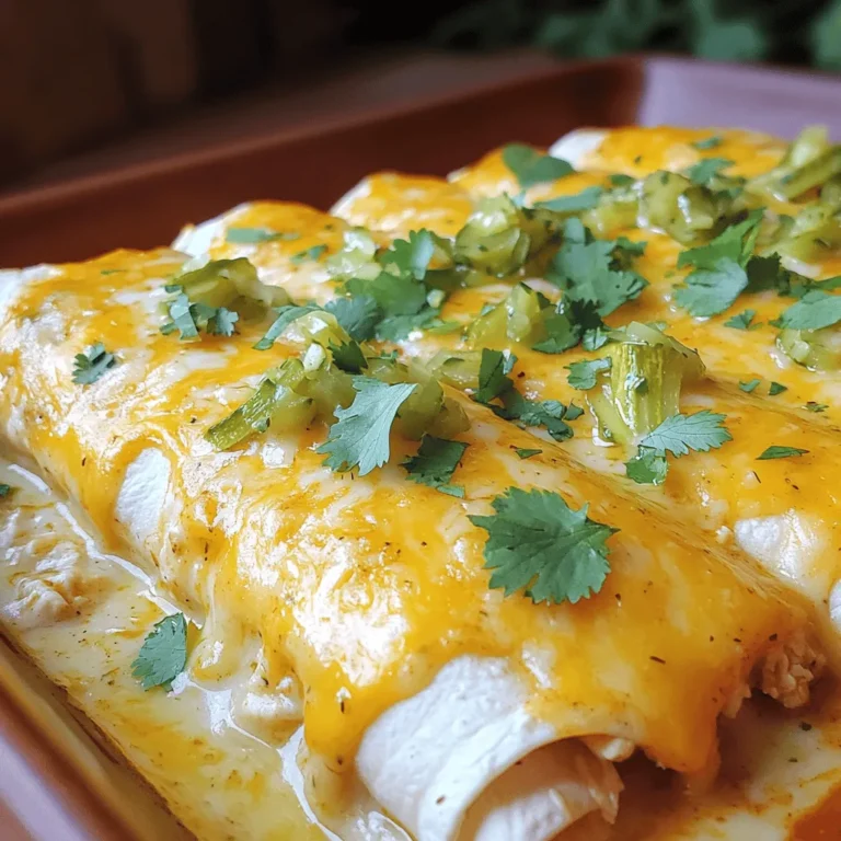 To make Pickle Ranch Chicken Enchiladas, gather these main ingredients: - 2 cups cooked chicken, shredded - 1 cup dill pickles, finely chopped - 1 cup creamy ranch dressing - 1 cup shredded sharp cheddar cheese - 1 cup Monterey Jack cheese, shredded - 8 small flour tortillas - 1 cup enchilada sauce (red or green, your choice) - 1/2 teaspoon garlic powder - 1/2 teaspoon onion powder These ingredients create a tasty mix of flavors. The dill pickles give a nice crunch, while the ranch dressing adds creaminess. Together, they make the chicken filling stand out. To make your enchiladas even better, consider these optional garnishes: - Fresh cilantro, roughly chopped - Sliced jalapeños for heat - Extra dill pickles on the side These garnishes add freshness and color. They also let you customize your dish to suit your taste. When preparing Pickle Ranch Chicken Enchiladas, having the right tools makes cooking easier. Use these kitchen tools: - 9x13 inch baking dish - Mixing bowl - Spoon for mixing - Aluminum foil These tools help you assemble and bake your enchiladas with ease. Having everything ready will make your cooking experience smoother. For the Full Recipe, refer to the instructions section. Start by preheating your oven to 350°F (175°C). This ensures even baking later. In a large bowl, mix the shredded chicken, chopped dill pickles, and ranch dressing. Add garlic powder and onion powder for extra flavor. Stir everything until well combined. This filling packs a tasty punch and will make your enchiladas shine. Take a flour tortilla and scoop about 1/3 cup of the chicken mixture into the center. Carefully roll the tortilla, tucking in the sides as you go. This keeps everything inside while baking. Place the rolled tortilla seam-side down in a greased 9x13 inch baking dish. Repeat this step until all tortillas are filled and snugly arranged in the dish. Next, pour the enchilada sauce over the rolled tortillas, making sure each one is coated. Sprinkle the shredded sharp cheddar and Monterey Jack cheese on top. Cover the dish with aluminum foil and bake for 20 minutes. After that, remove the foil and bake for another 10 minutes. You want the cheese to be melted, bubbly, and golden brown. Once done, take them out and garnish with fresh cilantro. Let them cool for a few minutes before serving. Enjoy this unique and flavorful dish! For the complete details, refer to the Full Recipe. To make perfect enchiladas, start with great filling. Use tender, shredded chicken and mix it well with dill pickles and ranch dressing. This combo gives a tangy kick. When rolling the tortillas, don’t overstuff them. Aim for about 1/3 cup of filling per tortilla. This keeps them neat and easy to handle. Bake them covered to keep them moist, then uncover for a golden finish. These steps help your enchiladas stay soft and delicious. You can easily customize this recipe. Swap out the chicken for black beans for a vegetarian option. Add jalapeños if you like heat. You can also use different cheeses. Try pepper jack for a spicy twist or goat cheese for creaminess. Feel free to mix in other veggies like spinach or corn. This dish is versatile, so get creative and make it your own! Pair your enchiladas with sides that complement their flavors. A light salad with lemon vinaigrette works well. You can also serve them with extra dill pickles on the side. This adds crunch and zest. For drinks, consider a light beer or a refreshing iced tea. These choices enhance the meal and make it even more enjoyable. Check out the Full Recipe for more tips! {{image_4}} You can easily make vegetarian pickle ranch enchiladas. Just swap the chicken for cooked beans or lentils. Use black beans for a rich taste. Green lentils add a nice texture. Keep the dill pickles and ranch dressing. They bring a fresh crunch and flavor. You can also add veggies like spinach or bell peppers for more color and nutrients. If you like heat, try a spicy variation. Add diced jalapeños or serrano peppers to the chicken filling. You can also use spicy ranch dressing for a bigger kick. For an extra layer of flavor, mix in some hot sauce with the enchilada sauce. This will spice things up! To make these enchiladas gluten-free, pick corn tortillas instead of flour. They hold the filling well and taste great. Also, ensure your ranch dressing and enchilada sauce are gluten-free. You can find many brands that are safe for gluten-free diets. This way, everyone can enjoy this tasty dish! For the full recipe, check out the instructions above. To keep your enchiladas fresh, place them in an airtight container. Make sure they cool first. You can store them in the fridge for up to three days. If you have extra sauce, keep it separate. This helps keep the tortillas from getting soggy. When it's time to enjoy your leftover enchiladas, preheat your oven to 350°F (175°C). Place the enchiladas in a baking dish. Add a splash of extra sauce on top to keep them moist. Cover with foil, and heat for about 20 minutes. Check if they are hot all the way through before serving. You can also reheat them in the microwave for 2-3 minutes. Just make sure to cover them to avoid drying out. If you want to save your enchiladas for later, freezing is a great option. Wrap each enchilada tightly in plastic wrap. Then, place them in a freezer-safe bag or container. You can freeze them for up to three months. When ready to eat, thaw them overnight in the fridge. Then, follow the reheating instructions above to enjoy your tasty meal. For more details, check the full recipe for Pickle Ranch Chicken Enchiladas. The best way to reheat enchiladas is in the oven. Preheat your oven to 350°F (175°C). Place the enchiladas in a baking dish. Cover the dish with aluminum foil to keep them moist. Heat for about 20 minutes or until warm. You can also reheat them in the microwave. Use a microwave-safe dish and cover it with a damp paper towel. Heat for 1-2 minutes, checking to avoid overcooking. Yes, you can use different types of cheese for your enchiladas. Some great options include pepper jack for a spicy kick or a blend of mozzarella and cheddar for a milder taste. You may also try crumbled queso fresco for a fresh flavor. The key is to choose cheese that melts well. Feel free to mix and match cheeses for a unique twist! To add spice to your enchiladas, consider these options: - Add diced jalapeños to the chicken filling. - Mix in some chili powder or cayenne pepper. - Use a spicy enchilada sauce instead of mild. - Top with sliced fresh chilies or hot sauce before serving. These simple steps can take your Pickle Ranch Chicken Enchiladas to the next level! For the full recipe, check out the details above. In this article, we explored how to make tasty pickle ranch chicken enchiladas. We covered the key ingredients, helpful tools, and the step-by-step process. I shared tips for perfect enchiladas and various ways to customize your dish. We also discussed storage options and answered common questions. Now, you have the tools to create delicious enchiladas that fit your taste. Enjoy making and sharing this dish!