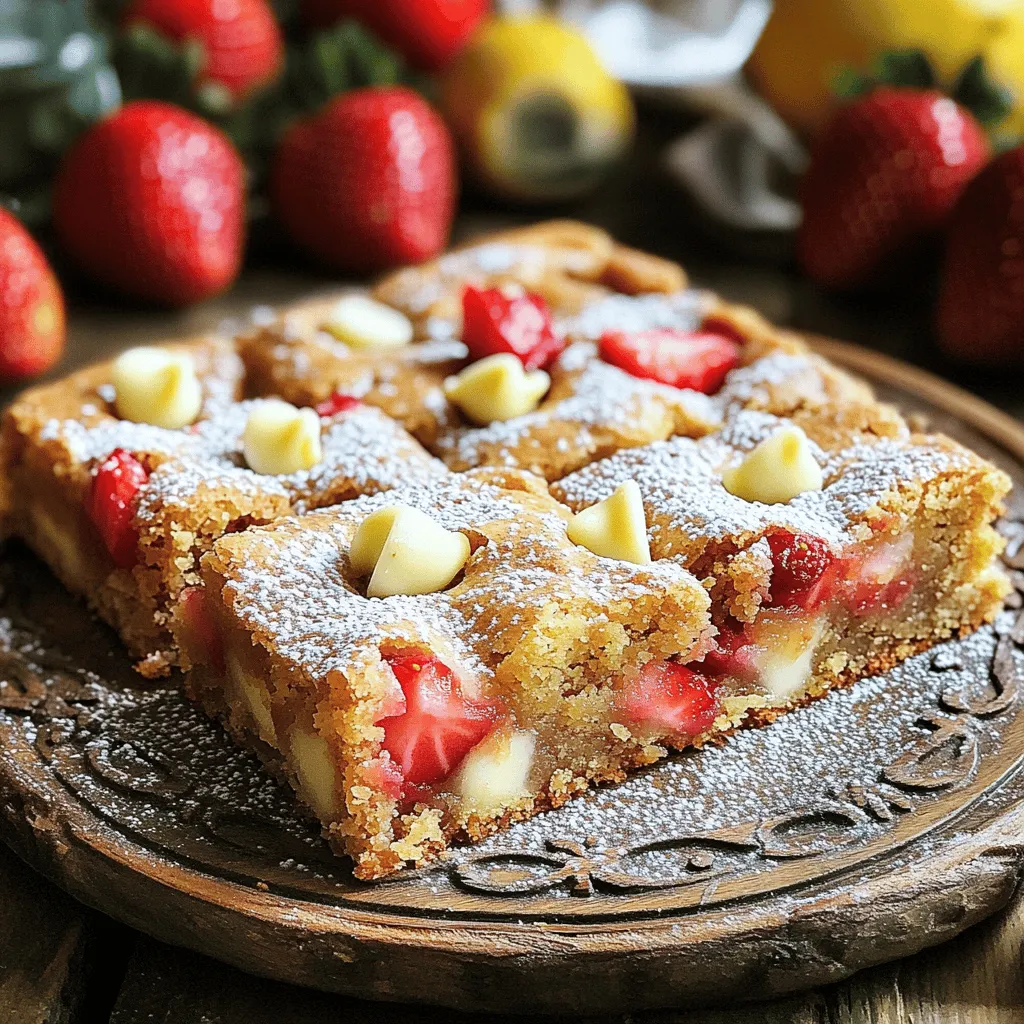 To make delicious strawberry lemon blondies, you need a few key ingredients: - 1 cup unsalted butter, melted - 1 ½ cups brown sugar, tightly packed - 2 large eggs, at room temperature - 2 teaspoons pure vanilla extract - 2 cups all-purpose flour - ½ teaspoon baking powder - ½ teaspoon baking soda - ½ teaspoon fine sea salt - Zest of 1 lemon - 1 tablespoon fresh lemon juice - 1 cup fresh strawberries, hulled and diced - ½ cup white chocolate chips (optional) These ingredients create a moist and flavorful treat. The butter adds richness, while the brown sugar provides a lovely caramel note. The fresh strawberries and lemon give it a bright and refreshing taste. You can customize your blondies with some fun add-ins. Try adding: - Chopped nuts like walnuts or pecans for crunch. - A pinch of cinnamon for warmth. - Different fruits like blueberries or raspberries. If you need to make substitutions, here are some ideas: - Use coconut oil instead of butter for a dairy-free option. - Swap out all-purpose flour for almond flour for a gluten-free version. - Replace white chocolate chips with dark chocolate for a richer flavor. These options help you make the recipe your own while keeping it simple and tasty. Accurate measuring is key for great blondies. Here are some tips: - Use a kitchen scale for precise measurements. - When measuring flour, spoon it into the cup and level it off with a knife. - Tightly pack brown sugar to ensure it's not too loose in the mix. By measuring correctly, you help your blondies turn out perfectly every time. For the full recipe, check out the complete details above and get ready to bake! Start by preheating your oven to 350°F (175°C). Take a 9x9 inch baking pan and grease it lightly. You can also use parchment paper. If you use parchment, leave some hanging over the sides. This helps you lift the blondies out later. In a large mixing bowl, add the melted butter and brown sugar. Use a whisk to mix them well. Make sure the mixture is smooth. Then add the eggs, one at a time. Whisk after each one. Finally, add the vanilla extract and mix until it’s all blended. In a separate bowl, whisk together the flour, baking powder, baking soda, and salt. This is your dry mix. Gradually add this dry mix to the wet mixture. Use a spatula to fold them together gently. Be careful not to overmix. This keeps your blondies light and fluffy. Now it’s time to add some brightness! Gently fold in the lemon zest and lemon juice. Then add the diced strawberries. If you want, you can also add white chocolate chips. Make sure everything is evenly mixed. Pour the batter into the prepared pan. Smooth the top with a spatula. Place the pan in the oven and bake for 25-30 minutes. To check if they are done, insert a toothpick into the center. It should come out with a few moist crumbs, not wet batter. Once done, let them cool for about 10 minutes in the pan. Use the parchment to lift them out and cool completely on a wire rack. To get the best texture in your blondies, mix the wet and dry ingredients gently. Overmixing can make them tough. When you fold in the strawberries and lemon, do it slowly. This keeps the batter light. Be sure to bake until a toothpick shows a few moist crumbs. This means they are perfectly cooked! One big mistake is using cold eggs. Always use room temperature eggs for better mixing. Another common error is skipping the parchment paper. It helps you remove the blondies easily. Finally, don’t skip checking doneness early. Ovens can vary, and you don’t want overcooked blondies. After baking, let the blondies cool in the pan for 10 minutes. This helps them set. Use the parchment paper to lift them out gently. Place them on a wire rack to cool completely. For cutting, use a sharp knife. This gives you clean squares. If you want, dust with powdered sugar for a pretty touch. For the full recipe, check the section above. {{image_4}} You can swap strawberries for many fruits. Raspberries add a nice tartness. Blueberries work well too, giving a sweet burst. Peaches can add a juicy touch. If you want something tropical, try mango. Just remember to adjust the amount based on the fruit's moisture. To make these blondies gluten-free, use almond or coconut flour. You can also try a gluten-free blend. For a dairy-free option, replace butter with coconut oil or vegan butter. Use dairy-free chocolate chips if you want that extra sweetness. Get creative with flavors! A splash of almond extract can add depth. You could also try adding cardamom for a warm spice. Want something more citrusy? Use lime juice and zest instead of lemon. Each swap can give your blondies a new taste. Feel free to explore the full recipe for all the details! To keep your strawberry lemon blondies fresh, store them in an airtight container. Make sure they cool completely first. This prevents them from becoming soggy. You can keep them at room temperature for up to three days. If you want them to last longer, refrigerate them. They will stay good in the fridge for about a week. Just remember to let them come to room temperature before serving. Freezing is a great option if you want to save some blondies for later. To freeze them, first cut the blondies into squares. Wrap each square tightly in plastic wrap. Then, place them in a freezer-safe bag or container. They can stay in the freezer for up to three months. When you are ready to eat them, just take out the number you want. Let them thaw in the fridge overnight or at room temperature for a few hours. Reheating your blondies is easy and quick. You can use the microwave for this. Place a square on a microwave-safe plate. Heat it for about 10-15 seconds. Check to see if it is warm enough. If not, heat in additional 5-second bursts. You can also reheat them in the oven. Preheat the oven to 350°F (175°C). Place the blondies on a baking sheet and warm them for about 5-10 minutes. This helps bring back their soft texture. Enjoy your delicious treat! Strawberry Lemon Blondies last about 3 to 5 days when stored right. Keep them in an airtight container. This helps keep them fresh and moist. If you want to enjoy them longer, consider freezing them. Yes, you can make these blondies ahead of time. They taste great even after a day or two. Just let them cool completely before storing. This way, the flavors can meld beautifully. These blondies pair well with many treats. Here are some great options: - Vanilla ice cream - Fresh whipped cream - A cup of tea or coffee - Lemonade for a refreshing drink These pairings enhance the bright flavors of the blondies. Yes, you can use frozen strawberries. Just make sure to thaw and drain them first. This helps remove extra moisture. Chopped, they work well in the batter, adding that fruity goodness. In this post, we explored ingredients, baking steps, tips, and variations for Strawberry Lemon Blondies. We discussed how to measure, mix, and bake them perfectly. I shared ways to avoid common mistakes and suggested storing and reheating tips. These blondies are a delightful treat, whether for a special event or a simple snack. You can customize them to suit your taste or dietary needs. Enjoy creating your own version of this sweet treat!