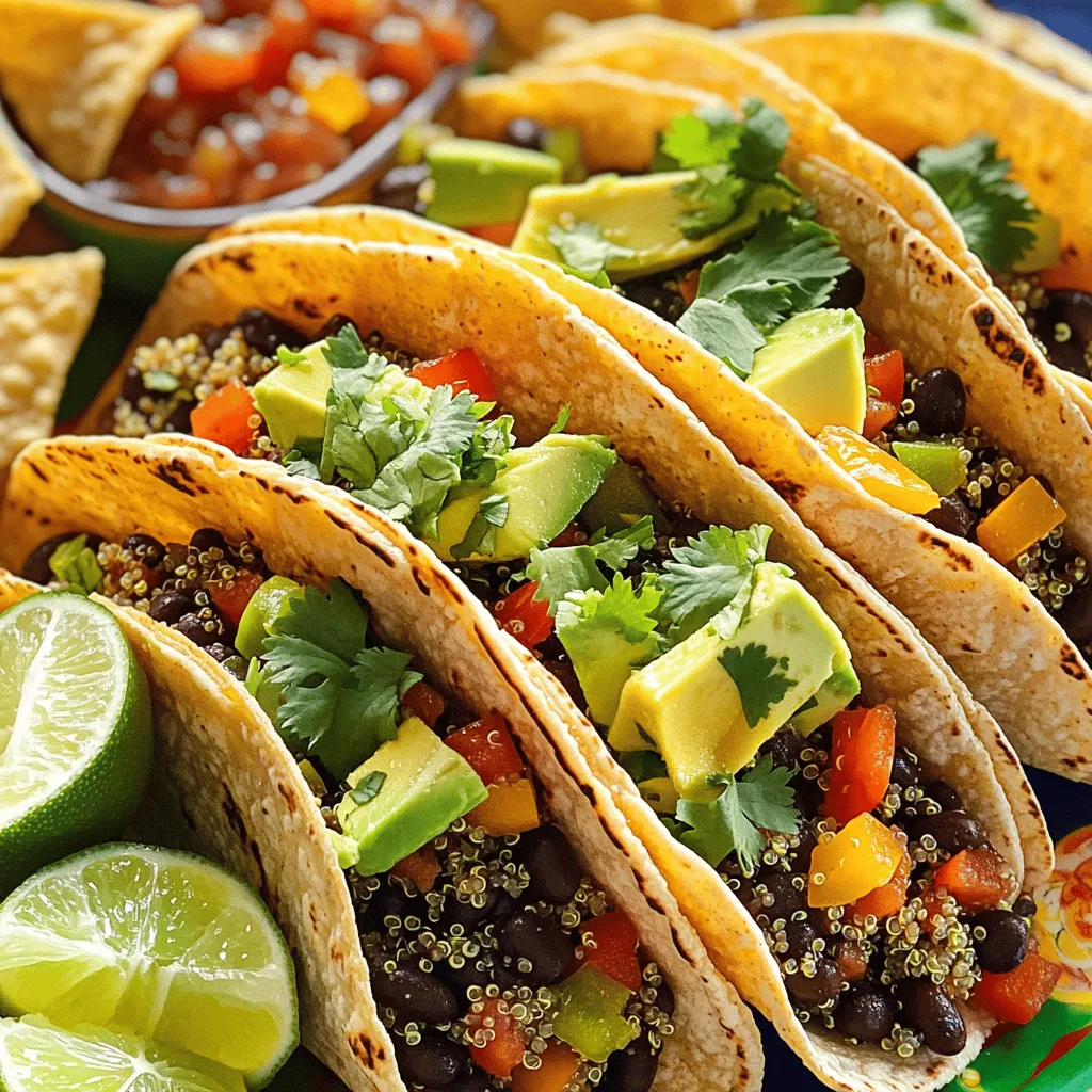 To make Spicy Black Bean Quinoa Tacos, gather these fresh ingredients: - 1 cup quinoa, thoroughly rinsed - 2 cups vegetable broth - 1 can (15 oz) black beans, rinsed and drained - 1 bell pepper (any color), diced into bite-sized pieces - 1 small red onion, finely diced - 2 cloves garlic, minced - 1 teaspoon ground cumin - 1 teaspoon smoked paprika - 1/2 teaspoon cayenne pepper (or adjust to your heat preference) - 1 tablespoon extra-virgin olive oil - Sea salt and freshly ground black pepper to taste - 8 small corn tortillas - Toppings: diced avocado, freshly chopped cilantro, lime wedges, and your favorite salsa Feel free to elevate your tacos with these tasty garnishes: - Sliced jalapeños for extra heat - Shredded lettuce for added crunch - Crumbled feta cheese for a creamy touch - Sour cream or Greek yogurt for richness If you want to switch things up, consider these substitutions: - Replace quinoa with brown rice or farro for a different grain. - Use pinto beans or kidney beans in place of black beans. - Swap bell pepper for zucchini or corn for a unique flavor. - Try different herbs like parsley or chives instead of cilantro. These ingredients will ensure your Spicy Black Bean Quinoa Tacos shine. For the complete recipe, check [Full Recipe]. Enjoy crafting this delightful dish! To start, rinse 1 cup of quinoa under cold water. This removes any bitterness. In a medium saucepan, mix the rinsed quinoa with 2 cups of vegetable broth. Bring it to a boil on high heat. Once it’s boiling, lower the heat and cover it. Let it simmer for about 15 minutes. The quinoa will absorb the broth and become fluffy. After cooking, fluff it gently with a fork and set it aside. While the quinoa cooks, heat 1 tablespoon of extra-virgin olive oil in a skillet over medium heat. Add the diced red onion and bell pepper. Sauté them for about 5 minutes. You want them to become tender and aromatic. Next, add 2 cloves of minced garlic, 1 teaspoon of ground cumin, 1 teaspoon of smoked paprika, and 1/2 teaspoon of cayenne pepper. Stir for 1 minute. This will bring out the spice flavors. Now, gently fold in the black beans. Use one 15 oz can of black beans, rinsed and drained. Cook for another 5 minutes, letting the beans warm up. After this, take a large bowl and combine the fluffy quinoa with the sautéed vegetable and bean mix. Stir gently so the flavors blend well together. To warm the corn tortillas, place them in a dry skillet over low heat. Heat each tortilla for about 30 seconds on each side. This makes them pliable and slightly toasted. Warm tortillas are key to delicious tacos. Now it’s time to build your tacos! Take a warm tortilla and add a generous scoop of the quinoa-black bean mix in the center. Top it with diced avocado, fresh cilantro, and a squeeze of lime juice. Add your favorite salsa for extra flavor. Each bite will be a burst of taste and texture. For the full recipe, refer to the detailed instructions above. To make perfect quinoa, rinse it well before cooking. This step removes any bitter taste. Use two cups of vegetable broth for one cup of quinoa. This adds flavor and richness. Bring the broth to a boil, then lower the heat. Cover the pot and let it simmer for about 15 minutes. When done, fluff the quinoa with a fork to keep it light and airy. Spices make all the difference in these tacos. Ground cumin adds warmth, while smoked paprika gives a nice depth. If you like heat, cayenne pepper can kick things up. Adjust the amount based on your taste. Sauté the spices with the onion and bell pepper. This helps release the flavors and makes your dish more aromatic. Serve your tacos with fresh toppings for a vibrant meal. Diced avocado adds creaminess, while cilantro brings freshness. A squeeze of lime juice brightens the flavors. You can also serve them with salsa for an extra kick. For a fun twist, pair your tacos with crispy tortilla chips. The contrast in textures makes for a delightful experience. For the full recipe, check out the complete guide. {{image_4}} This recipe is already vegetarian and vegan friendly. It uses black beans and quinoa as the main protein sources. You can add more veggies like corn, zucchini, or mushrooms for extra flavor. These additions keep the meal light and healthy while adding more texture. If you want more protein, consider adding grilled chicken or shrimp. You can also use tofu for a plant-based option. Simply sauté the protein in the same spices as the black beans. This keeps the flavors consistent while boosting nutrition. Feel free to get creative with flavors! Try adding mango or pineapple for a sweet twist. You can also use different spices like chipotle for a smoky kick. Adding fresh herbs like mint or basil can bring a new dimension to your tacos. For a zesty touch, squeeze fresh lime juice over the top. Explore these variations to find your perfect taco! For the full recipe, check out the Zesty Spicy Black Bean Quinoa Tacos. You can store leftover Spicy Black Bean Quinoa Tacos in the fridge. Place them in an airtight container. They stay fresh for about 3 to 4 days. If you keep the toppings separate, they will last longer. Just remember to eat them before they spoil! If you want to save them for later, freezing is a great option. Pack the quinoa and black bean mix in a freezer-safe container. You can freeze them for up to 3 months. Just make sure to label the container with the date. This way, you won’t forget when you made them! To reheat, take the frozen mix out a day before and let it thaw in the fridge. When ready, heat it on the stove over medium heat. Stir often until warm. You can also use a microwave, but be sure to cover the dish to keep it moist. Warm the tortillas fresh for the best taste and texture. Enjoy your tasty tacos again! To make your tacos spicier, add more cayenne pepper. You can also use fresh jalapeños or serrano peppers. For a kick, try hot sauce. Adjust the spice to your taste. Yes, you can use any bean you like. Pinto beans or kidney beans work well too. Chickpeas also add a nice twist. Just remember to rinse and drain them. You can use various toppings to enhance your tacos. Here are some ideas: - Diced avocado - Chopped cilantro - Fresh lime wedges - Your favorite salsa - Shredded cheese (if not vegan) - Sour cream or yogurt (if not vegan) Yes, these tacos are gluten-free. Use corn tortillas, which are naturally gluten-free. Always check the package to ensure they are certified gluten-free. Enjoy these tasty tacos worry-free! For the full recipe, check out the details above. In this blog post, we explored how to make Spicy Black Bean Quinoa Tacos. We covered the ingredients needed, optional garnishes, and substitutions. You learned the step-by-step instructions for cooking quinoa and sautéing veggies. We shared tips for better flavor and serving ideas. You also discovered variations for different diets and how to store leftovers. These tacos are easy, tasty, and fun to make. I hope you enjoy them and try your own twists!