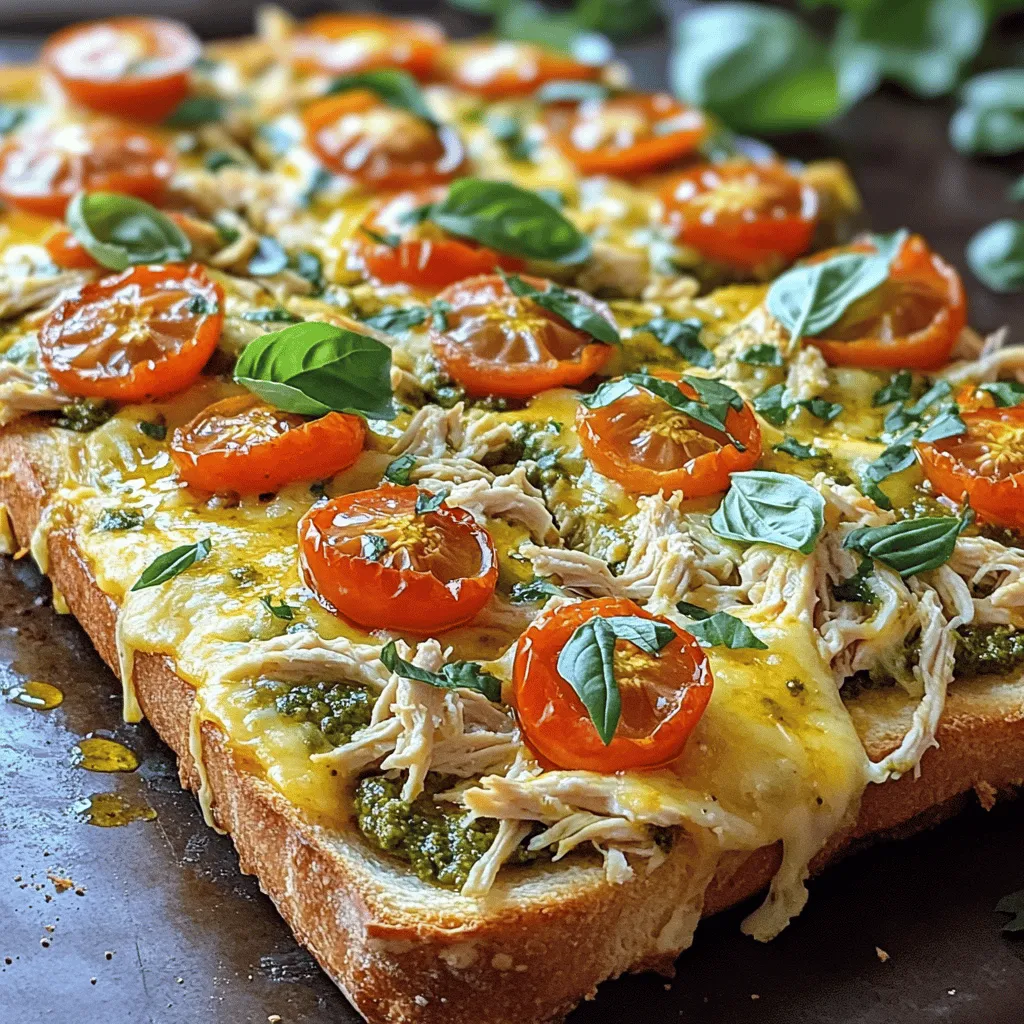 - 1 large French bread loaf - 1 cup cooked chicken breast, shredded - 1/2 cup basil pesto - 1 cup mozzarella cheese, shredded - 1/2 cup cherry tomatoes, halved - 1/4 cup Parmesan cheese, grated - 2 tablespoons olive oil - 1 teaspoon garlic powder - Fresh basil leaves, for garnish - Salt and pepper, to taste In this recipe, the main ingredients set the stage for a tasty dish. The French bread loaf acts as the base, providing a soft and crispy crust. You can use any cooked chicken you like. Shredded chicken breast works well for this pizza. Use store-bought or homemade basil pesto for a bright flavor. The mozzarella cheese melts nicely, adding creaminess. Cherry tomatoes give a sweet burst in each bite. Adding Parmesan cheese on top gives a salty kick. For seasoning, olive oil adds richness, while garlic powder brings depth. Fresh basil leaves add a lovely touch at the end. Don’t forget salt and pepper to make all the flavors pop. By using these ingredients, you create a delightful pizza that is easy to make. For the full recipe, check out the details above. Enjoy this savory dinner delight! - Preheat your oven to 375°F (190°C). This step gets your oven ready for baking. - Prepare the French bread loaf by slicing it in half lengthwise. Place the halves on a baking sheet with the cut sides facing up. - Season the bread by brushing the cut sides with olive oil. Then, sprinkle garlic powder, salt, and pepper on both halves. This adds great flavor. - Add basil pesto on top of each half. Spread it evenly to cover the bread well. - Distribute the seasoned chicken over the pesto. Make sure to spread it out for even bites. - Top with halved cherry tomatoes. They will add a sweet touch and color. - Cheese it up! Sprinkle shredded mozzarella and grated Parmesan cheese over the entire pizza. This makes it extra cheesy and delicious. - Bake in the oven for 15-20 minutes. Keep an eye on it until the cheese melts and turns golden brown. - Cool for a few minutes after baking. This helps the pizza set and makes slicing easier. - Slice the French bread pizza into portions. Garnish with fresh basil leaves for a nice finish. Serve warm to enjoy the tasty flavors. For the full recipe, check out the details provided above. - Ensure even distribution of toppings: This step is key for a balanced taste. Spread the chicken, cheese, and tomatoes evenly over the bread. This way, every bite bursts with flavor. - Use fresh ingredients for optimum flavor: Fresh basil, ripe tomatoes, and high-quality pesto make a huge difference. Fresh ingredients enhance the taste and look of your pizza. - Suggested spices to add more depth: Try adding red pepper flakes for a bit of heat. A dash of oregano or Italian seasoning can boost the flavor profile too. Just sprinkle them lightly before baking. - Ideal sides to serve with the pizza: A crisp green salad pairs well with this pizza. You can also serve it with a side of garlic bread for a delicious treat. - Perfect pairings for drinks and sides: A chilled lemonade complements this pizza perfectly. For adults, a light white wine can enhance the meal's flavors too. - Creative ways to present the dish: Slice the pizza into small pieces and serve it on a wooden board. Garnish with fresh basil leaves for a pop of color. This makes for a beautiful and inviting presentation. For the full recipe, check out the Pesto Chicken French Bread Pizza. {{image_4}} You can easily switch up the protein in your pesto chicken French bread pizza. Try turkey instead of chicken for a leaner choice. If you prefer a plant-based option, tofu works well too. For a quick meal, use shredded rotisserie chicken. It saves time and still tastes great. If you want a meat-free pizza, this dish can shine without chicken. Load it up with extra veggies for flavor and nutrients. Bell peppers, spinach, or mushrooms can add great taste and texture. You can easily make it a colorful feast. Don't feel limited to basil pesto. Explore other types of pesto like sun-dried tomato or arugula. You could also swap pesto for tomato sauce for a different flavor profile. This change can create a new twist on your pizza, making it uniquely yours. To store your leftovers, let the pizza cool first. Place slices in an airtight container. You can keep it in the fridge for up to three days. When you're ready to eat, preheat your oven to 375°F (190°C). Reheat the pizza for about 10-15 minutes. This helps to keep the cheese melty and the bread crispy. You can freeze both unbaked and baked pizza. To freeze unbaked pizza, wrap it tightly in plastic wrap, then foil. This keeps the air out. For baked pizza, let it cool completely. Cut it into slices, then place in a freezer bag. Be sure to remove as much air as possible. This way, it will stay fresh. In the fridge, leftover pizza lasts about three days. In the freezer, it can last up to three months. Always check for signs of spoilage. If you see mold or an off smell, it’s best to toss it out. Enjoy your Pesto Chicken French Bread Pizza fresh, but if you have leftovers, you now know how to store them! To make homemade pesto, use fresh basil, garlic, pine nuts, and olive oil. Combine these in a food processor. You can also add Parmesan cheese for more flavor. Blend until smooth. If you want a nut-free version, try sun-dried tomatoes instead. Homemade pesto tastes fresh and bright. Store it in the fridge for up to a week. Yes, you can prepare this pizza ahead of time. Slice the bread and add pesto, chicken, and toppings. Wrap it in plastic wrap. Store it in the fridge for up to 24 hours. When ready, bake it straight from the fridge. Just add a few extra minutes to the baking time. This way, you save time during dinner. You can use various bread types for this pizza. Ciabatta or Italian bread works well. If you want a gluten-free option, try gluten-free bread or tortillas. Just ensure the bread is sturdy enough to hold the toppings. Each option adds its own unique flavor and texture to the pizza. Absolutely! Feel free to customize your pizza. You can add vegetables like bell peppers, spinach, or olives. Try different cheeses, like goat cheese or feta. You can even use different proteins, like turkey or shrimp. The options are endless, so let your creativity shine. Each addition makes your pizza unique and delicious. For the full recipe, check out the detailed instructions above! This blog post shows you how to make a tasty Pesto Chicken French Bread Pizza. We covered the main ingredients, preparation steps, and baking tips. You learned how to add variety with proteins and sauces, and I gave you useful storage advice. Now, enjoy your pizza fresh out of the oven or save leftovers for later. Remember, cooking should be fun and creative, so don’t hesitate to experiment with toppings. Enjoy your delicious creation!