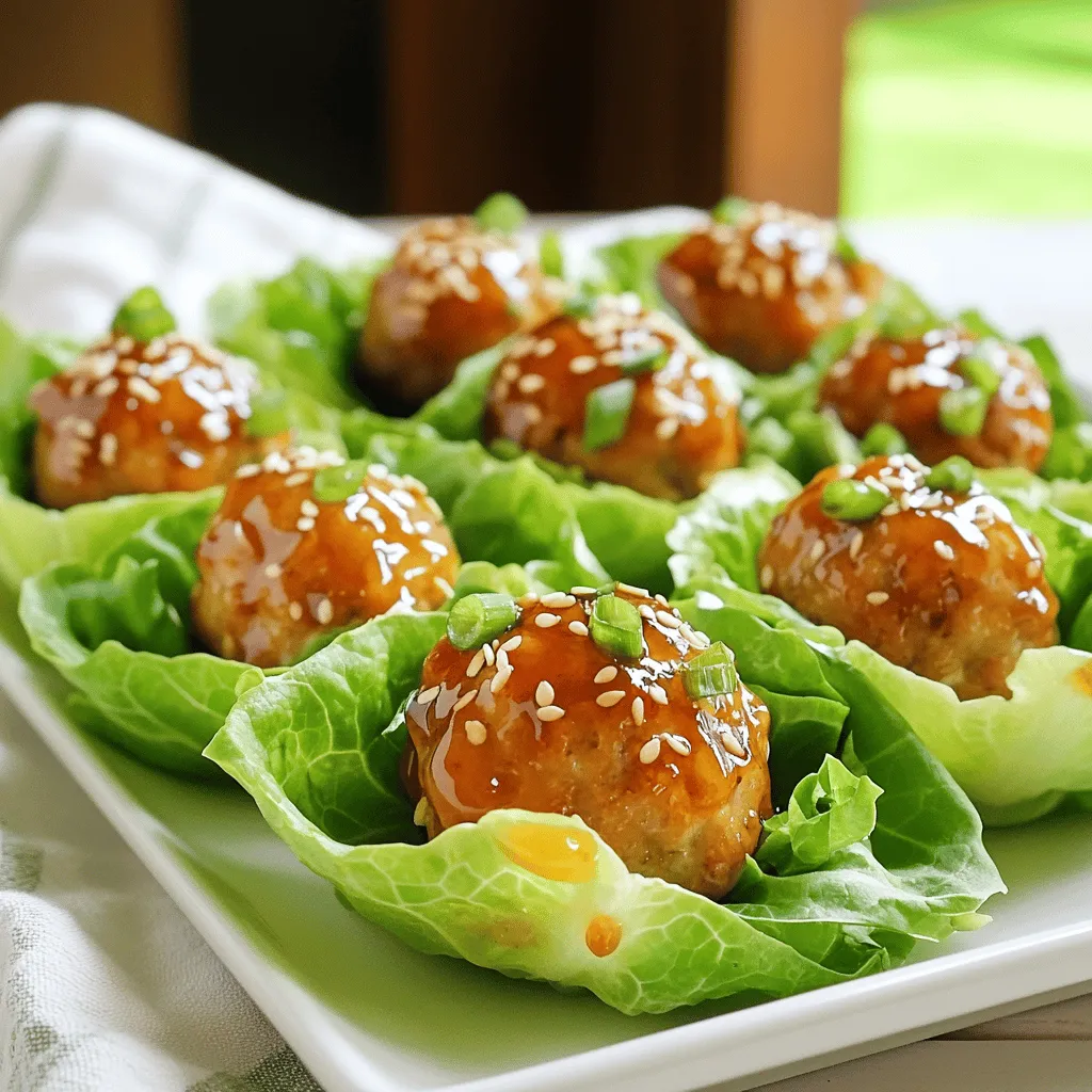For a tasty dish, you need the right ingredients. Here’s what you will use: - 1 lb ground chicken (or turkey) - 1/4 cup breadcrumbs - 1/4 cup green onions, finely chopped (plus extra for garnish) - 1 tablespoon fresh ginger, minced - 2 cloves garlic, minced - 1 tablespoon soy sauce - 1 tablespoon sesame oil - 1 tablespoon honey (plus more for drizzling) These main ingredients bring flavor and texture to the meatballs. The ground chicken or turkey keeps the meatballs light. Breadcrumbs help bind the mix, while green onions add a fresh bite. Ginger and garlic give warmth and depth. Soy sauce and sesame oil create that classic Asian flavor. Honey adds a touch of sweetness, making the dish sticky and delicious. - 1/4 teaspoon freshly cracked black pepper - 1/4 teaspoon red pepper flakes (optional, for added heat) - 1 head of butter lettuce (or iceberg lettuce), leaves carefully separated - Sesame seeds, for garnish Black pepper adds a simple spice, and red pepper flakes give a kick if you like heat. The butter lettuce creates a perfect cup for the meatballs, while sesame seeds add crunch and visual appeal. Use this list to ensure you have everything for your Sticky Asian Meatball Lettuce Cups. For the complete recipe, check the [Full Recipe]. Start by gathering all your ingredients in a large mixing bowl. You need ground chicken, breadcrumbs, green onions, ginger, garlic, soy sauce, sesame oil, honey, black pepper, and red pepper flakes. Mix them gently with your hands until everything combines well. Be careful not to overwork the mixture. This keeps the meatballs tender and juicy. Next, preheat your oven to 400°F (200°C). While the oven heats, line a baking sheet with parchment paper. This helps prevent sticking. Shape the meatball mixture into small balls, about 1 inch wide. Place them evenly on the baking sheet, giving them space for even cooking. Bake for 15-20 minutes until they turn golden brown and reach an internal temp of 165°F (74°C). While the meatballs bake, rinse the lettuce leaves under cool water. Pat them dry carefully with a clean towel. Once the meatballs are done, let them cool for a few minutes. To assemble, take a lettuce leaf and place a few meatballs in the center. Drizzle them with honey or soy sauce to add extra flavor. Finish your dish by sprinkling sesame seeds and extra chopped green onions on top. This adds a nice crunch and brightens the dish. For a lovely presentation, arrange the filled lettuce cups on a colorful platter. You might add thin slices of cucumber or radish beside the cups for extra color and crunch. Enjoy your delightful creation! For the full recipe, refer to the earlier section. To keep your meatballs tender, do not overmix the ingredients. Mix just until combined. Overworking the mixture makes meatballs tough. When shaping them, aim for small, even balls about one inch wide. Baking your meatballs at the right temperature is key. Preheat your oven to 400°F (200°C). This ensures they cook evenly and turn golden brown outside. Want to spice things up? Add a bit of sriracha or chili paste to the mix. For sweetness, drizzle more honey on top after baking. You can also serve these meatballs with hoisin sauce or a spicy peanut sauce for extra flavor. Presentation matters! Arrange the lettuce cups neatly on a colorful platter. This makes the dish inviting. Garnish with extra sesame seeds and green onions for a fresh look. You might also add thin slices of cucumber or radishes. They add crunch and color, making your meal even more appealing. For the best experience, serve these cups right away. Enjoy the fresh and vibrant flavors! {{image_4}} You can switch the ground chicken for ground beef or pork. Each meat brings its own flavor. If you want a plant-based option, use lentils or mushrooms. These options keep the dish fresh and fun. While butter lettuce is great, you can try other leafy greens. Romaine or even kale works well. You can also serve the meatballs in taco shells or small spoons. This adds a playful twist to your meal. Feel free to change up the spices and sauces. You can add more ginger or use sweet chili sauce for a kick. Mixing in seasonal vegetables like bell peppers or carrots adds color and crunch. For more details on the main recipe, check the Full Recipe. To keep your sticky Asian meatballs fresh, use airtight containers. Glass or plastic containers work well. Make sure they are sealed tightly to avoid moisture loss. In the refrigerator, your leftovers will last for about 3 to 4 days. When it’s time to enjoy your leftovers, avoid drying them out. The best way to reheat is in the oven or on the stove. Preheat the oven to 350°F (175°C) and place them on a baking sheet for about 10 minutes. If using the stove, add a splash of water or broth to a pan. Cover it, and heat on low until warm. After reheating, serve in fresh lettuce cups for a crisp bite. You can freeze these meatballs easily. For uncooked meatballs, shape them first, then place on a baking sheet. Freeze them until firm, then transfer to a freezer bag. For cooked meatballs, let them cool before placing them in a container. They can last in the freezer for up to 3 months. To thaw, place in the fridge overnight or use the microwave for a quick thaw. To make sticky Asian meatballs, follow these basic steps: - Mix the ingredients: In a bowl, combine ground chicken, breadcrumbs, green onions, ginger, garlic, soy sauce, sesame oil, honey, black pepper, and red pepper flakes. - Shape the meatballs: Use your hands to form small meatballs, about 1 inch wide. - Bake: Place the meatballs on a parchment-lined baking sheet and bake at 400°F for 15-20 minutes. - Assemble: Serve the meatballs in butter lettuce leaves and drizzle with honey or soy sauce. This method keeps the meatballs soft and flavorful, perfect for a fun meal. If you want alternatives for ground chicken, here are some options: - Ground turkey: This is a leaner choice with a similar taste. - Ground beef: Offers a richer flavor and works well in this recipe. - Ground pork: Provides a juicy texture and pairs nicely with Asian flavors. - Plant-based meat: Great for vegans and vegetarians, use brands like Beyond Meat. Each option brings its unique taste and can fit different diets. Yes, you can prepare this recipe ahead of time. Here are some tips: - Make the meatballs: Prepare and bake the meatballs. Let them cool completely before storing. - Store: Use airtight containers to keep meatballs fresh in the fridge for up to 3 days. - Assemble later: Keep the lettuce leaves separate until you are ready to eat. This way, you can enjoy fresh lettuce cups with minimal effort. For the full recipe, check out the Sticky Asian Meatball Lettuce Cups. You can create delicious Sticky Asian Meatball Lettuce Cups with simple, fresh ingredients. We discussed making the meatballs, shaping them, and garnishing. Storing leftovers keeps the taste intact, and your cooking is flexible with different meats or spices. In the end, enjoy experimenting with flavors and presentations. Cooking should be fun and satisfying. So, grab your ingredients and start creating a tasty dish today!