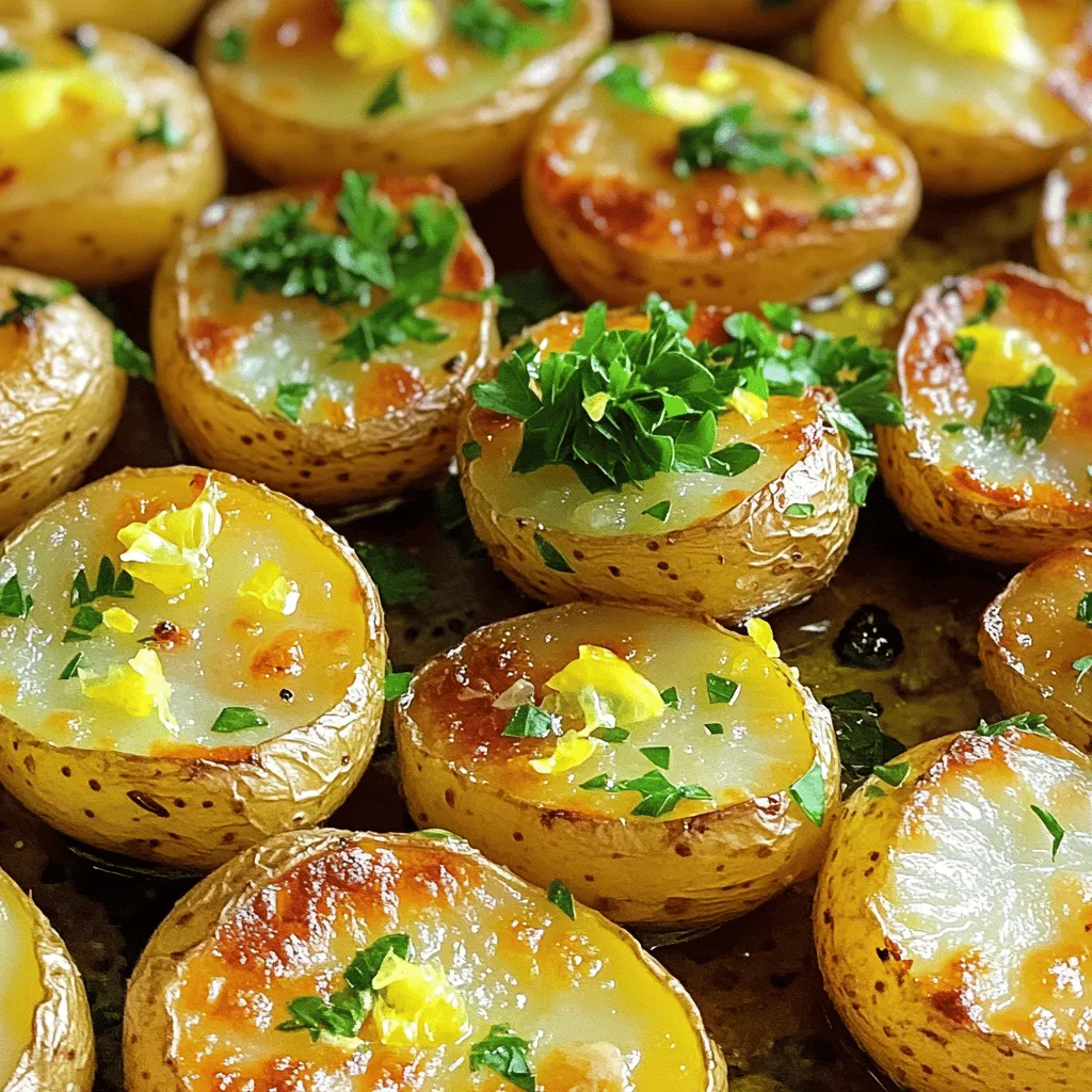 - Baby potatoes - Garlic - Extra virgin olive oil - Lemon (juice and zest) - Dried oregano - Smoked paprika - Salt and pepper - Fresh parsley for garnish Fresh ingredients make a big difference in flavor. Using fresh garlic adds a strong taste. Fresh lemon juice brightens the dish. Quality baby potatoes ensure a tender bite. You can choose organic ingredients for better taste and health. Organic options often have no pesticides. They can be more flavorful and nutritious. Conventional ingredients work too if organic is not available. Just make sure they are fresh. A good mix of quality will give you the best Lemon Garlic Roasted Potatoes. Start by preheating your oven to 425°F (220°C). This temperature helps the potatoes get crispy. While the oven heats, prepare a large baking sheet. Line it with parchment paper. This step makes cleanup easy. It prevents the potatoes from sticking and saves you time. In a big mixing bowl, add the halved baby potatoes and minced garlic. Pour in the olive oil, lemon juice, and zest. Stir well to coat all the potatoes. This helps the flavors stick to each potato. Next, sprinkle in the dried oregano, smoked paprika, salt, and pepper. Toss the mixture again, ensuring each piece is seasoned. When you place the potatoes on the baking sheet, spread them out. Leave space between each piece. This allows hot air to flow around them. It helps them roast evenly. After 15 minutes, flip the potatoes. This step ensures they cook on all sides. Roast for 25-30 minutes until they are golden brown and crispy. Try this simple yet delicious recipe for Lemon Garlic Roasted Potatoes. For the complete instructions, check out the [Full Recipe]. To get that crispy texture, follow these tips: - Cut potatoes into equal sizes to cook evenly. - Use small baby potatoes for the best results. - Spread the potatoes out in a single layer on the baking sheet. - Leave space between each potato for hot air to circulate. The ideal roasting temperature is 425°F (220°C). This high heat helps the potatoes brown nicely. Check them halfway through cooking and flip them for even browning. To boost the flavor, consider adding fresh herbs like rosemary or thyme. These add a nice twist to the lemon and garlic. You can also try spices like cumin or chili powder for a kick. Different types of potatoes can change the taste and texture. Yukon Golds are creamy and buttery. Russets are fluffy and crisp. Experiment with other varieties to find your favorite! For the full recipe, check out the detailed instructions above. {{image_4}} You can change the flavor of your lemon garlic roasted potatoes using fresh herbs. Rosemary and thyme work well. Just chop them and mix them in with the other ingredients. They add a nice touch and a fresh taste. You can also try using citrus other than lemon. Lime or orange juice can give a new twist to the dish. This small change can make your meal feel new and exciting. These roasted potatoes pair nicely with many proteins. Serve them alongside grilled chicken or fish for a lovely dinner. They also go well with roasted meats like beef or pork. If you want a meat-free option, enjoy them with a hearty salad or a veggie stir-fry. You can make this dish fit any meal plan. It’s tasty and flexible for everyone’s taste. For more details on how to prepare these potatoes, check the Full Recipe. After enjoying your lemon garlic roasted potatoes, store leftovers in a good way. Place them in an airtight container. Keep the container in the fridge. They will stay fresh for up to three days. When you want to eat them again, reheat them in the oven. Set the oven to 350°F (175°C). Bake the potatoes for about 10 to 15 minutes. This way, they stay crispy and tasty. Can you freeze lemon garlic roasted potatoes? Yes, you can freeze them! First, let the potatoes cool completely. Then, place them in a freezer-safe bag. Remove as much air as you can before sealing. They can last for about two months in the freezer. How to thaw and reheat? When you're ready to eat, take the bag out of the freezer. Place it in the fridge for a few hours or overnight to thaw. After thawing, reheat the potatoes in the oven at 350°F (175°C) for 15 to 20 minutes. They will taste almost as good as fresh! What's the best potato for roasting? The best potatoes for roasting are baby potatoes or Yukon Golds. They have a creamy texture and great flavor. Their skin crisps up nicely, making them perfect for roasting. Can I make these potatoes ahead of time? Yes, you can prepare the potatoes ahead. Cut and season them, then store in the fridge. Just roast them when you're ready to eat. This saves time and makes meal prep easy. How do I make roasted potatoes crispy? To achieve crispy potatoes, use high heat and space them out on the baking sheet. Make sure they are coated well with oil. Flipping them halfway through helps create that perfect crunch. What can I serve with lemon garlic roasted potatoes? These potatoes pair well with grilled chicken, steak, or fish. They also go great with salads or roasted veggies. Their zesty flavor complements many dishes. How to prevent potatoes from sticking to the baking sheet? To avoid sticking, use parchment paper or a non-stick baking sheet. Make sure to coat the potatoes with oil. This helps them stay crisp and prevents sticking. Caloric content per serving Each serving of lemon garlic roasted potatoes has about 200 calories. This makes them a tasty side without too many calories. Nutritional benefits of the ingredients Potatoes are rich in fiber and vitamins. Garlic boosts your immune system, while olive oil offers healthy fats. Lemon adds vitamin C, making this dish both tasty and nutritious. You learned how to make delicious lemon garlic roasted potatoes. Fresh ingredients are key for great taste. Preheating your oven and using parchment paper make cooking easier. Remember to flip the potatoes for even roasting. Try different herbs to find your favorite flavor. Store leftovers properly for later enjoyment. These potatoes pair well with many dishes, so get creative. By following these simple steps, you can enjoy a tasty side dish that impresses. Happy cooking!