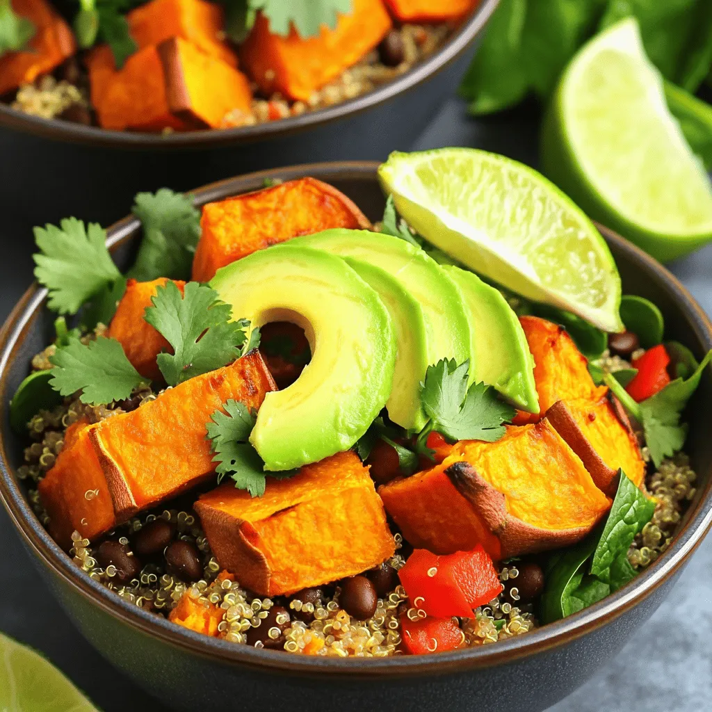 - 2 medium sweet potatoes, peeled and cut into 1-inch cubes - 1 cup quinoa, thoroughly rinsed under cold water - 1 can (15 oz) black beans, drained and rinsed - 1 large red bell pepper, diced into bite-sized pieces - 1 ripe avocado, sliced into wedges - 1 cup fresh baby spinach - 2 tablespoons extra virgin olive oil, divided - 1 teaspoon smoked paprika - 1 teaspoon ground cumin - Sea salt and freshly cracked black pepper, to taste - Fresh cilantro, chopped, for elegant garnish - Lime wedges, for adding zesty flavor at serving I love using sweet potatoes in this recipe. They add a nice sweetness to the dish. The quinoa serves as a great base. It is light and fluffy, giving you a good texture. Black beans add protein and fiber. They help make the meal filling. The red bell pepper brings a crunch and a pop of color. Avocado is a must. It adds creaminess and healthy fats. Fresh baby spinach gives a bright green touch. It also boosts the nutrition. For extra flavor, use olive oil and spices. Smoked paprika and cumin give a warm taste. Sea salt and black pepper help enhance all the flavors. When you prepare your bowls, think about the garnishes. Fresh cilantro is a great choice. It adds freshness and makes the dish look beautiful. Lime wedges add a zesty kick. You can squeeze them over your bowl for extra brightness. This recipe is a complete meal. You get healthy carbs, proteins, and fats all in one bowl. You can find the full recipe [here](#). Enjoy making this dish! 1. Preheat your oven to 425°F (220°C). This step helps the sweet potatoes roast evenly. 2. In a bowl, mix the cubed sweet potatoes with 1 tablespoon of olive oil. Add smoked paprika, ground cumin, sea salt, and black pepper. Toss well to coat. 3. Spread the sweet potatoes on a baking sheet in a single layer. Make sure they don't touch each other. 4. Roast them for 25-30 minutes. Flip them halfway to get a nice, golden brown color. 1. Rinse 1 cup of quinoa under cold water. This removes any bitterness. 2. In a saucepan, add the rinsed quinoa and 2 cups of vegetable broth. Bring it to a boil over medium-high heat. 3. Once boiling, reduce the heat to low. Cover the pan and let it simmer for 15 minutes. 4. After 15 minutes, remove it from the heat and let it sit, covered, for another 5 minutes. Fluff the quinoa with a fork and set it aside. 1. In a large mixing bowl, combine the fluffy quinoa, a can of drained black beans, and diced red bell pepper. 2. Drizzle the remaining tablespoon of olive oil over this mix. Add a dash of sea salt and pepper. Gently toss to combine. 3. To assemble the bowls, create a base with the quinoa mixture. Layer on the roasted sweet potatoes. 4. Add fresh baby spinach and sliced avocado on top. 5. Finish with chopped fresh cilantro and serve with lime wedges for that zesty flavor. For the complete recipe and instructions, check out the Full Recipe. To get the perfect roast on your sweet potatoes, start by cutting them into even 1-inch cubes. This helps them cook at the same rate. Toss them in olive oil and spices to coat well. Spread them out on a baking sheet, ensuring they don't touch. This allows for even roasting and prevents steaming. While the sweet potatoes roast, you can fluff up your quinoa for a light texture. Once it’s cooked, let it sit covered for a few minutes. Then, use a fork to gently fluff it up. This keeps it from becoming mushy and helps each grain stand out. To present your bowls nicely, use deep bowls to layer each ingredient. Start with a base of quinoa, then add the sweet potatoes. Top it off with fresh spinach and avocado slices. For that extra touch, drizzle a bit of olive oil or squeeze fresh lime juice over the top. For toppings, consider adding a sprinkle of chopped cilantro or a few slices of jalapeño for heat. Crumbled feta or a dollop of yogurt can add creaminess. These little extras make the dish burst with flavor and look more inviting. For the full recipe, check out the Roasted Sweet Potato Quinoa Delight. {{image_4}} Vegan adaptations This recipe is already vegan-friendly! You don’t need to change much. The sweet potatoes, quinoa, and black beans make a complete meal. If you want extra protein, add tofu or tempeh. You can also use a vegan yogurt as a topping for creaminess. Gluten-free alternatives Quinoa is naturally gluten-free, making it perfect for those with gluten issues. If you swap black beans for lentils, that’s still gluten-free. Always check labels on packaged ingredients to ensure they're gluten-free. Other beans or grains to use If you want a different flavor, try chickpeas or kidney beans. For grains, you can use farro or bulgur. Each option brings a new taste and texture to your bowl. They all pair well with sweet potatoes. Different vegetables or toppings Feel free to mix in other veggies like roasted zucchini, kale, or corn. For toppings, consider using nuts, seeds, or a dollop of salsa. These swaps can change the dish and keep it exciting. Remember, the sky's the limit with this recipe. Check out the Full Recipe for more ideas. To keep your roasted sweet potato quinoa bowls fresh, follow these tips: - Cool down: Let the bowls cool to room temperature before storing. - Containers: Use airtight containers to prevent moisture loss. - Fridge storage: Place in the refrigerator. They should stay good for 3-5 days. When reheating, keep the texture nice and tasty. Here’s how: - Oven method: Preheat your oven to 350°F (175°C). Spread the bowls on a baking sheet. Heat for about 10-15 minutes until warm. - Microwave method: Use a microwave-safe bowl. Heat for 1-2 minutes. Stir halfway to heat evenly. These methods will help keep your roasted sweet potato quinoa bowls delicious and ready to enjoy again! Can I use frozen sweet potatoes? Yes, you can use frozen sweet potatoes. They are convenient and save time. Just make sure to cook them a bit longer, as they need extra time to roast. How long do leftovers last? Leftovers last about 3 to 4 days in the fridge. Store them in an airtight container. If you want to keep them fresh, eat them sooner rather than later. What are the nutritional benefits of this recipe? This recipe is packed with nutrients. Sweet potatoes are high in fiber and vitamins. Quinoa adds protein and essential amino acids. The beans provide extra fiber and iron, making this bowl healthy and filling. Can I prepare this dish in advance? Yes, you can prepare this dish in advance. Cook the quinoa and roast the sweet potatoes. Store them separately in the fridge. When ready to eat, just combine and enjoy. What can I pair this dish with? You can pair this bowl with grilled chicken or fish for added protein. A side salad also works great. For a vegetarian option, add some feta cheese or nuts for extra flavor and crunch. Roasted sweet potato quinoa bowls are nutritious and easy to make. We covered the main ingredients, like sweet potatoes and quinoa, and discussed how to prepare and combine them. You learned tips for perfect roasting and serving suggestions too. Don't forget the fun part—customizing with your favorite ingredients. These bowls are a healthy choice for any meal. Enjoy experimenting with flavors and variations that fit your taste. Dive in, have fun, and make it your own!