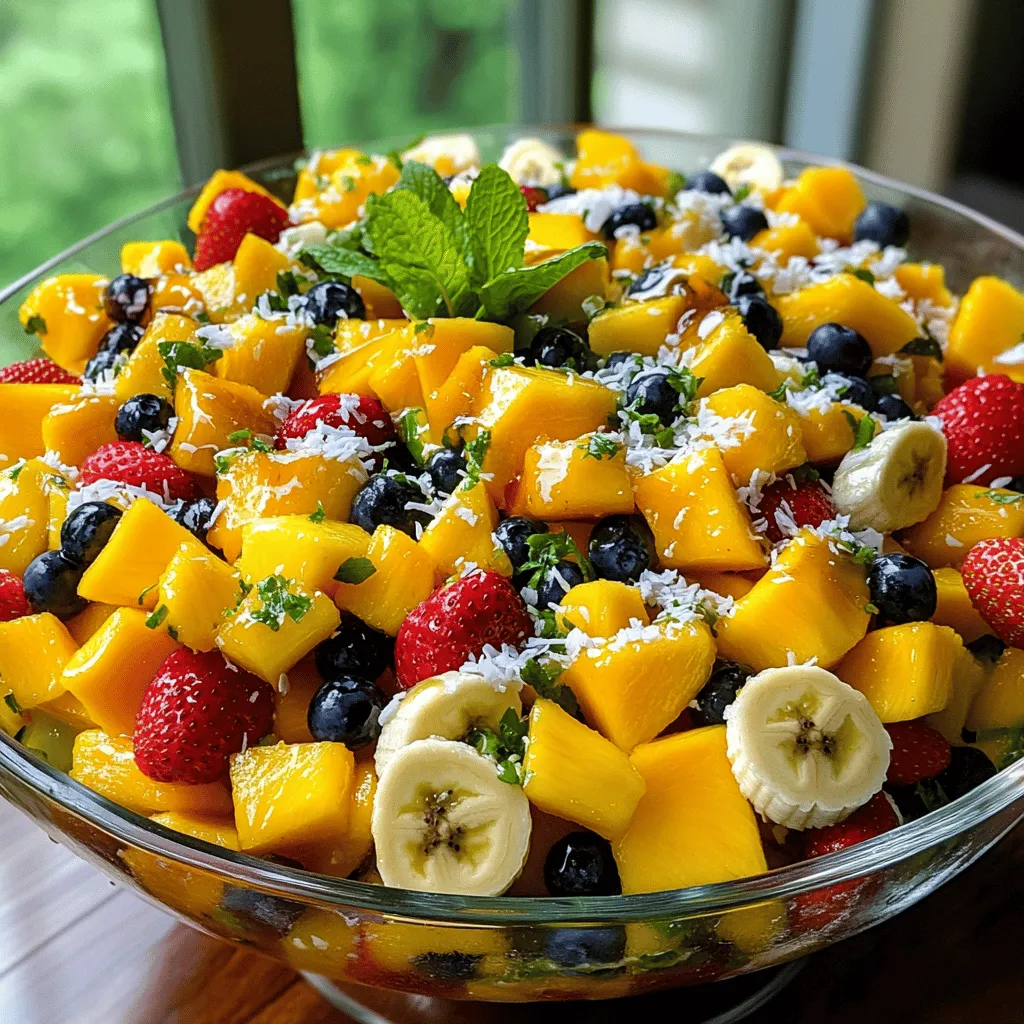 When making a Tropical Fruit Salad, you need fresh fruits and a simple dressing. Here’s what to gather for your delightful dish: - Mango - Pineapple - Papaya - Strawberries - Blueberries - Banana - Shredded coconut These fruits bring a burst of color and flavor. Each fruit adds its unique taste, making the salad exciting. - Lime juice - Honey or agave syrup This dressing enhances the fruit's natural sweetness. The lime juice adds a zesty kick while honey gives a smooth finish. - Fresh mint leaves - Edible flowers Garnishes add a lovely touch and a pop of color. Fresh mint leaves smell great and look pretty, while edible flowers make your salad stand out. Feel free to explore the [Full Recipe] for specific amounts and detailed instructions. Happy cooking! To start, you need to peel and dice the mango, pineapple, and papaya. Use a sharp knife for this. Cut them into bite-sized pieces. This makes them easy to eat. Next, hull the strawberries and cut them in half. Rinse the blueberries under cool water, then drain them well. Finally, slice the banana into even rounds. Uniform pieces make your salad look great. Now it's time to mix the fruits. In a large bowl, combine all the fruit pieces you just prepared. Add the diced mango, pineapple, papaya, halved strawberries, blueberries, and banana. Use a spatula to gently fold the fruits together. This keeps them whole and pretty. Next, you will prepare the lime-honey dressing. In a small bowl, whisk the juice of one lime with two tablespoons of honey. Mix until it’s smooth. Taste the dressing to see if it’s sweet enough for you. If not, add a bit more honey to your liking. Now, drizzle the lime-honey dressing over the fruit. Use a spatula to toss the fruits gently. You want them lightly coated, not mushy. After that, sprinkle half a cup of shredded coconut on top. Gently mix it in to spread the coconut throughout the salad. Let the salad sit for about ten minutes. This helps the flavors mix well. Just before serving, add fresh mint leaves on top for a nice touch. The mint adds color and a fresh taste. Enjoy your Tropical Paradise Fruit Salad! For the complete recipe, check out the Full Recipe. To make your Tropical Fruit Salad even better, adjust the sweetness. You can add more honey or agave syrup if needed. Taste as you mix! You can also swap fruits. Try adding kiwi or passion fruit for a twist. Each fruit brings its own flavor and texture. For a stunning look, choose a large glass bowl or individual cups. This makes the colors pop! You can also add a slice of lime on the rim. Edible flowers can add a fun touch, too. Garnish the salad with fresh mint leaves. This adds both color and a fresh smell. You can serve this salad at many events. It’s great for picnics, barbecues, or birthday parties. The best time to enjoy it is when the fruits are fresh. Serve it soon after you make it for the best taste. The flavors blend well together after about ten minutes. Enjoy the burst of tropical goodness! {{image_4}} You can change the fruit mix to suit your taste. Adding kiwifruit or passion fruit gives a nice twist. Kiwifruit adds a sweet and tangy bite. Passion fruit offers a unique flavor with its seeds and juice. Try mixing in seasonal fruits for freshness. Strawberries are great in summer, while apples warm winter salads. A coconut milk dressing can give your salad a creamy feel. Blend coconut milk with a squeeze of lime for a tropical taste. You can also try using citrus blends. Mix orange juice, lemon juice, and a bit of honey for a bright dressing. This adds a zesty kick that pairs well with the fruits. If you want vegan options, just skip the honey. Use agave syrup or maple syrup instead. For those watching sugar, try a sugar-free sweetener. Many brands offer options that work in dressings. You can enjoy a tasty salad without worrying about sugar content. To store leftovers, place the fruit salad in an airtight container. This helps keep the fruits fresh. You can use glass or plastic containers. Glass keeps the fruit looking nice and is easy to clean. Plastic containers are lightweight and good for travel. Always make sure to press out air before sealing. You can freeze the fruit salad, but some fruits freeze better than others. Cut the fruits into smaller pieces for easier freezing. Spread the fruit in a single layer on a baking sheet first. Once frozen, transfer it to a freezer bag. This helps keep the fruit from clumping together. When you want to eat it, thaw it in the fridge overnight. This keeps the texture nice and helps reduce mushiness. Tropical fruit salad lasts about 2-3 days in the fridge. If you notice any brown spots or a mushy texture, it’s time to toss it. Fresh fruit should smell sweet and look vibrant. If it smells sour or looks dull, do not eat it. Always trust your senses when checking for freshness. Yes, you can prepare it in advance. To keep it fresh and tasty, follow these tips: - Chop fruits the night before. Store them in an airtight container in the fridge. - Add the dressing later. Drizzle lime juice and honey on just before serving. This keeps fruits bright and crisp. - Mix delicate fruits carefully. Fruits like strawberries can break down if mixed too early. You can mix in many fruits for more flavor. Here are some ideas: - Tropical fruits: Kiwifruit, passion fruit, or guava add unique tastes. - Non-tropical fruits: Apples, grapes, or oranges bring a nice twist. Feel free to experiment with what you love! Keeping fruit fresh is easy with a few tips: - Use lime juice. The acid helps stop browning on fruits like bananas and apples. - Store in the fridge. Cold temperatures slow down discoloration. - Keep fruits separate. Mixing them too soon can cause bruising and browning. These steps will help your salad stay bright and beautiful! For the full recipe, check the Tropical Paradise Fruit Salad section above. Tropical Fruit Salad is fresh, bright, and fun to make. We explored ingredients like mango, pineapple, and berries. You learned how to prepare, mix, and serve this delicious dish. Remember to try different fruits and dressings to keep it exciting. Presentation matters, so don’t forget the garnishes. Use the storage tips to keep leftovers fresh. Enjoy this tasty salad at any gathering or just for yourself. You can create your own version and delight in every bite. Happy fruit salad making!