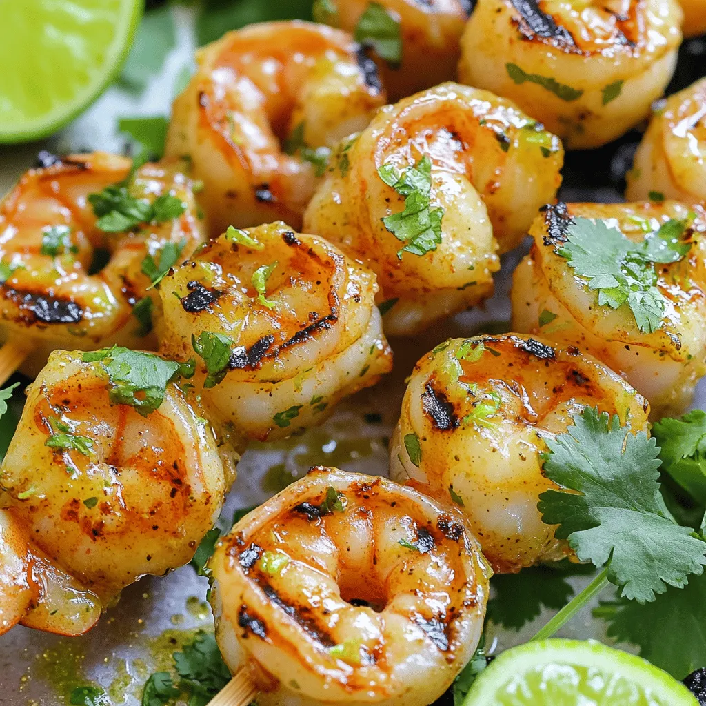 - 1 lb large shrimp, peeled and deveined - 2 tablespoons olive oil - Juice of 2 fresh limes - Zest of 1 lime - 2 cloves garlic, finely minced - 1 teaspoon chili powder - 1/2 teaspoon ground cumin - 1/4 teaspoon smoked paprika - Salt and freshly cracked black pepper to taste The heart of this dish is the shrimp. I love using large shrimp because they hold up well on the grill. They soak up the marinade nicely, giving you that bright and zesty flavor. The olive oil helps the spices stick and keeps the shrimp juicy. Lime juice and zest add a fresh kick, while garlic and spices bring warmth. Each ingredient plays a role in creating a balanced taste. - Fresh cilantro for garnish - Lime wedges for an extra zing Fresh cilantro adds a nice pop of color and flavor. It brightens the dish and makes it look fancy. Lime wedges are a fun way to add more zing when you serve. Just squeeze them over the shrimp right before eating. It enhances the taste and makes each bite exciting. These simple additions make your meal look and taste gourmet. For the full recipe, check the details above. Start by whisking together the marinade. In a medium bowl, mix: - 2 tablespoons olive oil - Juice of 2 fresh limes - Zest of 1 lime - 2 cloves garlic, finely minced - 1 teaspoon chili powder - 1/2 teaspoon ground cumin - 1/4 teaspoon smoked paprika - Salt and freshly cracked black pepper to taste Whisk these ingredients until they blend well. Marinating the shrimp is key to adding flavor. Letting them soak in this mix allows the spices and lime to infuse into the shrimp, making every bite tasty. Preheat your grill to medium-high heat. If you use wooden skewers, soak them in water for at least 15 minutes. This helps prevent burning. Now, carefully thread the marinated shrimp onto the skewers. Leave a small gap between each shrimp. This spacing ensures even cooking and helps achieve those beautiful grill marks. Place the skewers on the grill once it’s ready. Grill the shrimp for about 2-3 minutes per side. You’ll know they’re done when they turn opaque and have nice grill marks. After grilling, let the shrimp sit for a minute. This resting time allows the juices to settle, keeping them juicy and tender. For more details, check the Full Recipe for all steps and tips! To get the best flavor, marinate the shrimp for at least 30 minutes. You can let them soak for up to 2 hours for a stronger taste. If you like it spicy, feel free to add more chili powder. For less heat, reduce the chili powder or even skip it. Taste your marinade before adding the shrimp. Adjust it to suit your mouth. When grilling, you can use wooden or metal skewers. If you choose wooden skewers, soak them in water for 15 minutes. This helps prevent burning. Keep your grill at medium-high heat. This will cook the shrimp evenly and give it nice grill marks. For a fun presentation, arrange the shrimp skewers on a colorful plate. Add lime wedges for extra flair. You can also sprinkle chopped cilantro on top for a pop of color. Pair your shrimp with fresh salads or rice. This adds a great balance to the meal. Want a twist? Try serving the shrimp in tacos or on a bed of lettuce. For the full recipe, check the details above! {{image_4}} You can change the flavor of your chili lime grilled shrimp by trying different marinades. Adding fresh herbs like cilantro or parsley gives a bright taste. You can also squeeze in some orange or lemon juice for a fresh twist. Spice blends can add depth, too. Consider using taco seasoning or a dash of cayenne pepper for extra heat. Each option brings a unique flavor to your dish. If you can’t grill, don’t worry! You can oven-broil the shrimp instead. Just place them on a baking sheet and broil for about 3-4 minutes on each side. This method gives you a nice char without a grill. Pan-searing is another quick way to cook shrimp. Heat a skillet on medium-high and add olive oil. Cook the shrimp for 2-3 minutes per side for a tasty meal without the grill. Get creative with how you serve your shrimp! You can put them in tacos with fresh veggies and salsa. They also taste great in salads or rice bowls. For a fun twist, use the grilled shrimp as a topping for grilled vegetables. This adds flavor and makes your dish look beautiful. With these variations, your chili lime grilled shrimp will never get boring! Check out the Full Recipe for more tips. To keep your leftover grilled shrimp fresh, store them in an airtight container. This will prevent them from drying out. You can also wrap them tightly in plastic wrap or aluminum foil. Place the container in the refrigerator. For best taste, eat the shrimp within three days. After that, the flavor and texture may decline. If you want to keep them longer, consider freezing them instead. To reheat shrimp, use the oven or a skillet. Preheat your oven to 300°F (150°C) and place the shrimp on a baking sheet. Heat for about 10 minutes. If you use a skillet, add a little olive oil over medium heat. Cook for 3-4 minutes, stirring often, until warmed through. Avoid reheating shrimp in the microwave. This can make them rubbery and tough. Keeping a close eye while reheating helps ensure they stay juicy and tender. For more delicious flavor, you can add a splash of lime juice while reheating. This will brighten the taste. Enjoy your meal! I recommend marinating shrimp for at least 30 minutes. This allows the shrimp to soak in all the flavors. If you have more time, try marinating for up to 2 hours. The longer you marinate, the deeper the flavor. Just don’t go past 2 hours, or the shrimp might become mushy. Yes, you can use frozen shrimp. Just make sure to thaw them first. Place them in the fridge overnight or run them under cold water. Fresh shrimp is great, but frozen works well too. Look for shrimp that are peeled and deveined for easy prep. Chili lime grilled shrimp goes well with many sides. Consider serving it with: - Cilantro lime rice - Grilled corn on the cob - Fresh avocado salad - Crispy tortilla chips with salsa These sides add color and balance to your meal. To check if shrimp are done, look for a few signs. Cooked shrimp turn pink and opaque. They also curl into a C shape. If they form an O shape, they might be overcooked. Perfectly cooked shrimp should take about 2-3 minutes per side on the grill. Enjoy your meal with the full recipe! This blog post covered all you need for Chili Lime Grilled Shrimp. I shared key ingredients and easy steps to prepare this dish. Remember to marinate the shrimp for the best flavor and grill to perfection. Don’t shy away from variations to fit your taste. Store leftovers properly and enjoy them later. Whether serving on tacos or salads, this recipe is sure to please. Keep experimenting with flavors and enjoy your cooking journey!