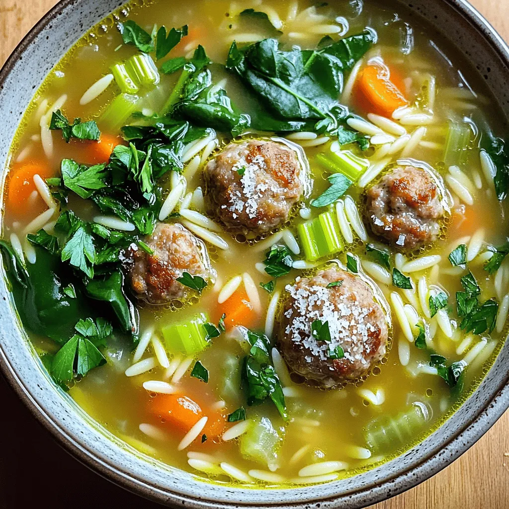 To make a flavorful Italian wedding soup, you need key ingredients that bring the dish to life. Here’s what you will need: - 1 cup uncooked orzo pasta - 1 tablespoon olive oil - 1 small onion, finely chopped - 2 cloves garlic, minced - 1 medium carrot, diced - 1 celery stalk, diced - 6 cups chicken broth - 1 cup baby spinach, chopped - 1 teaspoon dried oregano - Salt and freshly cracked pepper to taste - 1 cup cooked meatballs (store-bought or homemade) - ¼ cup grated Parmesan cheese - Fresh parsley, finely chopped for garnish These ingredients are the backbone of the soup. The orzo adds texture, while the vegetables provide sweetness and depth. The meatballs and spinach make the soup hearty, and the cheese gives it a rich flavor. You can customize your soup to suit your taste or use what you have on hand. Here are some optional ingredients you might like to add: - Kale or Swiss chard instead of spinach - Different pasta shapes like acini di pepe or ditalini - White beans for added protein - Fresh herbs like basil or thyme for extra flavor - Lemon juice for a bright finish Feel free to mix and match these options. This makes the soup your own and keeps it exciting every time you make it. Italian wedding soup is not only delicious, but it's also packed with nutrients. Here’s a quick look at the nutritional benefits: - High in protein from meatballs and broth - Rich in vitamins from the vegetables - Low in calories, especially if you use lean meatballs - Provides fiber from the orzo and spinach This soup can be a great choice for a healthy meal. It offers a balance of protein, carbs, and vitamins that will keep you feeling satisfied. You could easily find the full recipe to explore more about this nourishing dish! To start, gather all your ingredients. You will need the following: - 1 cup uncooked orzo pasta - 1 tablespoon olive oil - 1 small onion, finely chopped - 2 cloves garlic, minced - 1 medium carrot, diced - 1 celery stalk, diced - 6 cups chicken broth - 1 cup baby spinach, chopped - 1 teaspoon dried oregano - Salt and freshly cracked pepper to taste - 1 cup cooked meatballs - ¼ cup grated Parmesan cheese - Fresh parsley, finely chopped for garnish Chop the onion, garlic, carrot, and celery. Make sure they are small for even cooking. This helps the soup blend well and taste great. Now, let’s cook! In a large pot, heat the olive oil over medium heat. When hot, add the chopped onion. Sauté for about 3-4 minutes. You want the onion to turn translucent and smell fragrant. Next, add the minced garlic, diced carrot, and celery. Cook these for another 5 minutes. Stir them often so that they soften. Pour in the chicken broth and bring it to a gentle boil over high heat. Once it boils, lower the heat to medium-high. Add the uncooked orzo pasta and dried oregano. Follow the package’s cooking time, usually 8-10 minutes, until the pasta is al dente. After that, reduce the heat to low. Gently fold in the cooked meatballs and chopped spinach. Stir until the spinach wilts, about 2-3 minutes. Taste the soup and add salt and pepper as needed. Mix in the grated Parmesan cheese until it melts and gives the soup a creamy feel. Remove the pot from the heat. Let it sit for a few minutes for the flavors to blend. Cooking orzo is simple! Here are some tips: - Use plenty of water to boil the orzo. This helps the pasta cook evenly. - Add salt to the water for flavor. - Stir the orzo while it cooks to prevent sticking. - Always check the package for cooking times. Overcooked orzo can turn mushy. These steps will ensure your Italian Wedding Soup tastes fresh and delicious. Enjoy every spoonful of this hearty dish! For a full recipe, check the link to the [Full Recipe]. To make the best meatballs for your soup, use ground meat that you enjoy. I like to mix ground beef and pork for a rich flavor. Add breadcrumbs for texture and bind everything together. An egg helps keep them moist. Season with salt, pepper, and some grated cheese. Roll them into small balls, about one inch wide. Brown them in a pan before adding them to the soup. This step adds a great depth of flavor. When choosing vegetables, fresh options are best. Carrots add sweetness and color. Celery gives a nice crunch. You can also add zucchini or green beans for more texture. Spinach is a must; it wilts down nicely and adds nutrients. Make sure to chop them small so they cook evenly. If you want a heartier soup, try adding chopped kale. Herbs and spices can make a big difference in your soup. Oregano is classic, but fresh basil or parsley can brighten the dish. A pinch of crushed red pepper adds heat without being overpowering. If you like a richer taste, consider adding a bay leaf during cooking. Just remember to take it out before serving. Fresh herbs added at the end bring a burst of flavor that really makes your soup shine. For a detailed recipe, check out the Full Recipe. {{image_4}} You can easily make Italian Wedding Soup gluten-free. Swap the orzo for gluten-free pasta. Many brands offer great pasta that cooks well. Another option is using quinoa or rice. Both add a nice texture and flavor. Just remember to adjust cooking times. For a vegetarian version, leave out the meatballs. Replace them with hearty veggies, like mushrooms or zucchini. You can also add beans for protein. Chickpeas work well here and boost nutrition. Use vegetable broth instead of chicken broth for depth of flavor. Feel free to add more proteins or grains to your soup. You can use shredded rotisserie chicken for quick flavor. If you want extra heartiness, try adding lentils or farro. Both grains soak up flavors and add a nutty taste. Remember to adjust cooking times based on what you add. For the full recipe, check out the Italian Wedding Soup section. You can store leftover Italian Wedding Soup in the fridge. Use an airtight container for best results. It stays fresh for about 3 to 4 days. Make sure it cools to room temperature before sealing it. This helps keep the soup from getting soggy. Freezing is a great option if you want to save some soup for later. Place the cooled soup in a freezer-safe container. Leave some space at the top for expansion. You can freeze it for up to 3 months. Just remember to label the container with the date. When you’re ready to enjoy your soup again, reheat it on the stove. Pour it into a pot over medium heat. Stir occasionally until it’s hot. If the soup seems thick, add a splash of broth or water to loosen it. You can also use a microwave, but be sure to stir it every minute for even heating. Enjoy your comforting bowl of Italian Wedding Soup! Italian Wedding Soup comes from Italy, but it is not for weddings. The name means “married” in Italian. It refers to the mix of flavors in the soup. The dish combines meat, greens, and broth in a cozy way. It is popular in Italy and among Italian-Americans. Each family may have its own recipe. Yes, you can make Italian Wedding Soup ahead of time. This soup tastes even better the next day! Make it and let it cool. Store it in the fridge for up to three days. You can also freeze it for later. Just keep in mind that the orzo may soak up broth over time. You can serve Italian Wedding Soup with several tasty sides. Garlic bread is a great choice. It pairs well with the soup’s flavors. A simple green salad adds some crunch and freshness, too. You can also serve it with crusty rolls for dipping. Feel free to mix and match to find your favorite pairings. For the full recipe, check out the details above! Italian Wedding Soup is a warm, flavorful dish. It combines rich broth, meatballs, and veggies. You can customize it with different proteins and grains. Important tips help enhance taste and texture. Proper storage keeps leftovers fresh, while variations cater to dietary needs. I hope this guide helps you make your perfect bowl. Enjoy the process and the delicious soup you create!