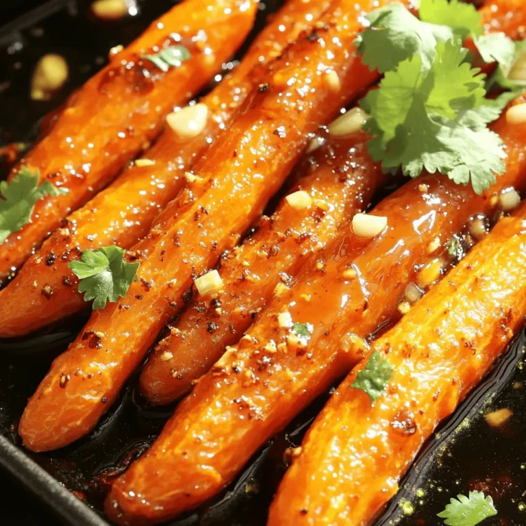 - 1 lb baby carrots (or regular carrots, peeled and cut into sticks) - 2 tablespoons honey - 1 tablespoon Sriracha sauce (tailor to your spice preference) - 2 tablespoons extra virgin olive oil - 1 teaspoon garlic powder - 1 teaspoon smoked paprika - Salt and freshly ground black pepper to taste - Fresh cilantro, finely chopped, for garnish (optional) I love using baby carrots for this recipe. They are sweet and tender. If you can't find baby carrots, use regular carrots instead. Just peel and cut them into sticks. For sweetness, honey adds a lovely flavor. If you want a vegan option, maple syrup works well too. Sriracha gives heat, so adjust it based on your taste. Extra virgin olive oil keeps the carrots moist while they roast. It also adds a nice flavor. If you need a substitute, try avocado oil or melted coconut oil. Garlic powder and smoked paprika add depth. If you like fresh garlic, feel free to use it instead. Just mince one or two cloves. Salt and pepper are key to enhancing all the flavors. Always taste before serving. Lastly, cilantro adds a fresh touch. If you don’t like cilantro, parsley makes a great substitute. For the full recipe, check out the instructions above. First, gather your ingredients. You will need: - 1 lb baby carrots (or regular carrots, peeled and cut into sticks) - 2 tablespoons honey - 1 tablespoon Sriracha sauce (adjust for spice) - 2 tablespoons extra virgin olive oil - 1 teaspoon garlic powder - 1 teaspoon smoked paprika - Salt and freshly ground black pepper to taste - Fresh cilantro, finely chopped, for garnish (optional) Next, mix the glaze. In a large bowl, blend honey and Sriracha until smooth. Slowly whisk in olive oil. Add garlic powder and smoked paprika. Season with salt and pepper to taste. Stir until the mixture is well combined. Now, preheat your oven to 400°F (200°C). A hot oven helps achieve that lovely caramelization on the carrots. Prepare your baking sheet by lining it with parchment paper. This makes cleanup easy. Spread the glazed carrots in a single layer, leaving space between them. Crowding can lead to steaming instead of roasting. Roast the carrots in the oven for 25 to 30 minutes. Stir them halfway through cooking for even roasting. You want them to be fork-tender and caramelized. To check for doneness, insert a fork into a carrot. If it goes in easily, they are ready. Remove the baking sheet from the oven and let the carrots cool slightly. This will boost their flavor. Transfer the roasted carrots to a serving dish. If you like, sprinkle with freshly chopped cilantro for an extra burst of color and flavor. For the complete cooking process, refer to the Full Recipe. Enjoy your Honey Sriracha Roasted Carrots! To get that nice caramelization, start by cutting your carrots evenly. This helps them cook at the same rate. Use fresh carrots for the best taste. Toss them well in the honey-Sriracha mix to coat every piece. Stir the carrots halfway through cooking. This promotes even browning and ensures all sides get that tasty crust. If you want more spice, add extra Sriracha or a sprinkle of red pepper flakes. For added sweetness, drizzle more honey. You can also mix in a little lime juice for a zesty twist. These carrots pair well with grilled meats, rice dishes, or even tacos. You can serve them warm or at room temperature for a nice touch. For roasting, a baking sheet with edges works best. It holds any drips and keeps your oven clean. If you line it with parchment paper, cleanup is super easy. A sturdy spatula helps flip the carrots gently. You could also use tongs to keep the carrots intact while stirring. For the full recipe, check out the detailed instructions. {{image_4}} You can switch up the flavors in Honey Sriracha Roasted Carrots with different sauces. Try mixing honey with soy sauce for an Asian twist. You can also use BBQ sauce for a smoky vibe. Each sauce brings a new taste to the dish. Adding herbs or spices can create unique flavors. For instance, toss in some fresh rosemary or thyme. These herbs add a nice earthiness to the carrots. You can also sprinkle chili flakes for extra heat. Experiment and find what you love! These carrots pair well with many main dishes. Serve them alongside roasted chicken or grilled fish for a complete meal. They also go great with rice or quinoa. Get creative with how you serve them. Slice the roasted carrots and add them to salads. They can also be wrapped in a tortilla with some greens for a tasty wrap. Making this dish vegan is easy. Just use maple syrup instead of honey. This keeps all the sweet flavor while making it plant-based. If you need a gluten-free option, this recipe is already safe. Just ensure your sauces are gluten-free. For a low-calorie alternative, reduce the amount of honey and olive oil. You can still enjoy the flavors without the extra calories. For the full recipe, check out the detailed instructions above. Once you enjoy your Honey Sriracha Roasted Carrots, let them cool down. Cooling helps keep their texture. After they cool, place them in airtight containers. This storage keeps them fresh and tasty. Store the carrots in the fridge for up to four days. They taste best when fresh, but they can last a bit longer. To reheat your carrots, use an oven or a skillet. Both methods help keep the texture nice. If using the oven, set it to 350°F (175°C). Spread the carrots on a baking sheet and heat for about 10 minutes. If using a skillet, warm a little oil over medium heat. Add the carrots and stir until they are hot. To bring back their flavor, add a splash of honey or Sriracha while reheating. If you want to save your carrots for later, freezing is a great option. First, let the carrots cool completely. Then, place them in freezer bags or containers. Remove as much air as possible to prevent freezer burn. You can freeze the Honey Sriracha Roasted Carrots for up to three months. When you're ready to eat, you can cook them directly from frozen. Roast them in the oven at 400°F (200°C) for about 30-35 minutes. They will be tasty and ready to enjoy! For the complete method, check the Full Recipe! How to adjust spiciness in Honey Sriracha Roasted Carrots? To adjust spiciness, change the amount of Sriracha. Use less for a mild flavor. You can add more honey to balance the heat. If you want extra spice, try adding red pepper flakes. What can I serve with Honey Sriracha Roasted Carrots? These carrots pair well with grilled chicken or fish. They also work great with rice dishes or salads. You can serve them alongside tacos for a fun twist! Can I use different types of carrots for this recipe? Yes, you can use any type of carrots. Baby carrots work well, but regular carrots can be cut into sticks. Try rainbow carrots for a colorful dish. How long do the carrots take to roast? The carrots roast for about 25 to 30 minutes. Make sure to stir them halfway to ensure even cooking. They should be fork-tender when done. Can I prepare the glaze in advance? Yes, you can make the glaze ahead of time. Store it in the fridge for up to three days. Just mix it with the carrots when you are ready to roast. Why are my carrots not caramelizing? If the carrots aren't caramelizing, they may need more space on the baking sheet. Make sure they are in a single layer. High oven temperature also aids caramelization. How do I know when the carrots are done? The carrots are done when they are fork-tender and look golden brown. You can test with a fork; it should slide in easily. For more tips, check the Full Recipe. In this article, we covered everything about making delicious Honey Sriracha Roasted Carrots. We discussed key ingredients and substitutes for different diets. You learned step-by-step prep, roasting techniques, and tips for perfect results. We also shared creative variations and storage tips to enjoy later. As you try this recipe, remember to experiment with flavors and make it yours. Happy cooking!