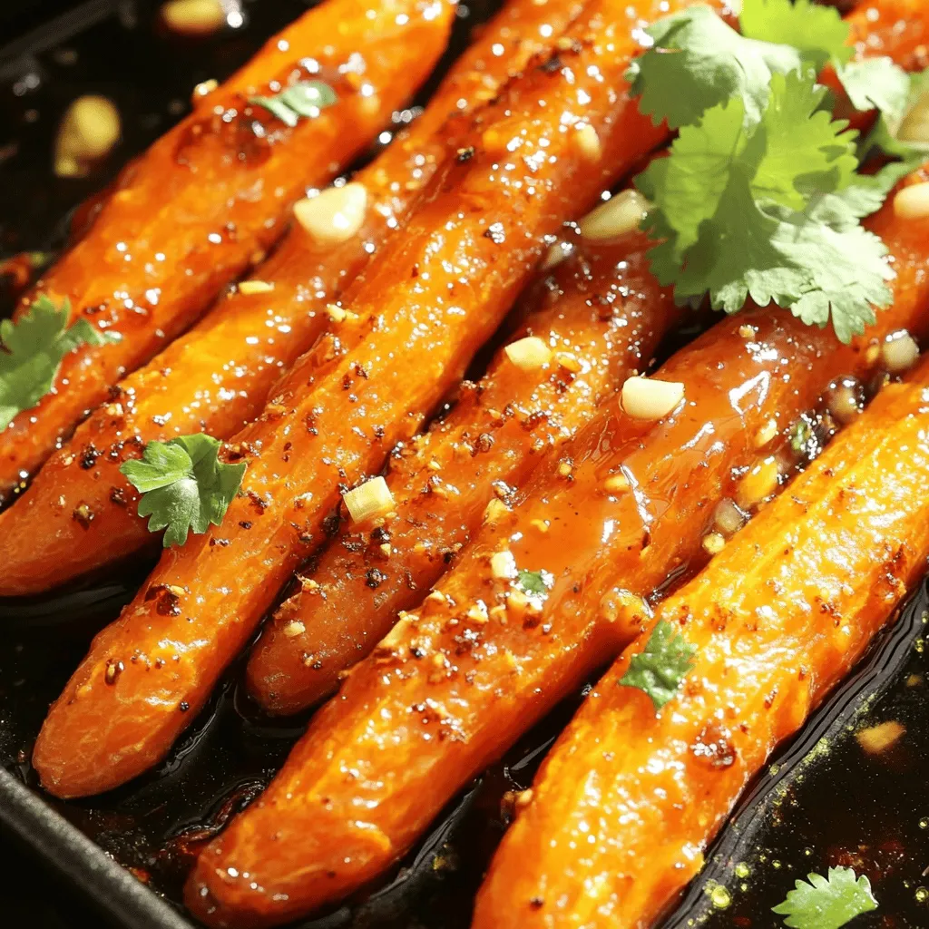 - 1 lb baby carrots (or regular carrots, peeled and cut into sticks) - 2 tablespoons honey - 1 tablespoon Sriracha sauce (tailor to your spice preference) - 2 tablespoons extra virgin olive oil - 1 teaspoon garlic powder - 1 teaspoon smoked paprika - Salt and freshly ground black pepper to taste - Fresh cilantro, finely chopped, for garnish (optional) I love using baby carrots for this recipe. They are sweet and tender. If you can't find baby carrots, use regular carrots instead. Just peel and cut them into sticks. For sweetness, honey adds a lovely flavor. If you want a vegan option, maple syrup works well too. Sriracha gives heat, so adjust it based on your taste. Extra virgin olive oil keeps the carrots moist while they roast. It also adds a nice flavor. If you need a substitute, try avocado oil or melted coconut oil. Garlic powder and smoked paprika add depth. If you like fresh garlic, feel free to use it instead. Just mince one or two cloves. Salt and pepper are key to enhancing all the flavors. Always taste before serving. Lastly, cilantro adds a fresh touch. If you don’t like cilantro, parsley makes a great substitute. For the full recipe, check out the instructions above. First, gather your ingredients. You will need: - 1 lb baby carrots (or regular carrots, peeled and cut into sticks) - 2 tablespoons honey - 1 tablespoon Sriracha sauce (adjust for spice) - 2 tablespoons extra virgin olive oil - 1 teaspoon garlic powder - 1 teaspoon smoked paprika - Salt and freshly ground black pepper to taste - Fresh cilantro, finely chopped, for garnish (optional) Next, mix the glaze. In a large bowl, blend honey and Sriracha until smooth. Slowly whisk in olive oil. Add garlic powder and smoked paprika. Season with salt and pepper to taste. Stir until the mixture is well combined. Now, preheat your oven to 400°F (200°C). A hot oven helps achieve that lovely caramelization on the carrots. Prepare your baking sheet by lining it with parchment paper. This makes cleanup easy. Spread the glazed carrots in a single layer, leaving space between them. Crowding can lead to steaming instead of roasting. Roast the carrots in the oven for 25 to 30 minutes. Stir them halfway through cooking for even roasting. You want them to be fork-tender and caramelized. To check for doneness, insert a fork into a carrot. If it goes in easily, they are ready. Remove the baking sheet from the oven and let the carrots cool slightly. This will boost their flavor. Transfer the roasted carrots to a serving dish. If you like, sprinkle with freshly chopped cilantro for an extra burst of color and flavor. For the complete cooking process, refer to the Full Recipe. Enjoy your Honey Sriracha Roasted Carrots! To get that nice caramelization, start by cutting your carrots evenly. This helps them cook at the same rate. Use fresh carrots for the best taste. Toss them well in the honey-Sriracha mix to coat every piece. Stir the carrots halfway through cooking. This promotes even browning and ensures all sides get that tasty crust. If you want more spice, add extra Sriracha or a sprinkle of red pepper flakes. For added sweetness, drizzle more honey. You can also mix in a little lime juice for a zesty twist. These carrots pair well with grilled meats, rice dishes, or even tacos. You can serve them warm or at room temperature for a nice touch. For roasting, a baking sheet with edges works best. It holds any drips and keeps your oven clean. If you line it with parchment paper, cleanup is super easy. A sturdy spatula helps flip the carrots gently. You could also use tongs to keep the carrots intact while stirring. For the full recipe, check out the detailed instructions. {{image_4}} You can switch up the flavors in Honey Sriracha Roasted Carrots with different sauces. Try mixing honey with soy sauce for an Asian twist. You can also use BBQ sauce for a smoky vibe. Each sauce brings a new taste to the dish. Adding herbs or spices can create unique flavors. For instance, toss in some fresh rosemary or thyme. These herbs add a nice earthiness to the carrots. You can also sprinkle chili flakes for extra heat. Experiment and find what you love! These carrots pair well with many main dishes. Serve them alongside roasted chicken or grilled fish for a complete meal. They also go great with rice or quinoa. Get creative with how you serve them. Slice the roasted carrots and add them to salads. They can also be wrapped in a tortilla with some greens for a tasty wrap. Making this dish vegan is easy. Just use maple syrup instead of honey. This keeps all the sweet flavor while making it plant-based. If you need a gluten-free option, this recipe is already safe. Just ensure your sauces are gluten-free. For a low-calorie alternative, reduce the amount of honey and olive oil. You can still enjoy the flavors without the extra calories. For the full recipe, check out the detailed instructions above. Once you enjoy your Honey Sriracha Roasted Carrots, let them cool down. Cooling helps keep their texture. After they cool, place them in airtight containers. This storage keeps them fresh and tasty. Store the carrots in the fridge for up to four days. They taste best when fresh, but they can last a bit longer. To reheat your carrots, use an oven or a skillet. Both methods help keep the texture nice. If using the oven, set it to 350°F (175°C). Spread the carrots on a baking sheet and heat for about 10 minutes. If using a skillet, warm a little oil over medium heat. Add the carrots and stir until they are hot. To bring back their flavor, add a splash of honey or Sriracha while reheating. If you want to save your carrots for later, freezing is a great option. First, let the carrots cool completely. Then, place them in freezer bags or containers. Remove as much air as possible to prevent freezer burn. You can freeze the Honey Sriracha Roasted Carrots for up to three months. When you're ready to eat, you can cook them directly from frozen. Roast them in the oven at 400°F (200°C) for about 30-35 minutes. They will be tasty and ready to enjoy! For the complete method, check the Full Recipe! How to adjust spiciness in Honey Sriracha Roasted Carrots? To adjust spiciness, change the amount of Sriracha. Use less for a mild flavor. You can add more honey to balance the heat. If you want extra spice, try adding red pepper flakes. What can I serve with Honey Sriracha Roasted Carrots? These carrots pair well with grilled chicken or fish. They also work great with rice dishes or salads. You can serve them alongside tacos for a fun twist! Can I use different types of carrots for this recipe? Yes, you can use any type of carrots. Baby carrots work well, but regular carrots can be cut into sticks. Try rainbow carrots for a colorful dish. How long do the carrots take to roast? The carrots roast for about 25 to 30 minutes. Make sure to stir them halfway to ensure even cooking. They should be fork-tender when done. Can I prepare the glaze in advance? Yes, you can make the glaze ahead of time. Store it in the fridge for up to three days. Just mix it with the carrots when you are ready to roast. Why are my carrots not caramelizing? If the carrots aren't caramelizing, they may need more space on the baking sheet. Make sure they are in a single layer. High oven temperature also aids caramelization. How do I know when the carrots are done? The carrots are done when they are fork-tender and look golden brown. You can test with a fork; it should slide in easily. For more tips, check the Full Recipe. In this article, we covered everything about making delicious Honey Sriracha Roasted Carrots. We discussed key ingredients and substitutes for different diets. You learned step-by-step prep, roasting techniques, and tips for perfect results. We also shared creative variations and storage tips to enjoy later. As you try this recipe, remember to experiment with flavors and make it yours. Happy cooking!
