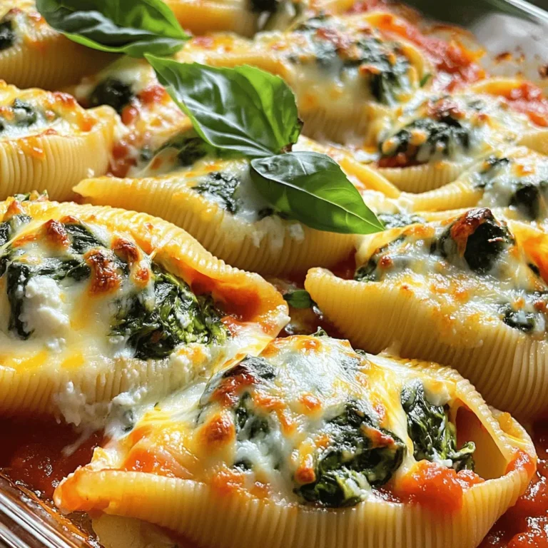 To make Spinach Ricotta Stuffed Shells, you need a few simple ingredients that pack a lot of flavor. Here’s what you will need: - 20 jumbo pasta shells - 2 cups ricotta cheese - 1 cup fresh spinach, finely chopped - 1/2 cup grated Parmesan cheese - 1 cup shredded mozzarella cheese, divided - 1 large egg, lightly beaten - 1 teaspoon garlic powder - 1 teaspoon Italian seasoning - Salt and pepper to taste - 3 cups marinara sauce - Fresh basil leaves for garnish Each ingredient plays a key role in creating a balanced and tasty dish. The ricotta cheese gives a creamy base, while the spinach adds freshness and color. The mix of cheeses helps create a gooey, melty topping that everyone loves. The egg acts as a binder, holding the filling together nicely. When you choose your marinara sauce, look for one that is rich and flavorful. A good sauce can elevate your dish even more. Fresh basil leaves not only add a pop of color but also enhance the taste with their bright flavor. You can find the full recipe in this article to guide you through making this delightful meal. Set your oven to 375°F (190°C). Preheating is key. It ensures even cooking and helps the cheese melt perfectly. Bring a large pot of salted water to a boil. Add the jumbo pasta shells carefully. Cook them as per the package directions until they are al dente. This means they should be firm, not mushy. Once done, drain the shells and let them cool. Make sure they don’t stick together. In a big bowl, mix together the ricotta cheese, finely chopped spinach, grated Parmesan cheese, and half of the shredded mozzarella. Add the lightly beaten egg, garlic powder, Italian seasoning, and a pinch of salt and pepper. Stir until everything is creamy and well combined. Grab a spoon and fill each shell with about 2 tablespoons of the ricotta mixture. Place the stuffed shells gently in a greased baking dish. Try to keep them in a single layer. This way, they cook evenly. Pour the marinara sauce over the stuffed shells. Make sure every shell is covered. This keeps them moist while baking. Now, sprinkle the rest of the shredded mozzarella on top. This will create a bubbly, cheesy crust. Cover the baking dish with aluminum foil. This prevents the cheese from browning too fast. Bake for 25 minutes. After that, take off the foil and bake for another 15 minutes. Look for the cheese to be bubbly and golden brown. For the complete recipe, refer to the Full Recipe. To fill the shells evenly, use a small spoon. Scoop about 2 tablespoons of filling into each shell. Avoid overstuffing, as this can cause them to break. A piping bag can also help make filling easy. Cover the dish with foil for the first half of baking. This keeps the cheese from browning too fast. Check for doneness after 25 minutes. The cheese should be melted and bubbly. If it looks too soft, bake a little longer. Serve these shells with a side salad or garlic bread. A light tomato salad pairs well too. You can also add a sprinkle of fresh herbs. This adds color and flavor to your plate. Enjoy these delicious shells with your favorite drink! For the complete recipe, check out the Full Recipe. {{image_4}} You can change the filling up with different veggies. Try adding mushrooms for a rich taste. Zucchini brings a nice crunch. Artichoke hearts add a unique twist. You can also use roasted red peppers for a sweet touch. Just chop them small, so they fit well in the shells. Each veggie gives a new flavor that makes your dish fun. Want more protein? Adding chicken or sausage is an easy way. For chicken, use shredded rotisserie meat. Mix it in with the ricotta filling. If you like sausage, try sweet or spicy. Cook it first, then crumble it into the filling. Both options make the dish heartier and add great flavor. The sauce can change everything. Marinara is classic, but don’t stop there! Try alfredo sauce for a creamy twist. A homemade pesto sauce brings in fresh herbs. For a spicy kick, use arrabbiata sauce. Each sauce gives the dish a new vibe, so feel free to mix it up! For the full recipe, check out the Spinach & Ricotta Delight Shells. To store your spinach ricotta stuffed shells, let them cool first. Place them in an airtight container. You can refrigerate them for up to three days. If you want to keep them longer, freeze the shells. Wrap them well in plastic wrap, then place them in a freezer bag. They can last up to three months in the freezer. Just remember to label the bags with the date. When you are ready to enjoy your leftovers, preheat your oven to 350°F (175°C). Place the stuffed shells in a baking dish. Pour a little marinara sauce over them to keep them moist. Cover the dish with foil to prevent drying out. Bake for about 20 minutes. You can also reheat them in the microwave for about 2-3 minutes, but the oven gives better results. Leftover spinach ricotta stuffed shells stay good in the fridge for about three days. If kept in the freezer, they last up to three months. After this time, they can lose their flavor and texture. Always check for any signs of spoilage before eating. If in doubt, throw it out! For the complete recipe, check out the [Full Recipe]. Yes, you can prepare these stuffed shells in advance. You can fill the shells and place them in a baking dish. Cover them with marinara sauce and cheese. Then, wrap the dish tightly with plastic wrap. Store it in the fridge for up to 24 hours. When ready to bake, just remove the wrap and bake as directed. This makes it easy for busy days. If you need a substitute for ricotta cheese, try cottage cheese. It has a similar texture but is lower in fat. You can also use Greek yogurt for a tangy flavor. Silken tofu is a great vegan option too. Blend it until smooth for the right consistency. Each of these substitutes works well in the recipe. Look for a few signs to know your stuffed shells are done. The cheese should be melted and bubbly. The edges of the shells should be slightly golden. You can also check the sauce; it should be hot and steaming. If you have a food thermometer, the center should reach 165°F (74°C). These signs mean your dish is ready to enjoy. Absolutely! To make this recipe gluten-free, choose gluten-free jumbo pasta shells. Many brands offer great options that taste just as good. Make sure to check the labels for any hidden gluten. You can also try zucchini noodles or eggplant slices as a fun alternative. Both options will add unique flavors to your dish. In this post, we explored making Spinach Ricotta Stuffed Shells. We covered the ingredients, from pasta to fresh basil. You learned how to cook, prepare filling, and bake these shells perfectly. I shared helpful tips for stuffing and serving. You can even try variations, like adding different veggies or proteins. Remember, storing and reheating properly keeps your leftovers tasty. Enjoy creating this delicious dish and make it your own!