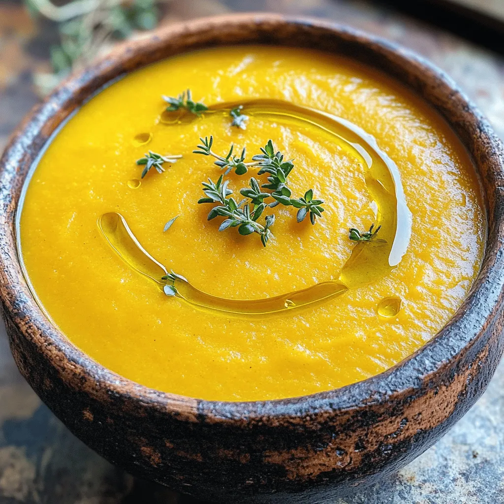 For the Vegan Creamy Butternut Squash Soup, you will need the following main ingredients: - 1 medium butternut squash, peeled and cut into 1-inch cubes - 1 tablespoon extra virgin olive oil - 1 onion, finely diced - 3 cloves garlic, minced - 1 teaspoon ground cumin - 1 teaspoon ground coriander - 4 cups vegetable broth (low sodium recommended) - 1 cup full-fat coconut milk (for optimal creaminess) - Sea salt and freshly cracked black pepper, to taste Optional garnishes and toppings can enhance your soup: - Fresh thyme leaves, for garnish (optional) - Crusty whole-grain bread, for serving - A light side salad, for a complete meal These ingredients come together to create a rich, creamy, and hearty soup that warms the soul. Using coconut milk adds a smooth texture, while spices bring depth and flavor. Follow the [Full Recipe] for step-by-step instructions to make this delicious dish. To make this vegan creamy butternut squash soup, start with the basics. First, heat one tablespoon of extra virgin olive oil in a large pot over medium heat. Add one finely diced onion and sauté it for about five minutes. You want the onions to turn translucent and smell sweet. Next, stir in three minced garlic cloves, one teaspoon of ground cumin, and one teaspoon of ground coriander. Cook this for one to two minutes. This step helps the spices bloom and adds great flavor. Now, it’s time to add the butternut squash. Use one medium squash, peeled and cut into one-inch cubes. Stir the squash well, coating it with the onion and spices. Let it cook for about five minutes. This helps the squash soften a bit. For blending, you have two choices. An immersion blender works well. It lets you blend right in the pot. If you use a countertop blender, pour the soup in batches. Fill it only halfway to avoid spills. Both methods create a smooth texture. After adding the cubed squash, pour in four cups of vegetable broth. Make sure the broth covers the squash completely. Bring the mixture to a boil. Then, lower the heat and let it simmer for about 20 minutes. Your squash should be fork-tender by then. Once the squash is soft, take the pot off the heat. If you used a countertop blender, return the pureed soup to the pot. Now, add one cup of full-fat coconut milk for that creamy finish. Mix it well until fully combined. Season with sea salt and freshly cracked black pepper to taste. If you want, you can gently heat the soup again before serving. Ladle it into bowls and garnish with fresh thyme leaves for a lovely touch. For the full recipe, check out the details above, and enjoy making this warm and hearty dish! To make your soup creamy, I love using full-fat coconut milk. It adds a rich texture and a hint of sweetness. If you have a nut allergy, try oat milk or soy milk. These options can also create a nice creaminess without using dairy. For a deeper flavor, I suggest adding spices like ground cumin and coriander. They bring warmth and depth to the soup. Fresh herbs like thyme or sage can also add a bright taste. Just sprinkle them in before serving for extra aroma. One common mistake is overcooking the squash. You want it tender but not mushy. Keep an eye on it while it simmers. Also, taste your soup while seasoning. Adding too much salt at once can overpower the flavors. Adjust little by little until it’s just right. {{image_4}} If you can't find butternut squash, don't worry! You can use sweet potatoes or carrots instead. Both options add a lovely sweetness. You can also mix in pumpkin for a different flavor. Each swap brings its own twist, making it fun to experiment. To enhance the creaminess, consider using nut creams like cashew or almond. These options add rich flavors while keeping it dairy-free. You might also try adding a splash of lemon juice for brightness. It balances the sweetness and gives a fresh taste. Serving this soup can be as fun as making it. Try topping it with crispy croutons for crunch. Roasted seeds, like pumpkin or sunflower, add extra texture and nutrition. Pair it with crusty bread for a comforting meal. Each bite brings warmth and satisfaction. After you finish your Vegan Creamy Butternut Squash Soup, let it cool. Pour the leftover soup into an airtight container. This helps keep it fresh. Store it in the fridge. For best taste, eat it within 3 to 5 days. Always reheat it gently on the stove or in the microwave. Stir often to keep it smooth and creamy. Want to save some soup for later? Freezing is a great option! First, cool the soup completely. Then, pour it into freezer-safe bags or containers. Leave some space at the top, as soup expands when frozen. Seal tightly and label with the date. When you’re ready to eat, thaw it overnight in the fridge. Reheat on the stove or microwave, stirring to keep it creamy. When stored properly, your soup lasts well. In the fridge, it stays fresh for about 3 to 5 days. In the freezer, it can last up to 3 months. After that, the flavor may fade. I recommend marking the date on your container. This way, you know when to enjoy every delicious drop! Yes, you can make this soup ahead of time. To prepare, follow all the steps in the recipe. Allow the soup to cool completely before storing. Use an airtight container for best results. You can keep it in the fridge for up to three days. If you want to store it longer, freeze it. Just make sure to leave some space in the container for expansion. When you're ready to eat, thaw it in the fridge overnight. Reheat on the stove over low heat, stirring often. Absolutely! If you want to skip coconut milk, you can use other options. Try using cashew cream for a creamy texture. Blend soaked cashews with water until smooth. Almond milk or soy milk can also work. Just be sure to pick unsweetened versions. This will keep the flavor balanced. You can also add a bit of silken tofu for creaminess. You can make this soup even healthier by adding some extras. Spinach or kale is a great choice. Just toss it in at the end and let it wilt. You can also add cooked lentils or chickpeas for protein. They blend well and add texture. If you want more fiber, consider adding diced carrots or sweet potatoes. These will enhance the flavor and nutrients. If you like heat, there are easy ways to spice it up. You can add a pinch of cayenne pepper or red pepper flakes. Mix them in when you add the garlic and spices. For more flavor, try adding chopped jalapeños. If you want a smoky taste, use smoked paprika. Just remember to start with a little and taste as you go. This way, you can control the heat level. This blog covers the key steps to make Vegan Creamy Butternut Squash Soup. You learned about ingredients, cooking steps, and tips for a creamy texture. I shared common mistakes to avoid and variations to try. Remember to store leftovers properly and consider flavor boosts. You can create a delicious meal that meets your taste and diet needs. Enjoy your cooking journey and feel free to experiment with this soup!