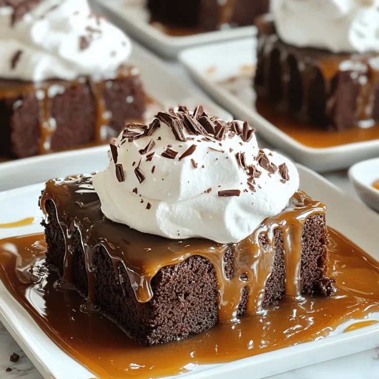 To make a delicious Chocolate Caramel Poke Cake, you need a few simple items. Here’s what you’ll need: - 1 box of chocolate cake mix - 3 large eggs - 1 cup of water - 1/2 cup of vegetable oil - 14 oz can of sweetened condensed milk - 1 cup of caramel sauce (store-bought or homemade) - 1 cup of heavy whipping cream - 1/4 cup of powdered sugar - 1 teaspoon of vanilla extract - Chocolate shavings or cocoa powder for garnish Gather these ingredients before you start. They are key to making your cake tasty and fun. Each item plays a part in the cake's flavor and texture. For example, the chocolate cake mix gives a rich base. The sweetened condensed milk adds creaminess, while the caramel sauce brings a sweet kick. The whipped cream topping adds lightness, balancing the cake's richness. You can find the full recipe at the end to guide you through the process. 1. Preheat the oven and prepare the baking pan First, set your oven to 350°F (175°C). Grab a 9x13 inch baking pan and grease it well. This helps the cake not to stick. 2. Make the cake batter using an electric mixer In a large bowl, mix the chocolate cake mix, eggs, water, and vegetable oil. Use your electric mixer to beat it on medium speed for about 2 minutes. The batter should be smooth and well mixed. 3. Pour and bake the cake until done Pour the cake batter into the greased pan. Bake it in the oven for 30 to 35 minutes. To check if it’s done, insert a toothpick into the center. If it comes out clean, the cake is ready. 1. Prepare the caramel mixture while the cake bakes In a separate bowl, mix together the sweetened condensed milk and caramel sauce. Stir them until they blend well. This will be the tasty topping for your cake. 2. Poke holes in the cake and add the caramel mixture When the cake is done, let it cool for about 10 minutes. Then, take the end of a wooden spoon and poke holes all over the cake. Make sure they are about 1 inch apart. 3. Prepare the whipped topping and spread over the cake In another bowl, whip the heavy cream, powdered sugar, and vanilla extract together. Use an electric mixer until you see stiff peaks form. Once the cake is cool, spread this whipped topping over the caramel-soaked cake. 1. Garnish and chill before serving For a beautiful finish, sprinkle some chocolate shavings or a dusting of cocoa powder on top of the whipped cream. Chill the cake in the fridge for at least 2 hours before serving. This helps all the flavors come together nicely. Choosing the right cake mix is key. I prefer a rich chocolate cake mix for deep flavor. Use three large eggs for a fluffy texture. The eggs help the cake rise well. Mix the batter until smooth, about two minutes. This ensures even baking. To keep the cake moist, watch your baking time. Bake at 350°F for 30-35 minutes. Insert a toothpick in the center; it should come out clean. If you bake too long, the cake may dry out. Let it cool in the pan for ten minutes before moving it. To achieve stiff peaks for your topping, use cold heavy cream. Mix it with powdered sugar and vanilla extract. Beat with an electric mixer until you see peaks form. This takes about three to five minutes. If you over-mix, it might turn into butter. For a twist, try other toppings. You can use whipped coconut cream or even cream cheese frosting. Both add unique flavors that pair well with chocolate and caramel. For a beautiful display, cut the cake into square pieces. Place them on dessert plates. Drizzle extra caramel sauce over each piece for a nice touch. A sprig of mint adds color and freshness to your dessert. Serve the cake chilled for the best taste. It enhances the flavors and makes each bite refreshing. Consider pairing it with a scoop of vanilla ice cream. This adds a creamy balance to the rich cake. For the full recipe, check out the rest of this article. {{image_4}} You can easily change the flavor of your chocolate caramel poke cake. Adding nuts or chocolate chips will give extra texture and taste. Walnuts or pecans work great for a crunchy bite. You can also use different cake mixes. For a lighter cake, try a vanilla mix. A red velvet mix adds a fun twist and a pop of color. If you need gluten-free options, look for a gluten-free chocolate cake mix. Many brands offer tasty choices that work well in this recipe. For vegan versions, use plant-based eggs or applesauce instead of eggs. You can replace the heavy cream with coconut cream for a rich, dairy-free topping. These adjustments keep the cake delicious and enjoyable for everyone. Seasonal fruits can add great flavors to your cake. In summer, try fresh strawberries or raspberries for a fruity touch. In autumn, consider adding pumpkin spice for a cozy flavor. For holiday themes, decorate with peppermint or add eggnog flavoring to the whipped topping. These small changes make your cake perfect for any occasion and add a special twist. Store your leftover poke cake in an airtight container. This keeps it fresh and moist. You can use a glass or plastic container. It’s best to keep the cake in the fridge. The cake stays good for up to five days. You can freeze this cake if you want to enjoy it later. First, slice the cake into pieces. Wrap each piece tightly in plastic wrap. Then, place them in a freezer-safe bag. This helps prevent freezer burn. The cake can last in the freezer for up to three months. When you’re ready to eat it, take out a piece. Thaw the cake in the fridge overnight for the best results. This helps keep the texture nice. Avoid thawing it at room temperature, as this may make it soggy. You can also reheat it if you want it warm. To bring back the original texture, reheat the cake gently. The microwave works, but keep it short. Start with 10 to 15 seconds. Check if it's warm enough, then enjoy. Using an oven is another option. Preheat it to 350°F (175°C) and place the cake inside for about 10 minutes. This helps keep the cake’s moistness and flavor intact. For more details, don’t forget to check the Full Recipe! A poke cake is a fun cake that has holes poked into it. After baking, you pour a liquid over the cake. This could be caramel, pudding, or fruit syrup. The liquid seeps into the holes and makes the cake moist. It adds flavor and makes each bite special. You can use many types of cake and toppings. Yes, you can make this cake ahead of time. It tastes even better after sitting for a while. To prepare it in advance, bake the cake and poke the holes. Pour the caramel mixture on top. Cover the cake and store it in the fridge. You can make it a day or two before serving. The chocolate caramel poke cake will last about 3 to 4 days in the fridge. Make sure to cover it well to keep it fresh. The flavors will blend and enhance over time. However, the cake is best enjoyed within the first few days. You can absolutely use homemade caramel sauce! Making your own caramel can add a personal touch. Just be sure to let it cool slightly before pouring it over the cake. Homemade caramel can be thicker than store-bought, so adjust the texture as needed. If you need a substitute for heavy cream, there are good options. You can use whipped topping or whipped coconut cream. Another choice is to blend milk with butter. This creates a creamy texture as well. These alternatives work well in the recipe and taste great too. For the complete recipe, see the section titled Full Recipe. This blog post covered every step to make a delicious chocolate caramel poke cake. We discussed the key ingredients, simple preparation, and creative variations. You also learned tips for perfecting the texture and serving this cake beautifully. In conclusion, enjoy experimenting with flavors and adjustments. This poke cake is not just a treat; it’s a fun way to impress friends and family. Now, get baking and delight everyone around you!