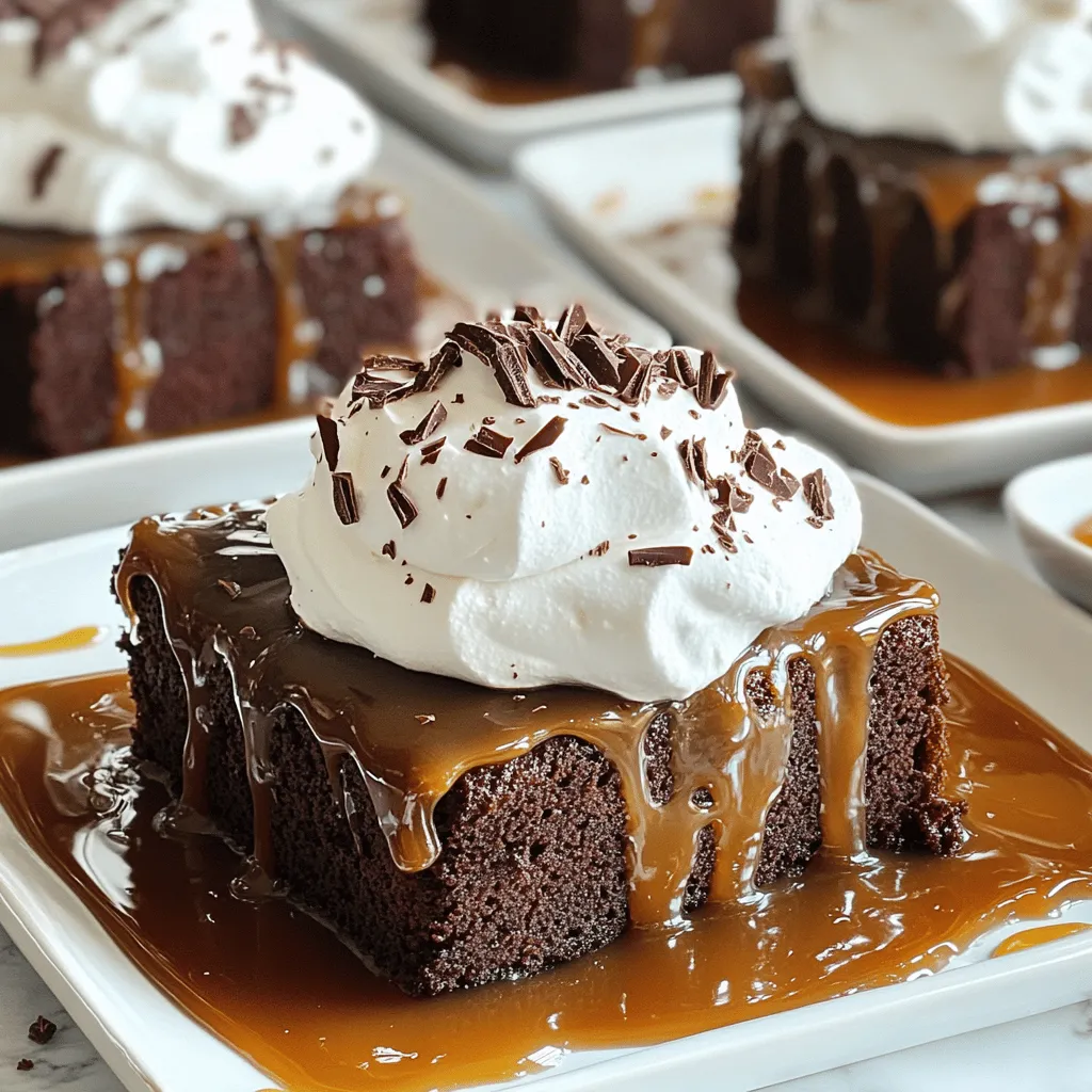 To make a delicious Chocolate Caramel Poke Cake, you need a few simple items. Here’s what you’ll need: - 1 box of chocolate cake mix - 3 large eggs - 1 cup of water - 1/2 cup of vegetable oil - 14 oz can of sweetened condensed milk - 1 cup of caramel sauce (store-bought or homemade) - 1 cup of heavy whipping cream - 1/4 cup of powdered sugar - 1 teaspoon of vanilla extract - Chocolate shavings or cocoa powder for garnish Gather these ingredients before you start. They are key to making your cake tasty and fun. Each item plays a part in the cake's flavor and texture. For example, the chocolate cake mix gives a rich base. The sweetened condensed milk adds creaminess, while the caramel sauce brings a sweet kick. The whipped cream topping adds lightness, balancing the cake's richness. You can find the full recipe at the end to guide you through the process. 1. Preheat the oven and prepare the baking pan First, set your oven to 350°F (175°C). Grab a 9x13 inch baking pan and grease it well. This helps the cake not to stick. 2. Make the cake batter using an electric mixer In a large bowl, mix the chocolate cake mix, eggs, water, and vegetable oil. Use your electric mixer to beat it on medium speed for about 2 minutes. The batter should be smooth and well mixed. 3. Pour and bake the cake until done Pour the cake batter into the greased pan. Bake it in the oven for 30 to 35 minutes. To check if it’s done, insert a toothpick into the center. If it comes out clean, the cake is ready. 1. Prepare the caramel mixture while the cake bakes In a separate bowl, mix together the sweetened condensed milk and caramel sauce. Stir them until they blend well. This will be the tasty topping for your cake. 2. Poke holes in the cake and add the caramel mixture When the cake is done, let it cool for about 10 minutes. Then, take the end of a wooden spoon and poke holes all over the cake. Make sure they are about 1 inch apart. 3. Prepare the whipped topping and spread over the cake In another bowl, whip the heavy cream, powdered sugar, and vanilla extract together. Use an electric mixer until you see stiff peaks form. Once the cake is cool, spread this whipped topping over the caramel-soaked cake. 1. Garnish and chill before serving For a beautiful finish, sprinkle some chocolate shavings or a dusting of cocoa powder on top of the whipped cream. Chill the cake in the fridge for at least 2 hours before serving. This helps all the flavors come together nicely. Choosing the right cake mix is key. I prefer a rich chocolate cake mix for deep flavor. Use three large eggs for a fluffy texture. The eggs help the cake rise well. Mix the batter until smooth, about two minutes. This ensures even baking. To keep the cake moist, watch your baking time. Bake at 350°F for 30-35 minutes. Insert a toothpick in the center; it should come out clean. If you bake too long, the cake may dry out. Let it cool in the pan for ten minutes before moving it. To achieve stiff peaks for your topping, use cold heavy cream. Mix it with powdered sugar and vanilla extract. Beat with an electric mixer until you see peaks form. This takes about three to five minutes. If you over-mix, it might turn into butter. For a twist, try other toppings. You can use whipped coconut cream or even cream cheese frosting. Both add unique flavors that pair well with chocolate and caramel. For a beautiful display, cut the cake into square pieces. Place them on dessert plates. Drizzle extra caramel sauce over each piece for a nice touch. A sprig of mint adds color and freshness to your dessert. Serve the cake chilled for the best taste. It enhances the flavors and makes each bite refreshing. Consider pairing it with a scoop of vanilla ice cream. This adds a creamy balance to the rich cake. For the full recipe, check out the rest of this article. {{image_4}} You can easily change the flavor of your chocolate caramel poke cake. Adding nuts or chocolate chips will give extra texture and taste. Walnuts or pecans work great for a crunchy bite. You can also use different cake mixes. For a lighter cake, try a vanilla mix. A red velvet mix adds a fun twist and a pop of color. If you need gluten-free options, look for a gluten-free chocolate cake mix. Many brands offer tasty choices that work well in this recipe. For vegan versions, use plant-based eggs or applesauce instead of eggs. You can replace the heavy cream with coconut cream for a rich, dairy-free topping. These adjustments keep the cake delicious and enjoyable for everyone. Seasonal fruits can add great flavors to your cake. In summer, try fresh strawberries or raspberries for a fruity touch. In autumn, consider adding pumpkin spice for a cozy flavor. For holiday themes, decorate with peppermint or add eggnog flavoring to the whipped topping. These small changes make your cake perfect for any occasion and add a special twist. Store your leftover poke cake in an airtight container. This keeps it fresh and moist. You can use a glass or plastic container. It’s best to keep the cake in the fridge. The cake stays good for up to five days. You can freeze this cake if you want to enjoy it later. First, slice the cake into pieces. Wrap each piece tightly in plastic wrap. Then, place them in a freezer-safe bag. This helps prevent freezer burn. The cake can last in the freezer for up to three months. When you’re ready to eat it, take out a piece. Thaw the cake in the fridge overnight for the best results. This helps keep the texture nice. Avoid thawing it at room temperature, as this may make it soggy. You can also reheat it if you want it warm. To bring back the original texture, reheat the cake gently. The microwave works, but keep it short. Start with 10 to 15 seconds. Check if it's warm enough, then enjoy. Using an oven is another option. Preheat it to 350°F (175°C) and place the cake inside for about 10 minutes. This helps keep the cake’s moistness and flavor intact. For more details, don’t forget to check the Full Recipe! A poke cake is a fun cake that has holes poked into it. After baking, you pour a liquid over the cake. This could be caramel, pudding, or fruit syrup. The liquid seeps into the holes and makes the cake moist. It adds flavor and makes each bite special. You can use many types of cake and toppings. Yes, you can make this cake ahead of time. It tastes even better after sitting for a while. To prepare it in advance, bake the cake and poke the holes. Pour the caramel mixture on top. Cover the cake and store it in the fridge. You can make it a day or two before serving. The chocolate caramel poke cake will last about 3 to 4 days in the fridge. Make sure to cover it well to keep it fresh. The flavors will blend and enhance over time. However, the cake is best enjoyed within the first few days. You can absolutely use homemade caramel sauce! Making your own caramel can add a personal touch. Just be sure to let it cool slightly before pouring it over the cake. Homemade caramel can be thicker than store-bought, so adjust the texture as needed. If you need a substitute for heavy cream, there are good options. You can use whipped topping or whipped coconut cream. Another choice is to blend milk with butter. This creates a creamy texture as well. These alternatives work well in the recipe and taste great too. For the complete recipe, see the section titled Full Recipe. This blog post covered every step to make a delicious chocolate caramel poke cake. We discussed the key ingredients, simple preparation, and creative variations. You also learned tips for perfecting the texture and serving this cake beautifully. In conclusion, enjoy experimenting with flavors and adjustments. This poke cake is not just a treat; it’s a fun way to impress friends and family. Now, get baking and delight everyone around you!