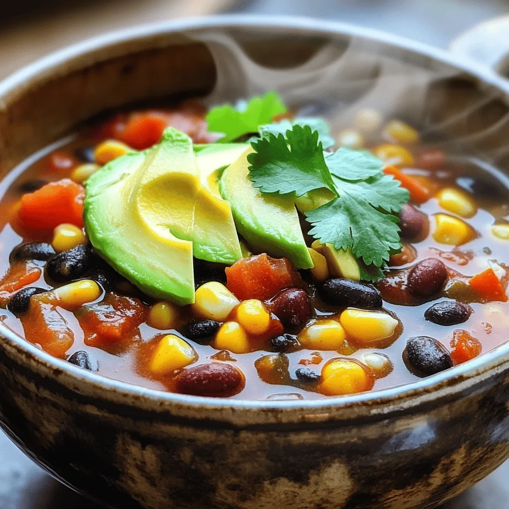 - 1 can (15 oz) black beans, thoroughly drained and rinsed - 1 can (15 oz) kidney beans, thoroughly drained and rinsed - 1 can (28 oz) diced tomatoes, including juice - 1 medium bell pepper, chopped (choose your favorite color) - 1 medium onion, diced - 2 cloves garlic, finely minced - 1 cup corn kernels (freshly cut or frozen) - 2 tablespoons chili powder - 1 teaspoon ground cumin - 1 teaspoon smoked paprika - ½ teaspoon cayenne pepper (adjust based on your spice preference) - Salt and black pepper, to taste - 2 tablespoons extra virgin olive oil - Fresh cilantro for garnish (optional) - Ripe avocado slices for topping (optional) Each ingredient in this veggie chili offers health benefits. Beans are full of protein and fiber. They help keep you full. Tomatoes are rich in vitamins and antioxidants. Bell peppers give you vitamin C. Garlic adds flavor and has many health perks. Corn adds sweetness and fiber. Spices like chili powder and cumin boost metabolism and flavor. Olive oil provides healthy fats. These ingredients work together to make a nutritious, tasty dish. You can easily customize your chili. Try adding different veggies like zucchini or carrots. Swap in other beans like pinto or navy beans. For a heartier dish, add cooked lentils. You can also mix in some quinoa for extra protein. If you love heat, add jalapeños or more cayenne. These changes let you make the dish your own. For the full recipe, check out the complete guide. 1. Start by gathering all your ingredients. This makes cooking easier. 2. Dice the onion and chop the bell pepper. Make sure they are small. 3. Mince the garlic cloves finely. This helps release their full flavor. 4. If using fresh corn, cut it off the cob now. Otherwise, grab frozen corn. - Prep Time: This takes about 10 minutes. - Cook Time: The whole chili cooks in about 30 minutes. - Total Time: From start to finish, you need around 40 minutes. - Servings: This recipe makes enough for 4 to 6 people. - Stir the chili often while it cooks. This helps it thicken nicely. - If you like your chili thicker, let it simmer longer. - For a smoother texture, mash some beans with a fork. - Add a splash of water if it gets too thick. Just mix it in. For more detailed steps, check out the Full Recipe. Enjoy your cooking! When making veggie chili, avoid skipping the sautéing step. This helps build flavor. Don't rush the simmering time. Letting it cook longer lets the tastes blend well. If you add salt too early, it can make the beans tough. Wait until the end to season with salt. If you like heat, add more cayenne pepper or chili powder. Start with a little, then taste. You can always add more, but it's hard to take it out. For less heat, skip the cayenne and use sweet paprika instead. You can also add a bit of sugar to balance the spice. Serve your chili with fresh toppings like avocado and cilantro. A dollop of sour cream or Greek yogurt adds creaminess. You can pair it with crusty bread or cornbread for a hearty meal. For a fun twist, try it over rice or quinoa. Check out the Full Recipe for more ideas! {{image_4}} You can make this veggie chili heartier with meat substitutes. Try using lentils for a protein boost. They blend well with the flavors. Another great option is textured vegetable protein (TVP). It adds a chewy texture and absorbs flavors nicely. You can also use jackfruit for a unique twist. It shreds easily and gives a meaty feel. If you're avoiding dairy, there are many choices. Instead of cheese, top your chili with avocado slices. They add creaminess and healthy fats. You can also use dairy-free sour cream made from nuts. It gives a tangy flavor without the dairy. Nutritional yeast is another option. It adds a cheesy taste and extra vitamins. Feel free to add more veggies for extra nutrition. You can toss in zucchini or carrots for sweetness. Spinach or kale boosts the green factor. Each adds different textures and flavors to your chili. Try adding sweet potatoes for a filling twist. They bring sweetness and creaminess. You can combine any of these options from the full recipe to make your chili unique! To store leftover veggie chili, let it cool first. Then, transfer it to an airtight container. It will stay fresh in the fridge for about 3 to 5 days. Make sure to label the container with the date. This helps you keep track of how long it has been stored. You can freeze veggie chili for up to 3 months. To do this, pack it in freezer-safe bags or containers. Leave some space at the top to allow for expansion. It’s helpful to divide it into smaller portions for quick meals later. Remember to label each bag with the date and contents. When reheating, you have a few options. You can use the microwave, stovetop, or oven. For the microwave, place the chili in a bowl and cover it. Heat it in short bursts, stirring in between. On the stovetop, heat it over medium-low heat, stirring often. If using the oven, place it in a baking dish and cover with foil. Heat at 350°F until warm. Always check the temperature before serving to ensure it’s hot. Yes, you can make this chili spicier. To add more heat, try using more cayenne pepper. You can also add diced jalapeños or a splash of hot sauce. Start with a small amount and taste as you go. Veggie chili lasts about 4 to 5 days in the fridge. Store it in an airtight container to keep it fresh. If you want to save it for longer, consider freezing it instead. You can serve this chili with many sides. Consider cornbread, tortilla chips, or a fresh salad. For a heartier meal, add rice or quinoa. Topping it with avocado or sour cream adds creaminess too. Yes, you can use different beans. Feel free to swap black beans or kidney beans for pinto beans or chickpeas. Each type adds its own flavor and texture. Mixing beans can also boost protein and fiber. We've covered all the essentials for making a great veggie chili. You learned about key ingredients and their benefits. We discussed easy step-by-step instructions to get the texture just right. I shared tips to avoid common mistakes and variations for different tastes. Remember to store leftovers properly and reheat them correctly. Now, you can make the perfect veggie chili your way. Enjoy the process and feel proud of your delicious meal!