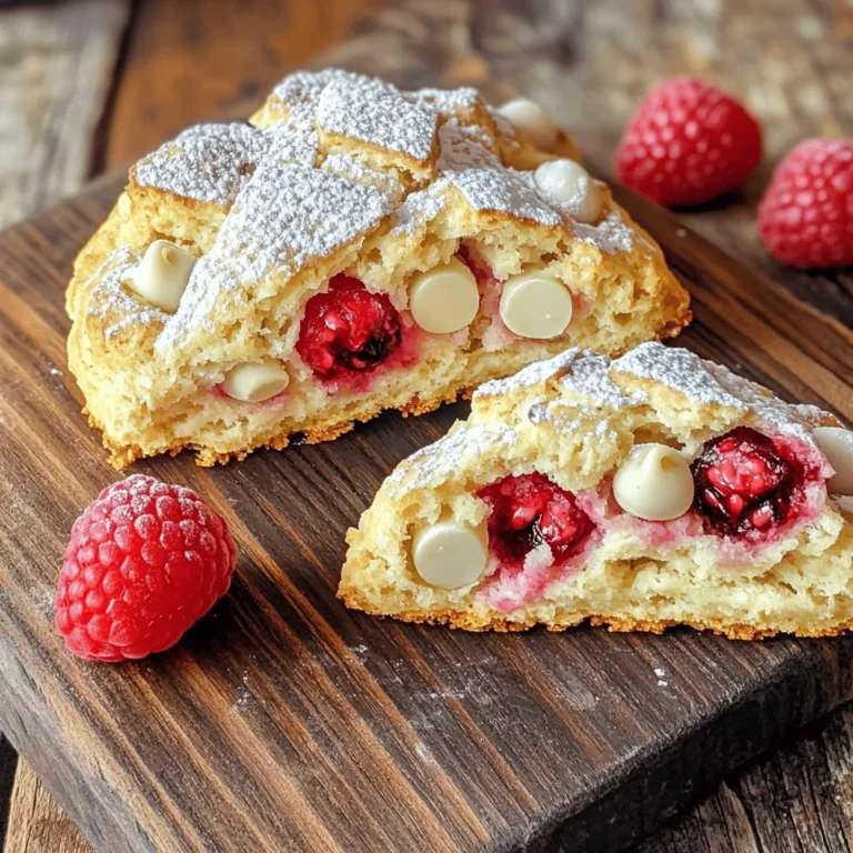 To make the best raspberry white chocolate scones, you need fresh ingredients. Here’s what you will need: - 2 cups all-purpose flour - 1/3 cup granulated sugar - 1 tablespoon baking powder - 1/2 teaspoon salt - 1/2 cup unsalted butter, cold and cubed - 1/2 cup heavy cream - 1 large egg - 1 teaspoon vanilla extract - 1 cup fresh raspberries - 1/2 cup white chocolate chips - Extra sugar for sprinkling Gathering these items is key. Start with the flour and sugar for a solid base. The baking powder gives the scones their lift, while salt balances the sweetness. Cold butter is a must. It makes your scones flaky and tender. Next, the heavy cream, egg, and vanilla create a rich, moist dough. Fresh raspberries add a burst of flavor. White chocolate chips bring a creamy sweetness. Finally, sprinkle some extra sugar on top for a nice, crunchy finish. For the full recipe, follow the steps closely to achieve perfect scones every time! First, preheat your oven to 400°F (200°C). This step ensures your scones bake evenly and rise beautifully. Next, line a baking sheet with parchment paper. This makes it easy to remove the scones after baking without sticking. Now, grab a large mixing bowl. In this bowl, combine the dry ingredients: 2 cups of all-purpose flour, 1/3 cup of granulated sugar, 1 tablespoon of baking powder, and 1/2 teaspoon of salt. Whisk them together well. You want a nice, even mix to help your scones rise. Next, it’s time to add the butter. Cut 1/2 cup of cold, cubed unsalted butter into the flour mixture. Use your fingertips or a pastry cutter. Work the butter in until it looks like coarse crumbs. You should still see some small pieces of butter. This will help make your scones flaky. Now, in another bowl, mix together the wet ingredients. You need 1/2 cup of heavy cream, 1 large egg, and 1 teaspoon of vanilla extract. Whisk these until they blend nicely. Then, pour the wet mixture into the dry ingredients. Stir gently with a wooden spoon. Be careful not to overmix; we want light scones, not dense ones. Now it’s time to fold in the fun stuff! Gently mix in 1 cup of fresh raspberries and 1/2 cup of white chocolate chips. Be very gentle to keep the raspberries whole. Transfer the dough to a floured surface. With floured hands, knead the dough just a few times until it holds together. Shape it into a thick circle, about 1 inch high. Use a knife or pizza cutter to slice the dough into 8 equal wedges. Place the wedges on the baking sheet with space in between. For a lovely finish, brush the tops with a bit of extra cream and sprinkle some sugar on top. Bake for 15-20 minutes until golden brown. A toothpick should come out clean when inserted in the center. Enjoy your delicious Raspberry White Chocolate Scones warm! For the complete recipe, check the Full Recipe. - The importance of cold butter: Cold butter is key for fluffy scones. It creates pockets of air as it melts during baking. This leads to a light and flaky texture. I recommend cutting the butter into small cubes and placing it in the freezer for a few minutes before mixing. - How to avoid overmixing the dough: Overmixing leads to tough scones. Mix the wet and dry ingredients just until combined. Gently fold in raspberries and chocolate chips. This keeps the dough tender and the berries whole. - Recommended toppings or pairings: I love serving scones warm with clotted cream or whipped cream. A light dusting of powdered sugar adds sweetness. You can also drizzle some melted white chocolate on top for a special treat. - Presentation tips for serving: For a beautiful display, arrange scones on a nice plate. Add a few fresh raspberries around them for color. This makes the dish pop and looks inviting. - What to do if your scones are too dry or dense: If your scones turn out too dry, they may need more cream. Try adding a tablespoon at a time until you get a softer dough. If they are dense, check if you mixed the dough too much. Always work gently to keep scones light. {{image_4}} You can change up the flavor of your scones easily. Try using different berries like blueberries, strawberries, or blackberries. You can also swap white chocolate for dark chocolate or even milk chocolate. For added crunch, mix in some chopped nuts like walnuts or pecans. This adds texture and new taste to your baked goods. If you need gluten-free options, use a blend of gluten-free flour. It works well in this scone recipe. For a dairy-free version, replace heavy cream with coconut cream or almond milk. You can also choose dairy-free chocolate chips. These swaps let everyone enjoy scones, no matter their dietary needs. In spring and summer, use fresh berries. In the fall, consider apples or pears for a twist. Winter brings options like dried fruits or citrus zest. Adapting the recipe for the season keeps things fun and exciting. It makes scone-making a year-round delight. Check out the full recipe for more ideas. To keep your scones fresh, store them in an airtight container. This helps prevent them from drying out. Place parchment paper between layers to avoid sticking. You can keep them at room temperature for up to two days. If you need to store them longer, consider freezing. When you want to enjoy your scones again, reheat them. Preheat your oven to 350°F (175°C). Place the scones on a baking sheet and cover them with foil. Heat them for about 10 minutes. This method keeps them soft and fluffy while warming them up. You can freeze both the dough and baked scones. For dough, shape the scones and place them on a baking sheet. Freeze until firm, then transfer to a freezer bag. For baked scones, let them cool completely. Wrap each scone in plastic wrap and place them in a freezer bag. They can last up to three months. When you're ready to bake, just pull out the dough and bake straight from frozen. If reheating baked scones, warm them in the oven as mentioned before. How to tell when scones are done baking? Scones are done when they turn golden brown. You can also test them by inserting a toothpick in the center. If it comes out clean, they are ready. Can I make the dough ahead of time? Yes, you can make the dough ahead. Wrap it tightly and refrigerate it for up to 24 hours. Just remember to cut the scones before baking. What can I substitute for heavy cream? You can use whole milk or a mix of milk and butter as a substitute. This will help keep the scones moist. Where can I find the full recipe for Raspberry White Chocolate Scones? You can find the full recipe for Raspberry White Chocolate Scones in the earlier section of this article. Can I use frozen raspberries instead of fresh? Yes, frozen raspberries work well too. Just add them directly to the dough without thawing them first. This helps keep the scones from getting mushy. What is the best way to achieve flaky scones? To get flaky scones, use cold butter. Cut it into the flour until it looks like coarse crumbs. Don’t overmix the dough; this keeps the texture light. How long do homemade scones last? Homemade scones last for about two days at room temperature. You can store them in an airtight container to keep them fresh. This blog post covered how to make Raspberry White Chocolate Scones. We talked about ingredients, step-by-step instructions, and helpful tips. I shared common issues and how to fix them. We also explored delicious variations and storage options. Making these scones can bring joy to your baking. Don't hesitate to try new flavors or share with others. Happy baking!