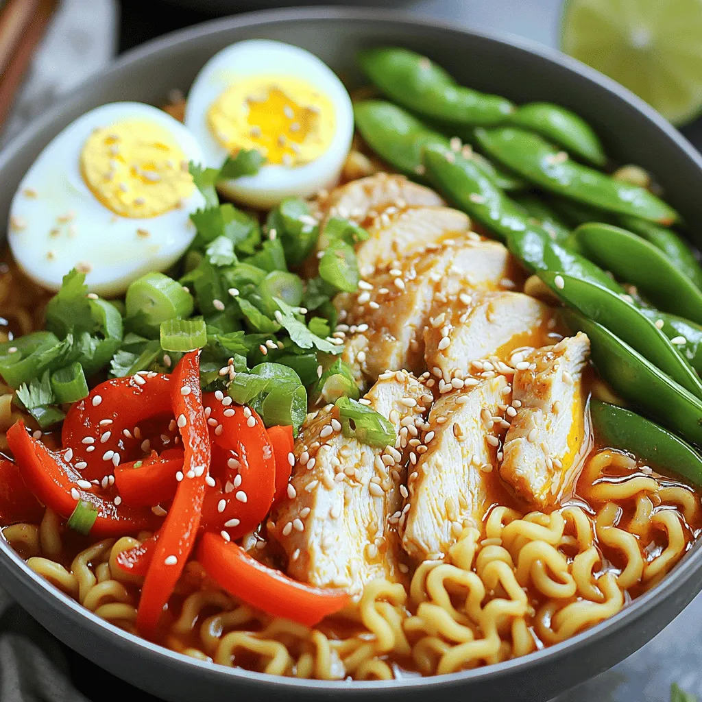 - 2 boneless, skinless chicken breasts - 4 cups chicken broth - 2 packs of instant ramen noodles (discard seasoning packets) The main ingredients create the base for your spicy chicken ramen. The chicken breasts provide protein and flavor. Instant ramen noodles cook quickly, making this dish easy. Chicken broth adds rich taste and warmth. - 2 tablespoons sesame oil - 3 cloves garlic, minced - 1 tablespoon fresh ginger, grated - 2 tablespoons soy sauce - 1 tablespoon chili paste (adjust for your spice preference) These flavor enhancers bring depth and excitement. Sesame oil adds a nutty taste. Garlic and ginger provide a fragrant kick. Soy sauce brings umami, while chili paste adds heat. You can adjust the chili paste to suit your spice level. - 1 red bell pepper, thinly sliced - 1 cup snap peas, trimmed - 2 green onions, chopped - Fresh coriander, for garnish Fresh add-ins brighten the dish. Red bell pepper adds sweetness and color. Snap peas give a nice crunch. Green onions bring a mild onion flavor. Fresh coriander adds a burst of freshness. These ingredients make your ramen bowl pop! For the full recipe, check [Full Recipe]. 1. Seasoning and cooking the chicken: Start by seasoning both sides of the chicken breasts with salt and pepper. Heat 1 tablespoon of sesame oil in a large skillet over medium heat. Once hot, add the chicken breasts. Cook for 6-7 minutes on each side. Make sure the chicken is cooked through and no longer pink inside. 2. Resting and slicing the chicken: After cooking, remove the chicken from the skillet. Let it rest for about 5 minutes. This helps the juices stay in. Then, slice the chicken thinly. 1. Sautéing garlic and ginger: In the same skillet, add the remaining tablespoon of sesame oil. Heat it up again. Add the minced garlic and grated ginger. Sauté for about 30 seconds, or until they smell great. Be careful not to burn them. 2. Combining broth with vegetables: Pour in 4 cups of chicken broth, along with 2 tablespoons of soy sauce and 1 tablespoon of chili paste. Stir it all together and bring it to a gentle simmer. Next, add the sliced red bell pepper and snap peas. Cook for 2-3 minutes, stirring often, until the veggies are tender but still crisp. 1. Boiling the noodles: While the broth simmers, bring a pot of water to a boil. Cook the ramen noodles according to the package instructions, usually about 3-4 minutes. Drain the noodles and set them aside when done. 2. Assembling the bowls: To put it all together, divide the cooked ramen noodles among four deep bowls. Carefully ladle the spicy broth and vegetables over the noodles. Make sure to distribute everything evenly. Top each bowl with the sliced chicken. If you want, halve the soft-boiled eggs and place them on top of the ramen. Now you have a hearty and spicy chicken ramen bowl that is sure to impress! For the complete recipe, check the [Full Recipe]. To get perfectly cooked chicken, start with even-sized pieces. I suggest using boneless, skinless chicken breasts. Season them well with salt and pepper. Heat sesame oil in a skillet over medium heat. Cook the chicken for 6-7 minutes on each side. Check that it is no longer pink inside. Let the chicken rest for 5 minutes before slicing it thinly. For the broth, you want it simmering gently. After sautéing garlic and ginger, pour in the chicken broth. Add soy sauce and chili paste, then stir. Bring this mixture to a gentle simmer. It helps to cook the veggies just right. Add the bell pepper and snap peas, cooking for 2-3 minutes. They should be tender but still crisp. Garnishes make your ramen bowl come alive. I recommend chopped green onions and fresh coriander. They add color and flavor. You can also include a soft-boiled egg for richness. Halve the eggs and place them on top of the ramen. For a great presentation, use deep bowls. Ladle the spicy broth and veggies over the noodles. Finish with a sprinkle of sesame seeds for crunch. A lime wedge on the side gives a zesty kick when squeezed over the dish. If you want to modify the chili paste, it's easy. Start with less than a tablespoon. You can always add more if needed. Taste the broth before serving to check the heat level. For a milder flavor, try using less chili paste or swapping it for sweet chili sauce. This gives a hint of spice without overwhelming the dish. You can also use some coconut milk for creaminess while reducing heat. For the full recipe, check the section above. {{image_4}} You can make a tasty vegetarian version. Swap chicken for tofu or tempeh. Both options soak up flavors well. Use firm tofu for the best texture. Instead of chicken broth, try vegetable broth. This keeps the dish rich and full of flavor. Look for low-sodium options to control salt levels. If you have kids, reduce the chili paste. Start with half a tablespoon, then taste the broth. You can always add more spice later. For those who love heat, try adding fresh chili or hot sauce. Sriracha or chili oil can add a fiery kick. Mix in a bit at a time to reach your desired level. Get creative with toppings! Sliced radishes add crunch and color. You can also use avocado slices for a creamy touch. Seasonal veggies are great, too. In spring, add asparagus or peas. In fall, try roasted pumpkin or mushrooms. Each season brings new flavors to enjoy. For the full recipe, check out the Spicy Chicken Ramen Bowls. To keep your spicy chicken ramen fresh, store leftovers in airtight containers. This method helps lock in flavor and keeps the dish safe to eat. Make sure the ramen cools down to room temperature before sealing it tight. Fresh ingredients like veggies should be kept separate if you plan to eat them later. They stay crisp this way. If you want to save your ramen for later, freeze the cooked ramen and broth separately. This keeps the noodles from getting mushy. Let each part cool fully before freezing. When you're ready to eat, thaw the broth in the fridge overnight. Heat it gently on the stove. For the noodles, just boil them in fresh water for a minute to warm up. Spicy chicken ramen lasts about three to four days in the fridge. Check for signs of spoilage before eating. If the broth smells sour or the noodles have a funky texture, toss them out. Safety first! Enjoy your delicious bowl while it's fresh for the best flavor. For a detailed recipe, refer to the Full Recipe. If you don't have chicken broth, don't worry! You can use vegetable broth as a substitute. It adds a nice flavor without meat. You can also use water mixed with spices. This will give a lighter taste. To make homemade broth, simmer water with bones, veggies, and herbs. Cook it slowly for a few hours. Strain it, and you have tasty broth ready to use. Yes, you can use other noodles! Soba noodles, udon, or even rice noodles work well. Each noodle has a unique taste and texture. Cooking times vary. For instance, soba noodles cook in about 4-5 minutes, while udon takes around 8-10 minutes. Always check the package for exact times to avoid overcooking. To make this dish gluten-free, choose gluten-free ramen noodles. Many brands offer great options that taste good. Also, swap soy sauce for gluten-free tamari. Check other sauces too! Always read labels to ensure they are gluten-free. This way, you can enjoy your ramen without worry. In this blog post, we covered a tasty chicken ramen that anyone can make. We discussed key ingredients, from chicken and noodles to flavorful add-ins. You learned simple steps to prepare the chicken and cook the broth. Tips helped with cooking and serving, plus variations for different tastes. Remember, you can adjust spice levels and storage methods to suit your needs. This dish is easy, comforting, and can be tailored in many ways, making it a great recipe for all. Dive into this fun kitchen project and enjoy your ramen!