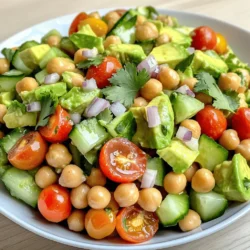 Let's dive into the fresh and vibrant components of this Avocado Chickpea Salad. Each ingredient brings its own unique flavor and texture, making this dish a delightful treat. Here’s what you need: - 1 can (15 oz) chickpeas, thoroughly rinsed and drained - 2 ripe avocados, diced into bite-sized pieces - 1 medium cucumber, diced - 1 cup cherry tomatoes, halved - 1/4 small red onion, finely chopped - 1/4 cup fresh cilantro, roughly chopped - Juice of 2 fresh limes - 2 tablespoons extra virgin olive oil - 1 teaspoon ground cumin - Salt and black pepper to taste Each ingredient plays a key role. The chickpeas add protein and a hearty texture. Ripe avocados bring creaminess and healthy fats. The cucumber adds a refreshing crunch, while cherry tomatoes offer a burst of sweetness. Red onion gives a slight bite, and cilantro adds a fresh herbaceous note. Lime juice and olive oil together create a zesty dressing, and cumin spices it up just right. By using these simple yet impactful ingredients, you’ll create a salad that is not just colorful but also packed with nutrients. For the full recipe, check out our detailed instructions to make this dish shine! - Rinse and drain chickpeas. - Dice avocados, cucumber, and cherry tomatoes. - Finely chop red onion and cilantro. Start by rinsing the chickpeas under cold water to remove any canning liquid. This step helps to improve the flavor. After draining, place them in a large bowl. Next, dice the avocados into bite-sized pieces. Use a sharp knife for clean cuts, making it easy to mix later. Then, chop the cucumber and cherry tomatoes. The cucumber adds crunch, while the tomatoes bring sweetness. Lastly, finely chop the red onion and cilantro. These ingredients add vibrant flavors to your salad. - Combine chickpeas and avocados in a bowl. - Add remaining diced ingredients and herbs. - Drizzle dressing and seasonings. In the same bowl, gently mix the chickpeas with the diced avocados. This keeps the avocado pieces intact. After that, add the cucumber, cherry tomatoes, and chopped onion. Toss them together to distribute the flavors evenly. Next, sprinkle the chopped cilantro over the salad. Drizzle the fresh lime juice and olive oil on top. This dressing brightens the dish. Finally, season with ground cumin, salt, and black pepper. Mix everything lightly so the avocados stay chunky. - Toss to combine without mashing avocados. - Allow to rest for flavor melding. Once everything is mixed, toss gently. You want to combine the ingredients without mashing the avocados. They should remain intact for the best texture. Let the salad sit for about 10 minutes. This resting time allows the flavors to meld beautifully. Enjoy your fresh and flavorful Avocado Chickpea Salad! For a complete guide, check the Full Recipe. - Use ripe avocados for best flavor and texture: Choose avocados that yield slightly when you press them. This softness means they are ripe and ready. Ripe avocados add creaminess to the salad and enhance the overall taste. - Let the salad sit to enhance flavors: After mixing, allow the salad to rest for about 10 minutes. This time lets the flavors blend and develop. The salad will taste even better after this short wait. - Adjust seasoning to personal taste: Everyone's taste buds are different. Start with a pinch of salt and pepper, then adjust as needed. Feel free to add more lime juice or cumin if you want a bolder flavor. - Serve in a large shallow bowl or individual plates: A wide bowl allows guests to see all the colorful ingredients. For a more personal touch, serve in individual plates to make it feel special. - Garnish with cilantro leaves and lime wedges: A few fresh cilantro leaves on top make the dish pop. Add a lime wedge for guests to squeeze over their salad, giving it a bright, zesty finish. For the complete recipe, check out the [Full Recipe]. {{image_4}} You can easily change this salad by adding protein. Grilled chicken or shrimp works well. Both add a nice texture and flavor. If you want a salty kick, try adding feta cheese. It blends perfectly with the creamy avocado. To make your salad even better, think about adding more veggies. Diced bell peppers add crunch and color. If you like heat, toss in some jalapeños. You can also switch up the herbs. Fresh mint or parsley gives a bright, fresh taste. Feel free to play with the dressing too. Instead of lime juice, you can use lemon juice. It gives a tangy twist. For a different flavor, try a balsamic vinaigrette. This adds a sweet and sour punch that makes the salad exciting. For the complete instructions, check the Full Recipe. Store leftovers in an airtight container in the fridge. This keeps the salad fresh and tasty. Make sure to seal it tight to avoid any odors from other foods. Consume within 2-3 days for best freshness. The avocados may brown after a couple of days. Eating it sooner ensures you enjoy the bright flavors and perfect texture. Not recommended for freezing due to texture changes. Freezing can make avocados mushy. If you want to save some, consider keeping the chickpeas separate from the avocado until you serve it. Generally up to 2-3 days if stored properly. Store it in an airtight container. This keeps the salad fresh and tasty. The flavors will meld together over time, but the avocados may brown. Yes, but consider adding avocados last to prevent browning. You can prepare the other ingredients in advance. Just mix them together and add the avocado when you are ready to serve. This way, the salad stays bright and appealing. It pairs well with grilled meats or as a light lunch on its own. You can enjoy it with grilled chicken or fish. This salad also makes a great side dish at any meal. For a quick lunch, serve it with some crusty bread. If you want more ideas, check out the Full Recipe for more tips! This Avocado Chickpea Salad combines fresh ingredients for a tasty dish. We reviewed key ingredients, from chickpeas to ripe avocados. I walked you through the simple steps for prep and mixing. Remember to let it rest for the best flavor. Feel free to adjust seasonings or add your favorite proteins. With tips on storage and serving, this salad is a versatile choice. Enjoy a healthy dish that is quick and fun to make!