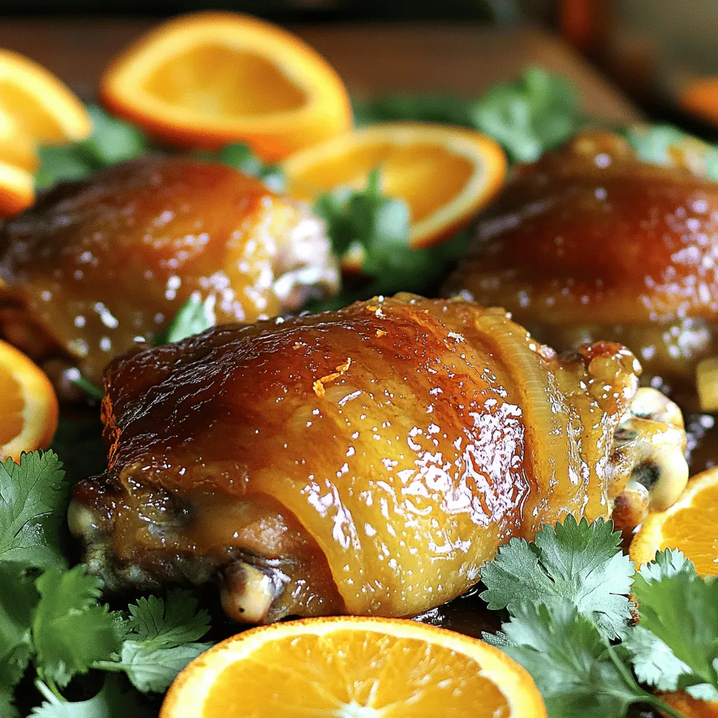 To make orange glazed chicken, gather these key ingredients: - 4 boneless, skinless chicken thighs - 1 cup fresh orange juice (about 3-4 oranges) - Zest of 1 medium orange - 1 tablespoon soy sauce - 2 tablespoons honey - 1 tablespoon cornstarch - 2 tablespoons olive oil - 3 cloves garlic, minced - 1 teaspoon fresh ginger, grated - Salt and black pepper to taste These ingredients create a bright and tasty dish. The fresh orange juice gives a sweet tang. The chicken thighs stay moist and tender. You can add these optional ingredients to enhance the dish: - Red pepper flakes for heat - Sesame oil for a nutty taste - Scallions for fresh crunch - Peanuts for added texture These extras can bring new layers of flavor. Feel free to mix and match based on what you like. To cook this dish, you will need: - Medium mixing bowl - Small bowl for the cornstarch slurry - Large skillet - Whisk and wooden spoon - Measuring cups and spoons - Knife and cutting board Using the right tools makes cooking easier. Each tool helps you make the dish come together smoothly. You can find the full recipe [Full Recipe]. Start by making the orange glaze. In a medium bowl, combine fresh orange juice, orange zest, soy sauce, honey, and grated ginger. Whisk it well until smooth. Save 1/4 cup of this mix for later. In another small bowl, mix the remainder with cornstarch. This creates a slurry that thickens your glaze. Now, prepare your chicken thighs. Season both sides with salt and black pepper. Heat olive oil in a large skillet over medium-high heat. When the oil shimmers, add the chicken. Sear each side for 5-7 minutes until golden brown. Make sure the chicken reaches 165°F (75°C) inside. This step keeps the chicken juicy and flavorful. Once cooked, pour the reserved orange juice mixture over the chicken. Let it simmer for 2-3 minutes to blend the flavors. Next, add the cornstarch slurry. Stir well for 1-2 minutes until the sauce thickens. This glaze should cling to the chicken. Remove from heat and let it rest for a few minutes. Serve the chicken on a platter, drizzling the thickened glaze on top. Garnish with chopped cilantro for a fresh touch. Enjoy your orange glazed chicken with rice or veggies for a complete meal. For the full recipe, check out the earlier section. For this orange glazed chicken, I use a skillet. It heats up fast and gives a nice sear. Searing adds flavor and keeps the meat juicy. Always preheat your skillet till it's hot before adding oil. This step helps to avoid sticking. Use medium-high heat for the best results. To get that beautiful glaze, use fresh orange juice. The zest adds more flavor, so don’t skip it. Make sure to set aside some juice for later. When you finish cooking the chicken, pour the reserved juice over it. Let it simmer for a couple of minutes. Stir in the cornstarch slurry, which thickens the sauce. Keep stirring until it clings to the chicken. One mistake is not seasoning the chicken enough. Always season both sides with salt and pepper. Another error is cooking the chicken at too low a heat. This can make it dry. Make sure to check the internal temperature; it should reach 165°F (75°C). Lastly, don’t rush the glaze. Let it simmer long enough to thicken properly. Following these tips will help you create the perfect orange glazed chicken. For the full recipe, refer to the section above. {{image_4}} You can easily swap chicken for other proteins. Try using pork tenderloin or shrimp. Both options work well with the orange glaze. Cooking times may change, so adjust as needed. For shrimp, cook until they turn pink. For pork, ensure it's cooked to 145°F (63°C). Feel free to get creative with the sauce. You can add chili sauce for heat or use maple syrup instead of honey. Adding a splash of balsamic vinegar adds depth and tang. If you want a sweeter sauce, add more honey or orange juice. You can also grill or bake the chicken. If grilling, preheat your grill to medium-high. Cook the chicken for about 6-8 minutes per side, brushing on the glaze near the end. For baking, place the chicken in a preheated oven at 400°F (200°C). Bake for 20-25 minutes, then glaze before serving. Each method brings out unique flavors. For the full recipe, don’t miss the chance to make this easy weeknight meal! To keep your orange glazed chicken fresh, first let it cool. Place it in an airtight container. This helps to lock in flavor and moisture. I recommend using glass containers for better storage. You can also use plastic ones if you prefer. Always separate the glaze from the chicken to maintain texture. When stored correctly, orange glazed chicken can last in the fridge for about 3 to 4 days. If you want to store it longer, consider freezing. Frozen chicken can last up to 3 months. Just remember to label your containers with the date. This way, you know when to use them. To reheat your orange glazed chicken, you have a few options. The oven works well. Preheat it to 350°F (175°C). Place the chicken in a baking dish and cover it with foil. Heat for about 20 minutes or until warm. You can also use a microwave. Just place the chicken on a microwave-safe plate. Heat for 1-2 minutes, checking often. If you have leftover glaze, drizzle it on top before serving. This will keep the flavors bright and tasty. For the full recipe, check back to the beginning. You can serve Orange Glazed Chicken with many sides. Here are some good options: - Steamed jasmine rice - Roasted vegetables - Stir-fried broccoli - Coconut rice - A fresh green salad These sides balance the sweet glaze and add more flavor to your meal. To add spice, you can use several methods. Try these ideas: - Add red pepper flakes to the glaze. - Mix in sriracha or hot sauce. - Use spicy soy sauce instead of regular. - Add minced jalapeños to the pan while cooking. These options give a nice heat to the dish without overpowering the orange flavor. Yes, you can use orange juice from concentrate. But fresh juice tastes better. If you use concentrate, pick one without added sugar. Mix it well to get the right flavor. You may need to adjust the sweetness in the glaze. Just taste as you go. This way, you can still enjoy a delightful Orange Glazed Chicken. For the full recipe, check out the details above. This article covered how to make delicious orange glazed chicken. You learned about the key ingredients, tools, and step-by-step cooking instructions. I shared tips to ensure a perfect glaze and how to avoid common mistakes. You also discovered variations and storage tips to enjoy leftovers. With these insights, you can create a tasty meal that impresses family and friends. Enjoy experimenting and making this dish your own!