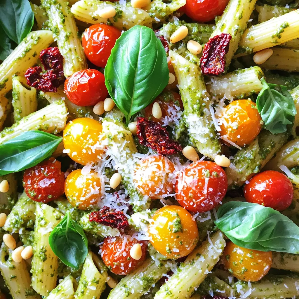 - Fresh cherry tomatoes - Sun-dried tomatoes in oil - Garlic and basil To make sun-dried tomato pesto pasta, you need fresh cherry tomatoes. They add sweetness and color. Next, use sun-dried tomatoes in oil for a rich taste. The garlic gives depth, while fresh basil brings a burst of flavor. - Pine nuts and Parmesan cheese - Extra virgin olive oil - Optional spices and pasta choice You should also have pine nuts and Parmesan cheese on hand. These ingredients add creaminess and crunch. Extra virgin olive oil helps blend everything into a smooth pesto. Pick your favorite pasta, like penne or fettuccine. If you like heat, add red pepper flakes for a spicy kick. For the full recipe, check out the detailed steps above! Start by filling a large pot with water. Add a good amount of salt to the water. Bring it to a vigorous boil over high heat. Once boiling, carefully add your pasta. Cook it according to the package instructions until it's al dente. This means it should be firm but not hard. Before draining, remember to reserve 1/2 cup of the starchy pasta cooking water. This will help your pesto mix well later. After that, drain the pasta and set it aside. Toss it occasionally to stop it from sticking. Grab your food processor. In it, combine the drained sun-dried tomatoes, halved cherry tomatoes, minced garlic, fresh basil leaves, toasted pine nuts, and grated Parmesan cheese. Pulse the mixture until everything is finely chopped. You may need to stop and scrape down the sides to ensure even mixing. With the processor running, slowly drizzle in the extra virgin olive oil. Keep blending until your pesto is smooth and creamy. If it feels too thick, add a few tablespoons of your reserved pasta water to reach the right consistency. In the same pot you used for the pasta, add your drained pasta back in. Pour the fresh sun-dried tomato pesto over the pasta. Toss everything together well, making sure each piece of pasta gets coated in that vibrant pesto. If the dish feels a bit dry, add more reserved pasta water, one tablespoon at a time. This will bring out a creamy texture that makes each bite delightful. To make your pesto shine, feel free to swap ingredients. Instead of pine nuts, use walnuts or almonds. You can also try adding spinach or arugula for a fresh twist. If you want a richer taste, add a bit of cream cheese. Adjusting the thickness of your pesto is easy. If it’s too thick, add a splash of the reserved pasta water. Blend it until it’s smooth. For a thicker pesto, use less olive oil. This gives it a nice, hearty feel. Choosing the right pasta can change your dish. I love using penne or fettuccine. They hold the pesto well and offer great texture. Cook your pasta in salted water. This adds flavor from the start. Timing is key in cooking. Start boiling your water first. When the water is boiling, add your pasta. While it cooks, prepare the pesto. This way, both will be ready at the same time. This keeps everything fresh and hot. For the full recipe, check out the Full Recipe section. Enjoy creating your sun-dried tomato pesto pasta! {{image_4}} You can switch up the pasta for your sun-dried tomato pesto dish. Whole grain pasta adds a nutty flavor. It also gives you more fiber. Gluten-free pasta works well too. It keeps the dish safe for those with gluten issues. Adding veggies is a fun twist. Try spinach, zucchini, or bell peppers. They bring color and nutrition. You can add them while cooking the pasta. Just toss them in for the last few minutes. This makes the dish even healthier. Want more protein? Chicken or shrimp can enhance your meal. Cook the chicken in a pan until golden brown. For shrimp, sauté them until they turn pink. Then mix them in with the pasta and pesto. This adds richness and makes the dish heartier. Experimenting with herbs adds layers of flavor. Oregano and thyme can complement the sun-dried tomatoes. You could also use parsley for a fresh taste. Just chop them finely and stir them into the dish. This small change can make a big difference in flavor. For the full recipe, check out the details above. After enjoying your sun-dried tomato pesto pasta, store any leftovers in an airtight container. Cool the pasta to room temperature before sealing it. Place it in the fridge for up to three days. For longer storage, you can freeze it in a freezer-safe container. It should last for about two months in the freezer. To reheat, simply take the pasta out of the fridge or freezer. If frozen, let it thaw overnight in the fridge. Then, heat it in a pot over low heat, adding a splash of water or olive oil to keep it moist. You can also use the microwave, but stir it every 30 seconds to heat evenly. In the fridge, your sun-dried tomato pesto pasta stays fresh for up to three days. If you see any signs of spoilage, it's best to toss it. Signs include a sour smell, discoloration, or mold. Always trust your senses. If it doesn’t look or smell right, it’s better to be safe and dispose of it. To make sun-dried tomato pesto, you need a few key ingredients. Gather these: - 1 cup sun-dried tomatoes in oil, drained - 2 cloves garlic, minced - 1/4 cup fresh basil leaves - 1/4 cup pine nuts, toasted - 1/2 cup Parmesan cheese, grated - 1/2 cup extra virgin olive oil Start by blending the sun-dried tomatoes, garlic, basil, pine nuts, and Parmesan in a food processor. Pulse until everything is finely chopped. Then, slowly add the olive oil while blending. This creates a smooth and tasty pesto. You can adjust the texture with some pasta water if needed. You can use fresh tomatoes, but there are pros and cons. Fresh tomatoes have a juicy, bright taste. They can add a nice freshness to the dish. However, they lack the intense flavor of sun-dried tomatoes. Sun-dried tomatoes provide a rich, tangy taste that pairs well with pasta. If you choose fresh tomatoes, consider adding a bit of extra seasoning to enhance the flavor. Sun-dried tomato pesto pasta goes well with many sides. Here are some ideas: - A simple green salad with a light dressing - Grilled vegetables for a smoky flavor - Garlic bread for a crunchy side - Roasted chicken or shrimp for added protein These options complement the pasta and create a balanced meal. To adjust the spice level, start with red pepper flakes. If you like it mild, skip them or use a small amount. For a spicy kick, add more red pepper flakes to your taste. You can also mix in some crushed black pepper. Just remember to add little by little, tasting as you go, to find your perfect spice level. This guide covered the key ingredients for a delicious sun-dried tomato pesto dish. We walked through making the pesto, cooking the pasta, and mixing everything together. Remember to play with flavors and textures, and try different pasta options. You can store leftovers or even freeze them. Cooking should be fun and creative. Enjoy your time in the kitchen with this tasty recipe!