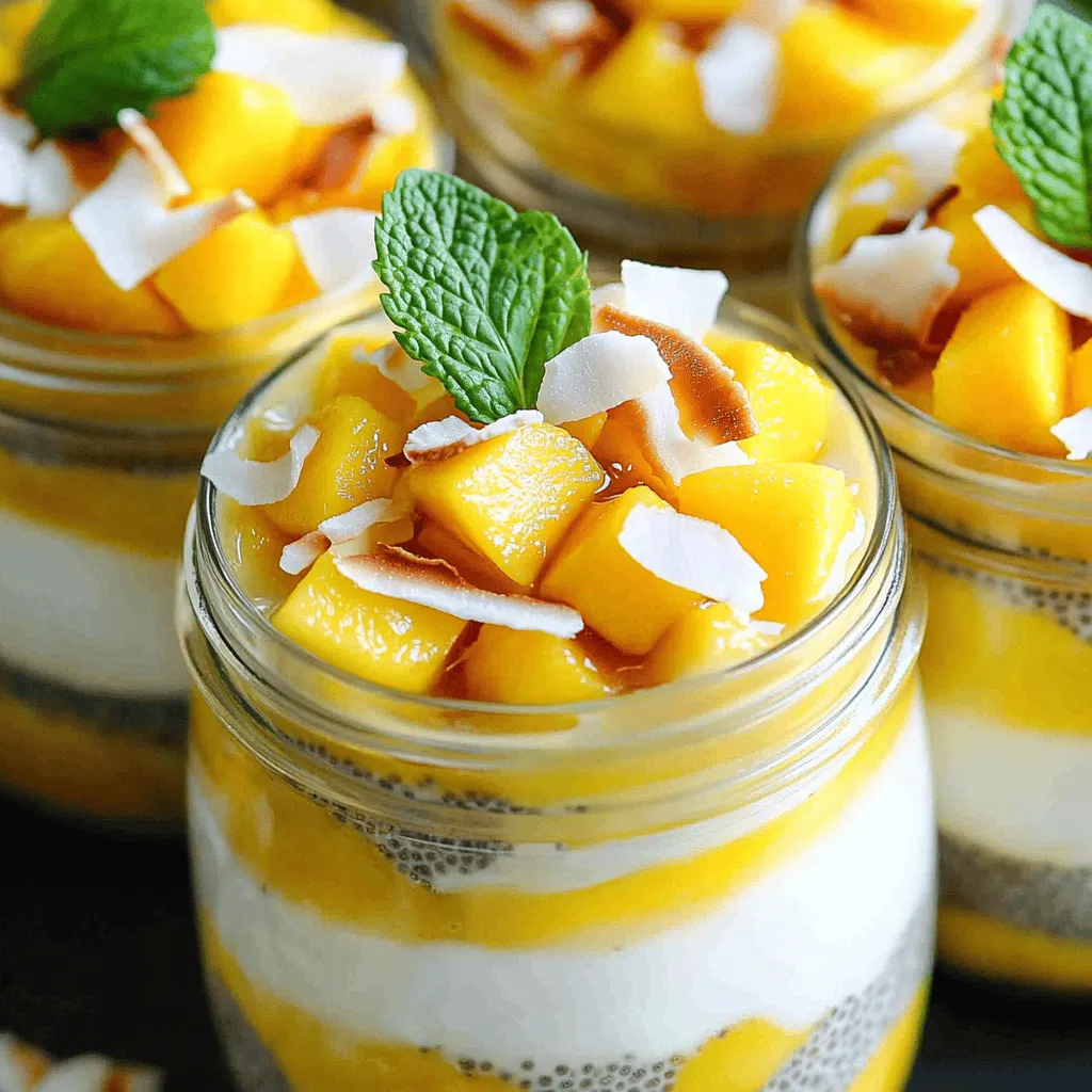 - 1 cup creamy coconut milk - 1/4 cup chia seeds - 2 tablespoons pure maple syrup (or honey) - 1 teaspoon pure vanilla extract - 1 ripe mango, diced - A pinch of sea salt - Optional garnishes: toasted coconut flakes, fresh mint leaves Mango Coconut Chia Pudding is simple yet delightful. It starts with creamy coconut milk. This milk gives the pudding a rich, smooth base. Next, we add chia seeds. These tiny seeds are packed with nutrients. They soak up the liquid and turn thick. Maple syrup or honey sweetens the mix. Vanilla extract adds a warm flavor. You’ll also need a ripe mango. This fruit brings a fresh taste and bright color. A pinch of sea salt enhances all the flavors. Optional garnishes include toasted coconut flakes and fresh mint leaves. These add a lovely touch. You can customize the pudding to your taste with these simple ingredients. For the full recipe, check out the details in the recipe section. - In a medium bowl, combine coconut milk, maple syrup, vanilla extract, and sea salt. - Use a whisk to blend until smooth. - Gradually fold in the chia seeds evenly. This step is key for a perfect pudding. If chia seeds aren’t mixed well, they can clump up. Make sure to mix them in gently but thoroughly. - Cover the bowl tightly with a lid or plastic wrap. - Place it in the refrigerator for at least 4 hours or overnight. Chilling helps the chia seeds absorb the liquid. The longer you let it sit, the thicker the pudding will become. Just be patient; good things take time! - After chilling, stir the pudding well. - If you want it creamier, add a splash of coconut milk. - Spoon the pudding into bowls or jars. - Layer with diced mango for a lovely pop of color. - Optionally, drizzle more maple syrup on top for extra sweetness. - Garnish with toasted coconut flakes and fresh mint leaves. These small touches make a big difference. The bright mango and crunchy coconut offer a nice contrast to the creamy pudding. For the full recipe, check the earlier section. To get the perfect blend, adjust the coconut milk. If you want it creamier, add more. The soaking time is key too. Let the chia seeds soak for at least 4 hours or overnight. This helps them absorb the liquid well and become thick. You can switch up the sweeteners in this recipe. Honey, agave, or even coconut sugar can change the taste. Also, try adding spices like cinnamon or nutmeg. These will give your pudding a warm flavor that brightens each bite. When serving, use clear jars. This shows off the beautiful layers of mango and pudding. For fun, add colorful straws or little tropical decorations. This makes your dish look festive and inviting, perfect for sharing. For the complete method, refer to the Full Recipe section. {{image_4}} You can mix it up by using other fruits. Diced pineapple adds a sweet zing. Berries bring a tart flavor and vibrant color. Kiwi offers a refreshing twist and bright green hue. Feel free to get creative and use what you love. If you want a dairy-free option, try almond or oat milk. Both provide a creamy base. They also add a unique flavor. Simply swap them for coconut milk in the recipe. Your pudding will still be delicious and smooth. Chia seeds are great, but you can try other seeds too. Flaxseed is a good choice for added nutrition. It has healthy fats and fiber. Just remember to grind them for better absorption. You can still make your pudding just as tasty. For the full recipe of Mango Coconut Chia Pudding, please refer to the recipe section above. Store your mango coconut chia pudding in airtight containers. This keeps it fresh and tasty. Make sure to seal them well before putting them in the refrigerator. Eat your chia pudding within 3-5 days. This helps you enjoy the best flavor and texture. After this time, it may lose its freshness and taste. You can freeze chia pudding for later. To do this, scoop it into a freezer-safe container. Leave some space at the top for expansion. When you’re ready to eat, thaw it in the fridge overnight. Stir well before serving. Enjoy this simple treat anytime! You can find the full recipe for mango coconut chia pudding [here](#). To make this pudding vegan, simply use pure maple syrup instead of honey. Make sure all your ingredients are plant-based. This swap keeps your pudding sweet and delicious while meeting vegan needs. Yes, you can prepare this pudding a day or two ahead. Just store it in the fridge. This makes it a great option for busy days. You’ll have a tasty treat ready to enjoy anytime. Chia seeds are small but mighty. They are packed with omega-3 fatty acids, which help your heart. They also have a lot of fiber, aiding digestion and keeping you full. Chia seeds provide protein and important minerals like calcium and magnesium. Including them in your diet is a smart choice for overall health. In this blog post, I covered how to make a delicious Mango Coconut Chia Pudding. I shared the key ingredients and the steps for preparing and serving it. I also included tips for perfecting the texture and flavor. You can even explore variations with different fruits and milk types. Enjoy this healthy treat as a quick snack or a fun dessert. It’s easy to store and packed with nutrition. Experiment with your favorite ingredients and make it your own!