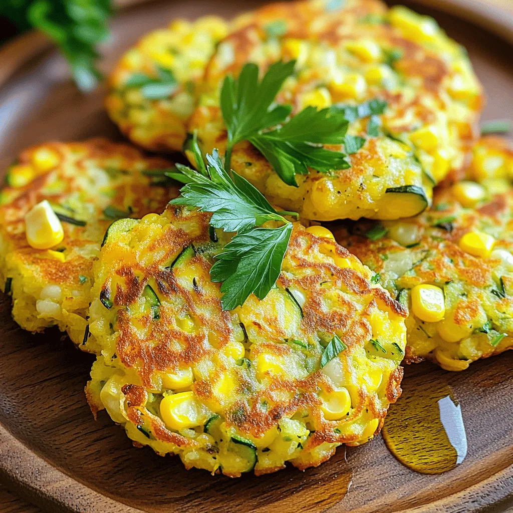 To make delicious zucchini corn fritters, you need fresh and simple ingredients. Here’s the list: - 2 medium zucchinis, grated and excess moisture squeezed out - 1 cup sweet corn kernels (fresh or frozen) - 1/2 cup all-purpose flour - 1/4 cup cornmeal - 2 large eggs - 1/4 cup green onions, finely chopped - 1/4 cup grated Parmesan cheese - 1 teaspoon baking powder - 1 teaspoon garlic powder - Salt and pepper to taste - Olive oil for frying - Optional: Fresh cilantro or parsley for garnish Each ingredient plays a vital role in the fritters’ flavor and texture. Grating the zucchini well and squeezing out the moisture makes the fritters crisp. Sweet corn adds a nice burst of flavor and sweetness. The flour and cornmeal create a sturdy base, while eggs help bind everything together. Adding Parmesan gives a rich taste, and green onions bring freshness. The baking powder makes the fritters light and fluffy, while garlic powder adds depth. Don't forget to season with salt and pepper to enhance all the flavors. Olive oil is key for frying, giving a golden, crispy finish. Optional garnishes like cilantro or parsley can add a nice touch. For the full recipe, check out the full recipe link. Grating Zucchini Start by grating the zucchinis. I like to use a box grater for this task. Grate them until they are fine and look like little shreds. Squeezing Out Moisture Next, place the grated zucchini in a clean kitchen towel. Gather the edges and twist to squeeze out as much moisture as you can. This is key! Too much moisture will make your fritters soggy. Combining Zucchini and Corn In a large bowl, mix the grated zucchini with sweet corn kernels. You can use fresh or frozen corn. Stir them well so that they blend together nicely. Preparing Dry Ingredients In another bowl, whisk together all-purpose flour, cornmeal, baking powder, garlic powder, salt, and pepper. Mix these dry ingredients until they are well combined. This ensures even flavor in your fritters. Heating the Oil Heat a generous layer of olive oil in a large skillet over medium heat. Wait until the oil shimmers slightly. This shows it’s hot enough for frying. Cooking Fritters Use a 1/4 cup measuring cup to scoop the fritter mixture. Drop it carefully into the skillet. Use the back of the cup to flatten the mixture into a patty. Don’t overcrowd the pan; cook in batches if needed. Each fritter should cook for about 3-4 minutes on one side until golden-brown and crispy. Draining Excess Oil Once cooked, remove the fritters from the skillet. Place them on a paper towel-lined plate to drain any extra oil. This helps keep them crispy. Repeat the cooking steps with the rest of the batter. For the full recipe, check the beginning of this article. To make your zucchini corn fritters crispy, the first step is to squeeze out moisture from the zucchini. This step is key. After grating the zucchini, place it in a clean kitchen towel. Twist the towel to remove as much liquid as you can. If the zucchini is too wet, the fritters will be soggy. Next, pay attention to your cooking temperature. Heat the oil over medium heat until it shimmers. If the oil is too cool, the fritters will absorb oil and become greasy. If it’s too hot, they will burn. When serving your fritters, consider some great pairing ideas. These fritters go well with a dollop of sour cream. You can also serve them with a tangy yogurt sauce for a tasty twist. For garnishing, fresh herbs like cilantro or parsley add a nice touch. Just sprinkle them on top before serving for a pop of color and flavor. Choosing the right pan is important for frying. A cast-iron skillet works best. It heats evenly and keeps the temperature stable. If you don’t have one, a non-stick skillet will do. For mixing and serving, use a large mixing bowl to combine your ingredients. A spatula is great for flipping the fritters in the pan. To scoop the batter, a 1/4 cup measuring cup works perfectly. For the full recipe, check out the Golden Zucchini Corn Fritters. {{image_4}} Sometimes, I like to switch up the ingredients in zucchini corn fritters. Here are some fun ways to do that: - Alternative Flours: You can use gluten-free flour, chickpea flour, or oat flour. Each type gives a unique taste and texture. - Adding Spices: Spice it up! Try cumin, paprika, or cayenne for a kick. You can also add dried herbs like oregano or thyme for extra flavor. If you have specific dietary needs, you can still enjoy these fritters. - Gluten-Free Version: Just swap the all-purpose flour with a gluten-free blend. It works well and keeps the fritters tasty. - Vegan Option: Replace the eggs with flaxseed meal or applesauce. Mix 1 tablespoon of flaxseed meal with 2.5 tablespoons of water. Let it sit for a few minutes to thicken. Want to make your fritters even better? Here are some ideas: - Herbs and Seasonings: Fresh herbs like basil, dill, or chives add brightness. Mix them in right before cooking for the best taste. - Cheese Varieties: Instead of Parmesan, try feta, goat cheese, or cheddar. Each cheese adds its own distinct flavor and creaminess to the fritters. These variations make the fritters fun and exciting, ensuring every batch is a bit different! For the full recipe, check out the [Full Recipe]. After cooking, let the fritters cool down properly. This step helps them stay crisp. Place them on a plate lined with paper towels to absorb extra oil. Once cooled, transfer the fritters to an airtight container. They can stay fresh in the fridge for about three days. For longer storage, you can freeze the fritters. First, lay them flat on a baking sheet. Make sure they are not touching. Freeze them for about an hour until solid. Then, transfer the frozen fritters to a freezer bag. Remove as much air as possible. They will keep well for up to three months. To thaw, take the fritters out of the freezer. Leave them in the fridge overnight. This method keeps them from getting soggy. When reheating, I suggest using the oven for best results. Preheat your oven to 375°F (190°C). Place the fritters on a baking sheet and heat for about 10 minutes. This method keeps them crispy. You can also use a microwave, but they may become soft. If you choose the microwave, heat them for about 30 seconds. Check and heat more if needed. Enjoy your crispy and flavorful snack! You can serve zucchini corn fritters with a variety of tasty sides. A fresh salad adds a nice crunch. You can also pair them with a dollop of sour cream or yogurt. For a kick, try a spicy salsa or a zesty dipping sauce. These options enhance the flavors and make your meal more fun. Yes, you can make the fritters ahead of time. Prepare the fritters as directed in the Full Recipe. After cooking, let them cool completely. Store them in an airtight container in the fridge. When you're ready to eat, just reheat them to enjoy that crispy texture again. Leftovers of zucchini corn fritters last about 3 to 4 days in the fridge. Make sure to store them in a sealed container. Check for any signs of spoilage before eating. If they look or smell off, it's best to throw them away. Using frozen zucchini is possible, but it's not the best choice. Frozen zucchini has more water, which can lead to soggy fritters. If you must use frozen zucchini, make sure to thaw and squeeze out the moisture well. This step helps keep your fritters crispy. The best way to reheat fritters is in a skillet. Heat a small amount of oil over medium heat. Add the fritters and cook for 2 to 3 minutes on each side. This method keeps them crispy. You can also use an oven set to 350°F. Bake for about 10 minutes until heated through. In this post, we covered everything about making zucchini corn fritters. We listed the ingredients needed and shared clear cooking steps. You learned helpful tips for crispy fritters and different variations to suit your taste. These fritters can be a tasty snack or meal. With the right techniques, they can impress anyone. Enjoy experimenting with ingredients and serving ideas. Now, get cooking and savor every bite!