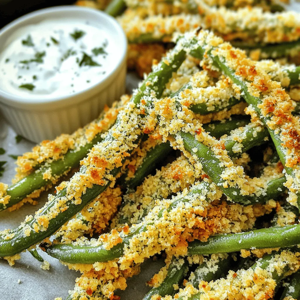- 1 pound fresh green beans, trimmed - 1 cup panko breadcrumbs - 1/2 cup freshly grated Parmesan cheese - 1 teaspoon garlic powder - 1 teaspoon onion powder - 1/2 teaspoon smoked paprika - Olive oil spray - 2 large eggs, beaten To create crispy air fryer green bean fries, you need a few key ingredients. Fresh green beans form the base. They bring a nice crunch and a bright flavor. Panko breadcrumbs add an extra layer of crispiness. Using freshly grated Parmesan cheese enhances the fries' savory profile. For seasoning, garlic powder, onion powder, and smoked paprika are essential. Garlic powder gives a nice kick. Onion powder adds a subtle sweetness. Smoked paprika lends a lovely depth of flavor. You will also need olive oil spray for that perfect golden finish. Beaten eggs act as the glue. They help the breadcrumbs stick to the green beans. Ready to dive into the full recipe? Check out the Full Recipe for step-by-step guidance! - Preheating the Air Fryer First, set your air fryer to 400°F (200°C). This heat helps cook the fries evenly and makes them crispy. Let it preheat for about 5 minutes. - Preparing the Coating Mixture In a medium bowl, mix together panko breadcrumbs, grated Parmesan cheese, garlic powder, onion powder, smoked paprika, salt, and pepper. Stir until everything is well combined. This mix adds flavor and crunch to the green beans. - Egg Dipping Process In a separate bowl, beat the two large eggs. Dip each green bean into the eggs, making sure to coat it well. Let any extra egg drip off. This step helps the breadcrumb mix stick to the beans. - Rolling in Breadcrumbs Next, take the egg-coated green bean and roll it in the breadcrumb mixture. Press gently so the crumbs stick well. This gives each fry a nice, crunchy coating. - Arranging in the Air Fryer Place the coated green beans in a single layer in the air fryer basket. Be sure not to overcrowd them. If needed, cook in batches to ensure they crisp up nicely. - Cooking Time and Techniques Lightly spray the green beans with olive oil. Air fry them for 8-10 minutes until they turn golden brown and crispy. Halfway through, shake the basket gently to help them cook evenly. Follow these steps for a tasty and simple snack that everyone will love! For the complete recipe, check out [Full Recipe]. To get your green bean fries nice and crispy, even coating is key. When you dip them in the egg, make sure they are fully covered. This helps the breadcrumbs stick and gives that crunch you want. After coating, roll each bean in the breadcrumb mix gently. Press down a little to ensure it sticks well. Using olive oil spray is another great tip. A light mist over the coated beans adds moisture, which helps them crisp up. It also adds a nice flavor. Don’t skip this step if you want that perfect crunch! When serving your green bean fries, think about the dips. They pair well with creamy ranch or zesty sriracha mayo. These sauces add fun flavors that make your snack even better. You can also sprinkle some extra grated Parmesan cheese on top for a tasty touch. Garnishing is simple. A few fresh herbs, like parsley or chives, can add color and freshness. It makes the dish look appealing too! One mistake many make is overcrowding the basket. If you pile too many beans in, they won’t crisp up well. It’s better to cook in batches. This way, each fry gets enough air and heat. Another mistake is skipping preheating. Always preheat your air fryer to 400°F (200°C) before cooking. This step helps the fries cook evenly and achieve that golden-brown color. Make sure to take this time to prepare your coating mix! {{image_4}} If you want a gluten-free snack, swap regular panko breadcrumbs for gluten-free ones. You can find these at most grocery stores. They provide the same crunch without the gluten. This change keeps your green bean fries tasty and safe for those with gluten sensitivities. For a dairy-free option, replace Parmesan cheese with nutritional yeast. It adds a cheesy flavor and is vegan-friendly. You can also try using vegan cheese shreds if you want a melty effect. This way, everyone can enjoy crispy green bean fries. You can boost the flavor of your green bean fries by adding spices. Try paprika, cayenne pepper, or even Italian herbs. A pinch of chili powder gives a fun kick. Mix these spices into the breadcrumb mixture for a zesty twist. Want to make your snack even healthier? Add other veggies! Carrot sticks or zucchini slices work great. Just cut them into fry shapes, coat them like green beans, and air fry. This adds color and nutrition to your snack. These green bean fries can be an appetizer or a side dish. Serve them as a starter with dipping sauces to impress guests. As a side, they pair well with burgers or grilled meats. Their versatility makes them a hit at any meal. Presentation matters! For a fun touch, serve the fries in a small basket lined with parchment paper. You can also sprinkle extra Parmesan on top for a gourmet look. Place a few dipping sauces on the side for extra flavor and fun. For the full recipe, check out the detailed guide on making crispy air fryer green bean fries! - Refrigeration Tips: Place leftover green bean fries in an airtight container. Store them in the fridge for up to three days. This keeps them fresh and tasty for snacking later. - Freezing Instructions: To freeze, arrange the green bean fries on a baking sheet. Make sure they do not touch each other. Freeze until solid, then transfer to a freezer-safe bag. They can last up to three months in the freezer. - Using the Air Fryer: For the best results, reheat in the air fryer at 350°F (175°C) for about 5 minutes. This will help restore their crispiness. - Oven Method: Preheat your oven to 375°F (190°C). Spread the fries on a baking sheet and bake for 10-12 minutes. This method also helps keep the texture nice and crispy. - Shelf Life in the Refrigerator: In the fridge, the fries stay good for about three days. Make sure to check for any signs of spoilage before eating. - Signs of Spoilage: Look for any off smells or changes in color. If they appear soggy or slimy, it's best to toss them. Enjoy your crispy air fryer green bean fries fresh for the best flavor! For the full recipe, refer to the earlier section. To make your green bean fries crispier, use panko breadcrumbs instead of regular ones. Panko gives a lighter and crunchier texture. Also, mist them with olive oil spray before cooking. This helps achieve that golden brown color. Don’t overcrowd the air fryer basket. Give them space to cook evenly. You can also shake the basket halfway through to ensure they crisp up all around. Yes, you can use frozen green beans. Just make sure to thaw and dry them well. Frozen beans may not be as crispy, but they still taste great. You may need to adjust the cooking time, so keep an eye on them. Look for a nice golden color as a sign they are done. Green bean fries taste amazing with many dipping sauces. Try creamy ranch for a classic taste. Zesty sriracha mayo adds a nice kick. You can also serve them with garlic aioli or a tangy barbecue sauce. Each sauce offers a fun twist to the flavor. You can easily change the seasoning for your green bean fries. Add cayenne pepper for heat or Italian herbs for a fresh taste. Try adding lemon zest for a citrusy kick. Use your favorite spices to make the dish more personal. The options are endless. Yes, this recipe is great for meal prep. You can make a large batch and store them. Keep the cooked green beans in the fridge for up to three days. To reheat, pop them back in the air fryer for a few minutes. This helps regain their crispiness. Enjoy your easy and tasty snack anytime! For the complete recipe, check out the Full Recipe. You now have a clear, step-by-step guide for making crispy green bean fries. We covered the right ingredients, coating techniques, and cooking methods to ensure great flavor. Remember to coat evenly and preheat your air fryer for the best results. Feel free to experiment with spices and serving styles to make the dish your own. With the right tips, you’ll avoid common mistakes and enjoy delicious green bean fries any time. Now, grab your ingredients and start cooking!
