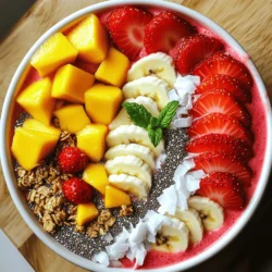 - 1 cup frozen strawberries - 1 cup frozen mango chunks - 1 ripe banana - 1 cup coconut milk (or any milk of choice) Fresh fruit is key in this smoothie bowl. Frozen strawberries and mango chunks bring a chill and fruity flavor. The ripe banana adds creaminess and natural sweetness. Coconut milk gives the bowl a rich taste, but you can use any milk you like. - 1 tablespoon honey or maple syrup - 1/4 teaspoon vanilla extract Sweeteners, like honey or maple syrup, can boost the flavor. A hint of vanilla extract adds warmth and depth. You can skip these if you prefer a less sweet smoothie bowl. - Freshly sliced strawberries - Diced mango - Crunchy granola - Chia seeds - Shredded coconut - Fresh mint leaves for garnish Toppings make your smoothie bowl fun! Freshly sliced strawberries and diced mango give it color and taste. Crunchy granola adds texture, while chia seeds and shredded coconut enhance the flavor. Finish with fresh mint leaves for a bright touch. For the full recipe, check out the instructions above. - Add frozen strawberries, frozen mango chunks, ripe banana, and coconut milk to the blender. - If you like sweetness, add honey or maple syrup and vanilla extract. - Blend these ingredients on high until smooth and creamy. Stop to scrape the sides if needed. If it’s too thick, add more coconut milk until it feels right. - Once blended, pour the mixture into a large, deep bowl. This will be your base. - Now for the fun! Arrange your toppings in a colorful way. Start with fresh slices of strawberries and diced mango. - Sprinkle crunchy granola for a nice texture. Add chia seeds and shredded coconut for flavor. - Top it all off with fresh mint leaves for a pop of color. - Serve your smoothie bowl right away for the best taste. - Use a spoon to enjoy every delicious bite of this refreshing treat! To get that ideal thickness for your smoothie bowl, start with coconut milk. If your blend is too thick, just add a splash more coconut milk. This helps to make it creamier and easier to eat. For blending, use a high-speed blender. Blend on high until everything is smooth. Pause to scrape down the sides if needed. This ensures all fruits mix well, resulting in a delightful, creamy texture. Arranging your toppings can make your bowl pop! Start with fresh slices of strawberries and mango. Then, add a sprinkle of crunchy granola. This gives a nice texture contrast. Use colorful fruits like kiwi or blueberries for more visual appeal. Garnishes like fresh mint leaves add a bright touch. The more colors you include, the more tempting your bowl looks! Try flavored yogurts to boost taste. Vanilla or coconut yogurt works wonders here. It adds a new layer of flavor to your smoothie bowl. Adding superfoods can also enhance nutrition. Consider chia seeds or hemp hearts. These tiny powerhouses pack a punch of health benefits, making your smoothie bowl even better. For the full recipe, check out the detailed instructions to create a strawberry mango smoothie bowl! {{image_4}} You can change up your smoothie bowl with other fruits. Try using blueberries or raspberries for a berry twist. These berries add a sweet and tart flavor. You can also mix in tropical fruits like pineapple or kiwi. They give your bowl an exciting new taste. Each fruit brings its own unique flavor and texture, making your smoothie bowl fun and different every time. If you need dairy-free options, use almond or oat milk instead of coconut milk. These choices keep your bowl creamy without dairy. For those avoiding nuts, soy or rice milk works well too. If you want to lower carbs or sugar, skip the honey or maple syrup. You can also use a sugar substitute like stevia. These tweaks help you enjoy a tasty smoothie bowl that fits your diet. To boost your smoothie bowl's nutrition, consider adding protein powder. This helps keep you full longer. You can also toss in greens like spinach. They blend in well and add vitamins without changing the taste. If you want more fiber, mix in oats or flaxseeds. These additions make your bowl not only delicious but also packed with nutrients. For the full recipe, check out the details above. To keep your leftover smoothie bowl fresh, store it in an airtight container. This helps prevent air from getting in and keeps your smoothie tasty. Glass jars or plastic containers work well. Make sure the container is clean and dry before adding the smoothie. You can keep it in the fridge for up to 24 hours. If you want to save your smoothie for later, freezing is a great option. Pour the blended smoothie into freezer-safe containers or bags. Try to use the smoothie within a month for the best taste. When freezing fruits, aim to use them within six months to keep their flavor strong. To thaw your frozen smoothie bowl, place it in the fridge overnight. This keeps it cold and tasty. If you’re in a hurry, you can use the microwave. Heat it in short bursts, stirring in between. Be careful not to overheat it, as this can change the texture. If it gets too thick, mix in a little coconut milk to help it blend smoothly again. A smoothie bowl is a thicker version of a regular smoothie. You serve it in a bowl instead of a glass. The key difference is in the texture. You blend fruits and liquids until they are creamy but not too thin. This allows you to add fun toppings on top. You can use fruits, seeds, nuts, or granola for extra crunch and flavor. Yes, you can make it ahead of time! To prep, blend your smoothie mixture and store it in the fridge. Use a tight-sealing container to keep it fresh. It’s best to eat smoothie bowls within 24 hours. You can also freeze the mixture for later. Just blend it fresh when you want to eat it. Making a vegan smoothie bowl is easy! Simply use plant-based milk like almond, soy, or oat milk. For sweeteners, choose maple syrup or agave nectar instead of honey. These swaps keep your smoothie bowl delicious and cruelty-free. You won’t miss any flavor, just the dairy! Yes, a strawberry mango smoothie bowl is very healthy! Strawberries and mangoes are full of vitamins. They offer fiber and antioxidants, too. Coconut milk adds creaminess and healthy fats. This bowl is a great way to start your day with energy. Enjoying a smoothie bowl can help you feel full and satisfied while tasting great. For the full recipe, check out the details above! This blog has shown you how to create a tasty smoothie bowl using simple ingredients. You learned about different fruits, optional sweeteners, and fun toppings to pick. We walked through easy steps for preparing and serving your bowl. I shared tips for the best texture and how to make it look great. In the end, don’t be afraid to mix and match flavors. Enjoy this healthy treat any time!
