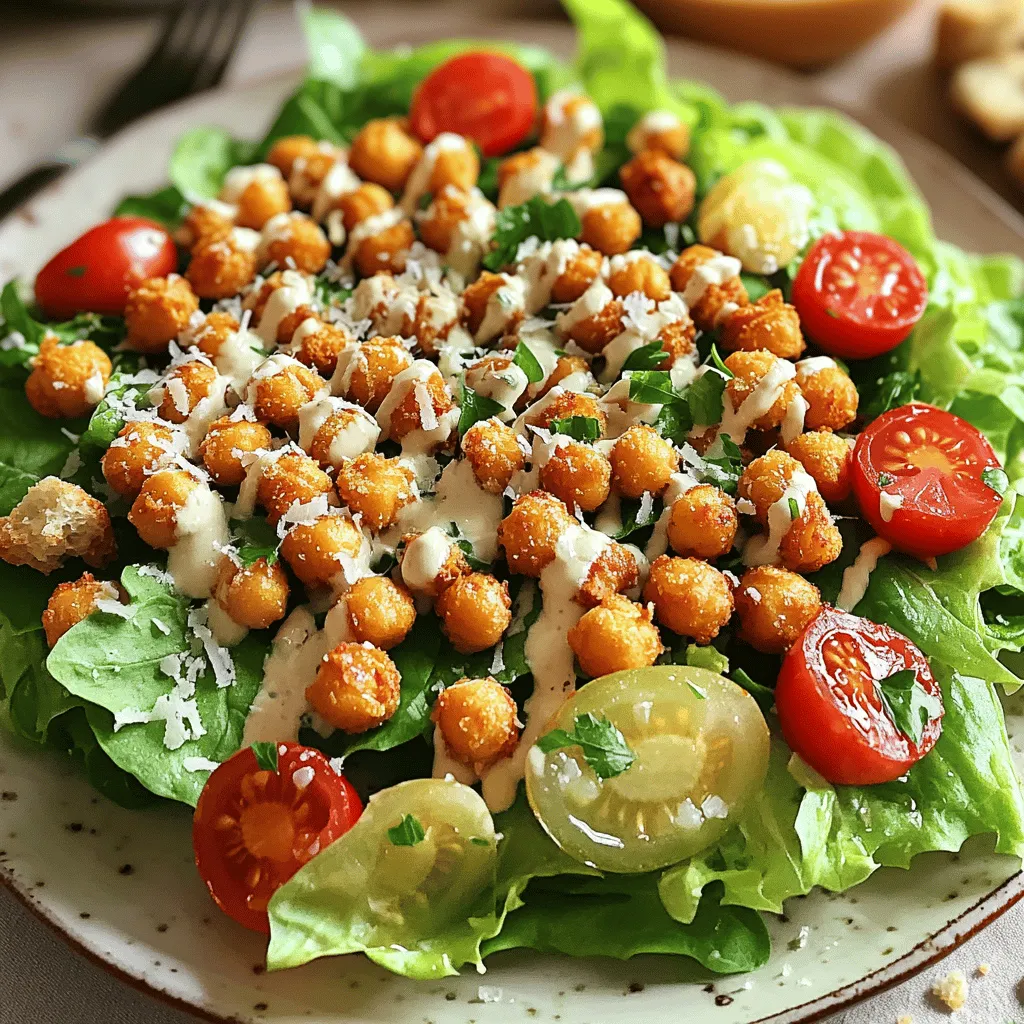 - 1 can (15 oz) chickpeas, drained and rinsed - 4 cups romaine lettuce, chopped into bite-sized pieces - 1/2 cup cherry tomatoes, sliced in half - 2 tablespoons olive oil - 1 teaspoon smoked paprika - 1 teaspoon garlic powder - Salt and pepper, to taste - 1/4 cup Parmesan cheese, shaved - Croutons (optional, for added crunch) - Fresh parsley, chopped, for garnish - 1/4 cup Caesar dressing (store-bought or homemade) - Check out links for homemade Caesar dressing recipes The key to this salad is fresh, simple ingredients. The chickpeas give a great crunch, while the romaine adds crispness. Cherry tomatoes bring a sweet burst of flavor. The right seasonings make all the difference. Olive oil adds richness, smoked paprika gives a smoky kick, and garlic powder provides depth. For toppings, I love shaved Parmesan cheese. It adds creaminess and a savory note. Croutons are optional, but they offer extra texture. Fresh parsley brightens the dish and makes it look beautiful. You can easily adjust the dressing, too. You can use store-bought Caesar dressing for speed. If you want to get creative, try making your own. This Crispy Chickpea Caesar Salad recipe is all about balance. Each ingredient works together to create a tasty and healthy meal. For the full recipe, check out the details provided earlier. First, preheat your oven to 400°F (200°C). This heat helps make the chickpeas crispy. In a mixing bowl, add the drained and rinsed chickpeas. Pour in 2 tablespoons of olive oil. Then, sprinkle 1 teaspoon of smoked paprika and 1 teaspoon of garlic powder over them. Add a pinch of salt and pepper, too. Toss everything well so the chickpeas are coated with the seasoning. Next, spread the seasoned chickpeas onto a baking sheet. Make sure they are in a single layer. This helps them roast evenly. While the chickpeas roast, grab a large salad bowl. Add 4 cups of chopped romaine lettuce and 1/2 cup of halved cherry tomatoes. Those bright tomatoes add a nice touch! Now, pour 1/4 cup of Caesar dressing over the greens. Gently toss everything together. The dressing should coat all the veggies well. When the chickpeas are golden and crispy, take them out of the oven. Let them cool for a few minutes. Then, add the warm chickpeas to your salad bowl. For a lovely finish, garnish with 1/4 cup of shaved Parmesan cheese. Sprinkle some fresh parsley on top for color. If you want extra crunch, toss in some croutons before serving. Serve right away. Enjoy the warm, crispy chickpeas with fresh, crunchy greens. For the full recipe, check the earlier section. To get perfectly crispy chickpeas, follow a few key steps. First, preheat your oven to 400°F (200°C). This hot temperature helps to dry out the chickpeas, making them crispy. Bake them for 25 to 30 minutes. Be sure to stir them halfway through. This step ensures even cooking and prevents burning. When you assemble your salad, coat the greens with dressing evenly. Start with a small amount of dressing and toss gently. You can always add more if needed. Aim for about a quarter cup of dressing for four cups of greens. This gives you the best flavor without making the salad soggy. Store leftover salad and chickpeas separately. This keeps the salad fresh and the chickpeas crispy. Use airtight containers to keep them fresh. For the chickpeas, place them in the fridge. To keep them crispy longer, reheat them in the oven for a few minutes before serving. This trick revives their crunch and flavor. If you want the full recipe, check out the Crispy Chickpea Caesar Salad recipe above! {{image_4}} You can make your crispy chickpea Caesar salad even better! Try adding avocado for creaminess. Sliced bell peppers bring a nice crunch and sweet flavor. You can also swap in different greens. Kale or spinach works well and adds more nutrients. While Caesar dressing is tasty, you can explore other options. Ranch dressing offers a creamy twist. A light vinaigrette can make it refreshing. Customizing your dressing lets you fit your taste and dietary needs. Enjoy experimenting to find your favorite flavor! If you want a vegan version, there are easy swaps. Use a dairy-free cheese or skip it entirely. For croutons, try baked chickpeas or seeds for crunch. Make sure all ingredients match your dietary needs. With a few tweaks, anyone can enjoy this salad! To keep your salad fresh, store leftovers in an airtight container. You can use glass or plastic containers. This helps keep the flavors locked in. Ideally, eat the salad within 2 days for the best taste and texture. If the chickpeas sit too long, they may lose their crispness. If you want to re-crisp the chickpeas, use the oven. Preheat it again to 400°F (200°C). Spread the chickpeas on a baking sheet and bake for 5-10 minutes. This will bring back their crunch. For the salad, add fresh greens or a little more dressing to brighten it up. Toss before serving to mix everything well. You can make this salad in parts to save time. Prepare the chickpeas and store them separately. Wash and chop your lettuce and veggies a day in advance. Keep them in the fridge in a sealed bag. Combine everything just before serving. This keeps the salad fresh and tasty. Enjoy the perfect mix of flavors right when you eat! Yes, you can use dried chickpeas. Here’s how to cook them: 1. Soak: Place 1 cup of dried chickpeas in a bowl. Cover them with water. Let them soak overnight. 2. Cook: Drain the soaked chickpeas. Add them to a pot with fresh water. Bring to a boil. Lower the heat and simmer for about 1 to 1.5 hours. 3. Test: The chickpeas are ready when they are soft but not mushy. Drain them well before using in the salad. Using dried chickpeas adds a great texture and taste. They are also more cost-effective and less salty than canned. To make this salad nut-free, skip any nut-based toppings. Here are some tasty substitutes: - Seeds: Try sunflower seeds or pumpkin seeds for crunch. - Cheese: Use more Parmesan cheese or try a nut-free cheese alternative. - Croutons: Make sure your croutons do not contain nuts. Many store-bought options are safe. These substitutes keep your salad crunchy and delicious without nuts. If you need a gluten-free salad, here are some options: - Gluten-Free Croutons: Look for croutons labeled gluten-free. Many brands offer them. - Homemade Croutons: Make your own using gluten-free bread. Cut it into cubes, toss with olive oil, and bake. - Alternative Crunch: Instead of croutons, use roasted chickpeas or seeds for added texture. These choices help you enjoy the salad without gluten. You can boost the protein in this salad with several tasty options: - Grilled Chicken: Add sliced grilled chicken breast for a hearty touch. - Tofu: Use firm tofu, grilled or sautéed, for a plant-based option. - Shrimp: Grilled shrimp adds a nice flavor and pairs well with Caesar dressing. These options make the salad filling and nutritious. For the full recipe, refer to the Crispy Chickpea Caesar Salad recipe above. We covered how to make a delicious chickpea salad. You learned about key ingredients, like chickpeas, greens, and tasty dressings. I shared easy steps to prepare and assemble the salad. You also got tips on perfecting crispy chickpeas and meal prep. In the end, customize your salad to suit your taste. Enjoy making this healthy dish your own! Happy cooking!