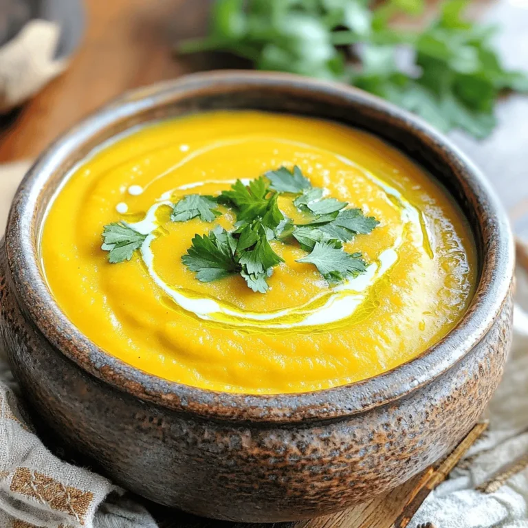 - 1 medium butternut squash, peeled and cut into 1-inch cubes - 1 cup coconut milk (canned, full-fat for creaminess) - 4 cups vegetable broth (low-sodium if preferred) The butternut squash gives the soup its sweet and creamy base. I love using coconut milk for a rich texture. Vegetable broth adds depth to the flavor, making each spoonful comforting. - 1 teaspoon ground ginger - 1 teaspoon ground cinnamon - 2 cloves garlic, minced - 1 medium onion, finely diced Ground ginger adds a warm kick. Ground cinnamon brings a hint of sweetness. Fresh garlic and onion are key for a savory kick. These aromas fill the kitchen and make cooking fun. - Fresh herbs for garnish (such as parsley or cilantro, finely chopped) - Sea salt and freshly ground black pepper to taste Fresh herbs add a pop of color and flavor. A sprinkle of sea salt and cracked pepper enhances the taste, making the soup perfect. For the full recipe, check out the detailed instructions on preparing this delightful dish. Peeling and Cutting the Butternut Squash Start by peeling the butternut squash. Use a sharp knife and be careful with your hands. Cut the squash in half, scoop out the seeds, and slice it into 1-inch cubes. This size helps it cook evenly and blend smoothly. Dicing the Onion and Carrots Next, take a medium onion and finely dice it. Then, chop two medium carrots into small pieces. These veggies add flavor and texture to the soup. Sautéing the Aromatics In a large pot, heat 1 tablespoon of extra virgin olive oil over medium heat. Add the diced onion and cook for about 5 minutes until it softens. Stir in 2 cloves of minced garlic and the diced carrots. Sauté for 2-3 minutes until they are fragrant. Adding Squash and Broth Now, add the butternut squash cubes to the pot. Pour in 4 cups of vegetable broth, and sprinkle in 1 teaspoon of ground ginger and 1 teaspoon of ground cinnamon. Stir the mixture well. Bring it to a boil, then lower the heat and let it simmer. Cover the pot and cook for 20 minutes or until the squash is fork-tender. Pureeing the Soup Once the squash is soft, use an immersion blender to puree the soup right in the pot. If you don’t have one, carefully transfer the soup to a stand blender in batches. Blend until the soup is smooth and creamy. Adding Coconut Milk and Seasoning Return the soup to the pot if you used a stand blender. Stir in 1 cup of coconut milk for a rich, creamy texture. Warm the soup on low heat, stirring often. Finally, season with sea salt and freshly ground black pepper to taste. For a complete guide, check out the Full Recipe. To make your soup shine, consider adding spices like nutmeg or cayenne. Nutmeg brings warmth, while cayenne adds heat. Both can elevate the taste and make your soup unique. If you want a thicker soup, blend in less broth or add more squash. You can also simmer the soup longer to reduce liquid. For making soup, use a heavy pot. A Dutch oven or stockpot works best. These pots distribute heat evenly, which helps cook the squash well. When blending, an immersion blender is great for convenience. It allows you to blend right in the pot. If you use a stand blender, do it in small batches to avoid spills. One big mistake is not cooking the squash long enough. Make sure it's fork-tender before you blend. This ensures a smooth soup. Another common error is skipping the coconut milk. This ingredient adds creaminess and flavor. Without it, your soup may taste flat. Enjoy making your vegan creamy butternut squash soup with these tips to help! You can find the Full Recipe for more details. {{image_4}} Adding Other Vegetables You can add many vegetables to your soup. Try sweet potatoes or parsnips for extra sweetness. Kale or spinach can add color and nutrients. Simply chop them and add them when you add the butternut squash. This soup is flexible! Using Different Types of Milk If coconut milk isn't your thing, try almond or cashew milk. Both options give a nice creaminess. You can also use oat milk for a lighter taste. Each milk changes the flavor just a bit, so feel free to experiment! Gluten-Free Options This soup is naturally gluten-free! All the ingredients are safe for those avoiding gluten. You don’t need to change a thing for this diet. Just follow the Full Recipe to keep it that way. Low-FODMAP Adjustments For a low-FODMAP version, skip the onion and garlic. You can use the green parts of scallions instead. They add flavor without the FODMAPs. Also, check the broth to ensure it is low-FODMAP friendly. Pairing with Bread or Salad This soup is perfect with warm bread. A nice crusty loaf or soft rolls work great. You can also serve it with a fresh salad for a complete meal. The crunch of the salad balances the soup's creaminess. Preparing as a Meal Prep Option This soup is great for meal prep. Make a big batch and store it in containers. It keeps well in the fridge for a week. You can also freeze it for up to three months! Just heat and enjoy when you want a quick meal. How long does vegan butternut squash soup last in the fridge? It lasts about 3 to 5 days. Store it in an airtight container to keep it fresh. What are the best storage containers? I recommend using glass containers with tight lids. They help maintain flavor and prevent spills. How do I freeze butternut squash soup? First, let the soup cool completely. Then, pour it into freezer-safe bags or containers. Leave some space for expansion as it freezes. What is the best way to reheat frozen soup? Thaw it in the fridge overnight. Then, reheat it on the stove over low heat. Stir often to warm it evenly. What are some creative ways to use leftover soup? You can blend it with pasta for a creamy sauce. You can also use it as a base for a grain bowl. How can I incorporate it into other dishes? Try using it as a sauce for roasted vegetables. You can also mix it into risotto for a rich flavor. Find more ideas in the Full Recipe. Vegan butternut squash soup lasts about 5 days in the fridge. Store it in an airtight container to keep it fresh. If you want to enjoy it later, consider freezing it. Frozen soup keeps well for about 3 months. Just thaw it in the fridge before reheating. Yes, you can use fresh herbs! Fresh herbs add a bright flavor. Use about three times more fresh herbs than dried. For example, if the recipe calls for 1 teaspoon of dried herbs, use 1 tablespoon of fresh. Fresh herbs like parsley or cilantro work great for garnish. An immersion blender is best for this soup. It allows you to blend right in the pot. This cuts down on cleanup, and you avoid spills. If you don’t have one, use a stand blender. Blend in small batches to prevent splatters. Always let the soup cool a bit before blending. To add heat, try a pinch of cayenne pepper or red pepper flakes. You can also add chopped jalapeños for a fresh kick. Another option is to include a dash of hot sauce at the end. Just taste as you go to find the right spice level for you. For the full recipe, check here: [Full Recipe]. This blog post covered all you need to make vegan butternut squash soup. We discussed key ingredients like squash, coconut milk, and vegetable broth, plus the right spices. I shared step-by-step instructions for preparing and cooking the soup. Remember, you can customize flavors and store leftovers easily. I hope you feel ready to create this delightful dish. Enjoy your cooking adventure!