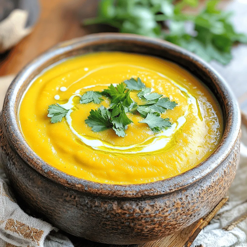 - 1 medium butternut squash, peeled and cut into 1-inch cubes - 1 cup coconut milk (canned, full-fat for creaminess) - 4 cups vegetable broth (low-sodium if preferred) The butternut squash gives the soup its sweet and creamy base. I love using coconut milk for a rich texture. Vegetable broth adds depth to the flavor, making each spoonful comforting. - 1 teaspoon ground ginger - 1 teaspoon ground cinnamon - 2 cloves garlic, minced - 1 medium onion, finely diced Ground ginger adds a warm kick. Ground cinnamon brings a hint of sweetness. Fresh garlic and onion are key for a savory kick. These aromas fill the kitchen and make cooking fun. - Fresh herbs for garnish (such as parsley or cilantro, finely chopped) - Sea salt and freshly ground black pepper to taste Fresh herbs add a pop of color and flavor. A sprinkle of sea salt and cracked pepper enhances the taste, making the soup perfect. For the full recipe, check out the detailed instructions on preparing this delightful dish. Peeling and Cutting the Butternut Squash Start by peeling the butternut squash. Use a sharp knife and be careful with your hands. Cut the squash in half, scoop out the seeds, and slice it into 1-inch cubes. This size helps it cook evenly and blend smoothly. Dicing the Onion and Carrots Next, take a medium onion and finely dice it. Then, chop two medium carrots into small pieces. These veggies add flavor and texture to the soup. Sautéing the Aromatics In a large pot, heat 1 tablespoon of extra virgin olive oil over medium heat. Add the diced onion and cook for about 5 minutes until it softens. Stir in 2 cloves of minced garlic and the diced carrots. Sauté for 2-3 minutes until they are fragrant. Adding Squash and Broth Now, add the butternut squash cubes to the pot. Pour in 4 cups of vegetable broth, and sprinkle in 1 teaspoon of ground ginger and 1 teaspoon of ground cinnamon. Stir the mixture well. Bring it to a boil, then lower the heat and let it simmer. Cover the pot and cook for 20 minutes or until the squash is fork-tender. Pureeing the Soup Once the squash is soft, use an immersion blender to puree the soup right in the pot. If you don’t have one, carefully transfer the soup to a stand blender in batches. Blend until the soup is smooth and creamy. Adding Coconut Milk and Seasoning Return the soup to the pot if you used a stand blender. Stir in 1 cup of coconut milk for a rich, creamy texture. Warm the soup on low heat, stirring often. Finally, season with sea salt and freshly ground black pepper to taste. For a complete guide, check out the Full Recipe. To make your soup shine, consider adding spices like nutmeg or cayenne. Nutmeg brings warmth, while cayenne adds heat. Both can elevate the taste and make your soup unique. If you want a thicker soup, blend in less broth or add more squash. You can also simmer the soup longer to reduce liquid. For making soup, use a heavy pot. A Dutch oven or stockpot works best. These pots distribute heat evenly, which helps cook the squash well. When blending, an immersion blender is great for convenience. It allows you to blend right in the pot. If you use a stand blender, do it in small batches to avoid spills. One big mistake is not cooking the squash long enough. Make sure it's fork-tender before you blend. This ensures a smooth soup. Another common error is skipping the coconut milk. This ingredient adds creaminess and flavor. Without it, your soup may taste flat. Enjoy making your vegan creamy butternut squash soup with these tips to help! You can find the Full Recipe for more details. {{image_4}} Adding Other Vegetables You can add many vegetables to your soup. Try sweet potatoes or parsnips for extra sweetness. Kale or spinach can add color and nutrients. Simply chop them and add them when you add the butternut squash. This soup is flexible! Using Different Types of Milk If coconut milk isn't your thing, try almond or cashew milk. Both options give a nice creaminess. You can also use oat milk for a lighter taste. Each milk changes the flavor just a bit, so feel free to experiment! Gluten-Free Options This soup is naturally gluten-free! All the ingredients are safe for those avoiding gluten. You don’t need to change a thing for this diet. Just follow the Full Recipe to keep it that way. Low-FODMAP Adjustments For a low-FODMAP version, skip the onion and garlic. You can use the green parts of scallions instead. They add flavor without the FODMAPs. Also, check the broth to ensure it is low-FODMAP friendly. Pairing with Bread or Salad This soup is perfect with warm bread. A nice crusty loaf or soft rolls work great. You can also serve it with a fresh salad for a complete meal. The crunch of the salad balances the soup's creaminess. Preparing as a Meal Prep Option This soup is great for meal prep. Make a big batch and store it in containers. It keeps well in the fridge for a week. You can also freeze it for up to three months! Just heat and enjoy when you want a quick meal. How long does vegan butternut squash soup last in the fridge? It lasts about 3 to 5 days. Store it in an airtight container to keep it fresh. What are the best storage containers? I recommend using glass containers with tight lids. They help maintain flavor and prevent spills. How do I freeze butternut squash soup? First, let the soup cool completely. Then, pour it into freezer-safe bags or containers. Leave some space for expansion as it freezes. What is the best way to reheat frozen soup? Thaw it in the fridge overnight. Then, reheat it on the stove over low heat. Stir often to warm it evenly. What are some creative ways to use leftover soup? You can blend it with pasta for a creamy sauce. You can also use it as a base for a grain bowl. How can I incorporate it into other dishes? Try using it as a sauce for roasted vegetables. You can also mix it into risotto for a rich flavor. Find more ideas in the Full Recipe. Vegan butternut squash soup lasts about 5 days in the fridge. Store it in an airtight container to keep it fresh. If you want to enjoy it later, consider freezing it. Frozen soup keeps well for about 3 months. Just thaw it in the fridge before reheating. Yes, you can use fresh herbs! Fresh herbs add a bright flavor. Use about three times more fresh herbs than dried. For example, if the recipe calls for 1 teaspoon of dried herbs, use 1 tablespoon of fresh. Fresh herbs like parsley or cilantro work great for garnish. An immersion blender is best for this soup. It allows you to blend right in the pot. This cuts down on cleanup, and you avoid spills. If you don’t have one, use a stand blender. Blend in small batches to prevent splatters. Always let the soup cool a bit before blending. To add heat, try a pinch of cayenne pepper or red pepper flakes. You can also add chopped jalapeños for a fresh kick. Another option is to include a dash of hot sauce at the end. Just taste as you go to find the right spice level for you. For the full recipe, check here: [Full Recipe]. This blog post covered all you need to make vegan butternut squash soup. We discussed key ingredients like squash, coconut milk, and vegetable broth, plus the right spices. I shared step-by-step instructions for preparing and cooking the soup. Remember, you can customize flavors and store leftovers easily. I hope you feel ready to create this delightful dish. Enjoy your cooking adventure!