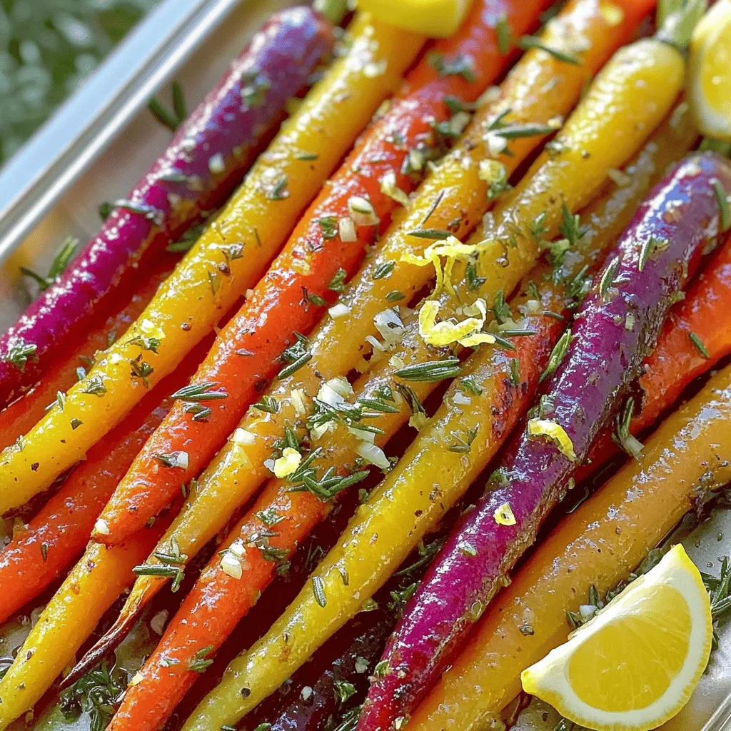 To make Garlic Herb Roasted Rainbow Carrots, you will need a few key ingredients. Here’s the list: - Rainbow carrots - Garlic - Fresh herbs (rosemary, thyme) - Olive oil - Lemon (zest and juice) - Seasoning (salt, pepper) Each ingredient plays a special role in this dish. Rainbow carrots bring color and a sweet flavor. Garlic adds depth and aroma. Fresh herbs like rosemary and thyme give a lovely, earthy taste. Olive oil helps everything roast to perfection. Lemon zest adds brightness, while the juice enhances the overall flavor. Using fresh ingredients is vital. They make the dish lively and flavorful. I love how each bite combines the sweet carrots with the strong garlic and fresh herbs. This dish is not just food; it’s a feast for the eyes and palate. For the full recipe, check out the detailed instructions I provided earlier. You will love how simple it is to create this tasty side dish! Set your oven temperature to 425°F (220°C). This hot oven helps the carrots roast well. While it heats, line a baking sheet with parchment paper. This makes cleanup easy and helps prevent sticking. In a large mixing bowl, add 1 pound of rainbow carrots. Peel and slice them into uniform sticks. Next, add 4 cloves of minced garlic, 2 tablespoons of finely chopped rosemary, and 1 tablespoon of finely chopped thyme. Pour in 3 tablespoons of extra virgin olive oil. Season the mix with salt and freshly ground black pepper to taste. Mix everything well. Toss until the carrots are coated in oil, garlic, and herbs. Now, transfer the seasoned carrot sticks to the baking sheet. Arrange them in a single layer. This helps them cook evenly. Place the baking sheet in your preheated oven. Roast the carrots for about 25-30 minutes. Halfway through, stir the carrots gently. This ensures they brown evenly and get that lovely golden color. Once the carrots are tender and caramelized, take them out of the oven. Zest a lemon over the carrots for a fresh aroma, and drizzle fresh lemon juice on top. Toss the carrots gently to mix in the zest and juice. Now, every bite will burst with flavor! For the full recipe, check out the detailed instructions above. To make your Garlic Herb Roasted Rainbow Carrots shine, focus on the texture and color. First, choose carrots that are firm and brightly colored. This ensures they roast well and look great. Cut them into even sticks. This step helps them cook at the same rate. When you roast, aim for a golden brown outside and a tender inside. Even flavor is key. After mixing the carrots with the garlic and herbs, toss them well. Use your hands for this. This way, every bite gets that tasty garlic and herb goodness. Spread the carrots out on the baking sheet. They should not touch each other. This allows hot air to circulate, cooking them evenly. Serving your carrots can be fun! Use a large, colorful platter. Arrange the carrots in a fan shape or a rainbow pattern. This highlights their vibrant colors. To make them pop even more, add fresh herbs like parsley or thyme on top. Garnish with lemon wedges. Place them around the carrots for a bright touch. You can also drizzle extra lemon juice over the carrots just before serving. This adds a fresh, zesty flavor. The colors and the flavors will impress everyone at your table! For the full recipe, you can refer to the details provided earlier. {{image_4}} You can change the flavor of Garlic Herb Roasted Rainbow Carrots with different spices. For a warm kick, try adding cumin or paprika. If you love heat, a pinch of red pepper flakes works well too. You can also add smoked paprika for a nice smoky flavor. Herbs can also bring a new twist. Instead of rosemary and thyme, use dill for a fresh taste. Oregano or parsley can give a Mediterranean flair. For a sweet note, try adding some chopped fresh mint. You can mix and match to find your favorite flavor combo. These colorful carrots pair well with many dishes. Serve them alongside grilled chicken or fish for a healthy meal. They also work great with roasted meats like pork or beef. For a vegetarian option, enjoy them with quinoa or lentils. Get creative by adding roasted carrots to salads. They make a great topping for mixed greens. You can also use them in wraps or sandwiches for extra crunch and color. These carrots can shine in many meals, so don’t hesitate to experiment! For the full recipe, check out the Garlic Herb Roasted Rainbow Carrots! When you have leftover garlic herb roasted rainbow carrots, let them cool first. Place them in an airtight container. This helps keep them fresh. Store them in the fridge. They stay good for about 3 to 5 days. If you want to keep them longer, freeze them. Just remember, frozen carrots taste best within three months. To reheat your carrots, use the oven or a skillet. This keeps the carrots crispy and tasty. Preheat the oven to 350°F (175°C). Spread the carrots on a baking sheet and heat for about 10-15 minutes. If using a skillet, add a little olive oil and heat on medium. Stir gently until warm. You can also get creative with leftovers. Add them to a salad for crunch. Toss them in a wrap with hummus and greens. You can even blend them into a soup for a veggie boost. Enjoy experimenting with these delicious carrots! Yes, you can use regular carrots. They work just fine. However, rainbow carrots offer more color and flavor. You get a mix of sweet and earthy tastes. This makes your dish look vibrant and appealing. Plus, rainbow carrots have more nutrients. They can be a fun way to brighten up your plate. To make this recipe vegan, swap out the olive oil. You can use avocado oil or melted coconut oil instead. Both options will keep the flavor rich. For seasonings, use salt and pepper as usual. Feel free to add a splash of balsamic vinegar for extra depth. This change keeps the dish light while adding a nice twist. These roasted carrots pair well with many dishes. You can serve them alongside grilled chicken or fish. They also complement roasted meats beautifully. For a vegetarian option, try them with quinoa or a fresh salad. These carrots work great in a veggie wrap too. Their flavor and color make any meal special. If you use a convection oven, lower the temperature by 25°F. This helps cook the carrots evenly. Check for doneness a few minutes earlier than the recipe suggests. In a conventional oven, follow the recipe as is. Make sure to stir the carrots halfway through. This ensures they roast evenly and get that golden color. Roasting rainbow carrots with garlic and fresh herbs is fun and simple. You gather key ingredients, mix them up, and roast to perfection. Remember to preheat your oven and use parchment paper for easy cleanup. Explore tips for great texture and stunning presentations. Don't hesitate to experiment with new seasonings and serving ideas. Storing leftovers correctly keeps them fresh for next time. Enjoy this tasty, colorful dish that brightens any meal!
