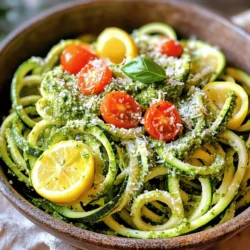 To make this fresh and tasty delight, gather these simple ingredients: - 8 oz spaghetti or desired pasta type - 2 medium zucchinis (spiralized or sliced) - 1 cup fresh basil leaves - 1/4 cup pine nuts (or walnuts) - 1/4 cup grated Parmesan cheese or nutritional yeast - 2 cloves garlic - 1/4 cup extra virgin olive oil - Salt and black pepper to taste - Handful of cherry tomatoes - Zest of 1 lemon Each ingredient plays a key role in bringing this dish to life. The zucchini adds a nice crunch, while the basil gives a fresh flavor. Pine nuts or walnuts provide a rich, nutty taste. You can choose Parmesan for a creamy touch or use nutritional yeast for a vegan option. Garlic adds depth, and the olive oil ties everything together. Don't forget the lemon zest! It brightens the dish and lifts all the flavors. For the full recipe, check the earlier section. Start by bringing a large pot of water to a boil. Make sure to add a good amount of salt to enhance the flavor. Once the water is boiling, add the spaghetti. Cook it until it reaches al dente, which usually takes about 8 to 10 minutes. Before you drain the pasta, remember to save about half a cup of the pasta cooking water. This water will help later on. While the pasta cooks, let’s make the pesto. In a food processor, add fresh basil leaves, pine nuts, grated Parmesan cheese, and minced garlic. Pulse this mixture until everything is finely chopped and well blended. Next, keep the food processor running and slowly pour in the olive oil. Blend until it becomes smooth and creamy. Taste your pesto! Season it with salt and pepper. If it's too thick, add a little of the reserved pasta water to reach the right consistency. Now, let’s prepare the zucchini. Heat a splash of olive oil in a large skillet over medium heat. Add the zucchini ribbons to the skillet. Sauté them for about 3 to 4 minutes. You want them to be soft but still have a bit of crunch. Lightly season with salt and pepper to bring out the flavors. With the zucchini ready, it’s time to bring everything together. Add the drained pasta to the skillet with the zucchini. Pour in your fresh pesto, and mix everything well. If the pasta seems too dry, add some of the reserved pasta water. This will help the pesto coat the pasta evenly. Finally, it’s time to serve your beautiful dish. Place the pasta in warm bowls. Top each serving with halved cherry tomatoes for a nice pop of color. Finish with a sprinkle of lemon zest to brighten the flavors. Enjoy your Zucchini and Basil Pesto Pasta, a fresh and tasty delight! For the complete recipe, check the Full Recipe section. To make your zucchini and basil pesto pasta shine, you can add extra herbs like parsley or mint. These herbs bring freshness to your dish. You can also spice it up with a pinch of red pepper flakes for heat. When making your pesto, aim for a smooth texture but keep it thick enough to cling to the pasta. If it gets too thick, just add a bit of reserved pasta water to loosen it. To keep your pasta al dente, cook it for about two minutes less than the package says. This helps maintain a slight bite. Remember to stir it occasionally while cooking. For sautéing zucchini, use medium heat. This way, they will soften without turning mushy. Cook for just 3-4 minutes until they are slightly tender and still have a little crunch. For a beautiful plate, consider garnishing with fresh basil leaves or a light drizzle of olive oil. You can also add halved cherry tomatoes on top for a pop of color. If you want to impress your guests, serve this dish in warm bowls. This small touch can make your meal feel special, perfect for any occasion. For a fun twist, you might even pair this dish with some crusty bread on the side. {{image_4}} You can switch up the pasta to fit your needs. If you want gluten-free, try rice or quinoa pasta. For whole grain, whole wheat spaghetti works great. You can also use spiralized carrots or sweet potatoes for a fun twist. They add color and taste. Adding protein makes your dish heartier. You can toss in chickpeas, which blend well with pesto. If you prefer meat, grilled chicken is a tasty choice. For a vegan option, try tofu or tempeh. Both soak up flavors well and add protein. Pesto is not just basil! You can try spinach or arugula for a different taste. Some people like adding cream for a richer sauce. Others prefer a fresh tomato sauce. Feel free to experiment until you find your favorite blend. Check out the Full Recipe for more ideas! After enjoying your Zucchini and Basil Pesto Pasta, store leftovers in the fridge. Use an airtight container to keep it fresh. It’s best to refrigerate within two hours of cooking. This will help prevent bacteria growth. To reheat, add a splash of water to the pasta. This keeps it moist and helps revive the texture. Heat it on low in a skillet. Stir gently so it warms evenly. You can also use a microwave, but cover the dish to trap steam. If you have more leftovers, freezing is a great option. First, cool the pasta and pesto completely. Then, place them in separate freezer-safe bags. Remove as much air as possible to avoid freezer burn. To thaw, move the bags to the fridge overnight. For a quick thaw, place the bags in cold water. When ready to eat, reheat the pasta in a skillet with a bit of olive oil. Add the pesto once the pasta is warm. Stir well to combine. This way, you maintain the flavors and texture of your tasty dish. For the full recipe, check out the Zesty Zucchini Basil Pesto Pasta recipe above. You can easily make the pesto vegan by replacing the cheese. Use nutritional yeast instead of Parmesan. This option gives a cheesy flavor without using dairy. For a nut-free version, skip the cheese and use sunflower seeds or hemp seeds. You can also add a little lemon juice for a tangy kick. You can use many pasta types for this dish. Spaghetti is a classic choice, but you can try penne, fusilli, or fettuccine. Each shape holds the sauce differently. If you want a gluten-free option, look for brown rice or quinoa pasta. These options work well with the zucchini and basil pesto. Yes, you can prepare this dish ahead of time. Cook the pasta and zucchini, then store them separately. Make the pesto and keep it in the fridge. It stays fresh for up to a week. When you're ready to eat, combine everything in a pan and heat gently. This method keeps the pasta from getting mushy. In this post, we explored a simple yet delicious dish featuring pasta, zucchini, and homemade pesto. We covered the ingredients, step-by-step cooking instructions, and helpful tips to enhance flavor and presentation. You can even make variations to fit your taste. Remember, this recipe is flexible and fun to adjust. Enjoy your cooking experience and don't hesitate to get creative with this dish! It’s a great way to eat healthy while enjoying every bite.