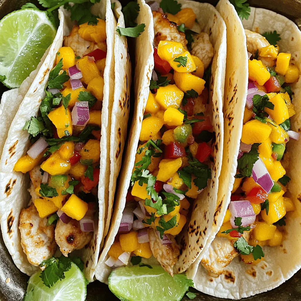 To make these tasty tacos, you need fresh and simple ingredients. Here’s what you will need: - 2 chicken breasts, diced into bite-sized pieces - 1 ripe mango, peeled and diced - 1 small red onion, finely chopped - 1 red bell pepper, diced into small cubes - 1 jalapeño, seeded and finely minced - 2 cloves garlic, minced - 1 teaspoon ground cumin - 1 teaspoon chili powder - 1 tablespoon olive oil - Salt and black pepper, to taste - 8 small corn tortillas - Fresh cilantro leaves, for garnish - Lime wedges, for serving These ingredients bring a blend of sweet, spicy, and savory flavors. The ripe mango adds a sweet touch that balances the heat from the jalapeño. You can add more ingredients to boost the taste of your tacos. Here are some fun options: - Avocado slices for creaminess - Sour cream for a rich texture - Shredded cheese for a savory kick - Radish slices for crunch - Pickled onions for extra tang Feel free to mix and match these options to make your tacos truly yours. Having the right tools makes cooking easier. Here’s what I suggest you use: - A medium bowl for marinating the chicken - A non-stick skillet for cooking the chicken - A separate bowl for mixing the mango salsa - A spatula for flipping the chicken - A clean kitchen towel to keep tortillas warm With these tools ready, you can prepare your Spicy Mango Chicken Tacos with ease. Check out the Full Recipe for a detailed guide on making this delicious dish! First, you need to marinate the chicken. In a medium bowl, mix diced chicken with minced garlic, ground cumin, chili powder, olive oil, salt, and pepper. Stir until the chicken is well coated. Let it sit for at least 15 minutes. This step is crucial. It allows the chicken to soak up all the great flavors. Next, heat a non-stick skillet over medium-high heat. Add the marinated chicken in a single layer. Cook for about 7 to 10 minutes. Stir it occasionally. You want the chicken to be nicely browned and fully cooked. Use a meat thermometer to check for an internal temperature of 165°F. This ensures your chicken is safe and juicy. While the chicken cooks, prepare the mango salsa. In a separate bowl, combine diced mango, chopped red onion, diced red bell pepper, and minced jalapeño. Squeeze fresh lime juice over the mix. Gently stir everything together. Add salt to taste. This salsa adds a fresh, sweet flavor that pairs perfectly with the spicy chicken. Now, it’s time to warm the tortillas. In a dry skillet or on a griddle, place the corn tortillas over medium heat. Warm each side for about 30 seconds until they are soft. This makes them easier to fold. Keep the tortillas warm by covering them with a clean kitchen towel. To assemble the tacos, take a warm tortilla and add a generous spoonful of the cooked chicken. Top it with a scoop of the colorful mango salsa. The bright colors make your taco look vibrant and inviting. Finish the tacos with fresh cilantro leaves on top. Serve them right away with lime wedges on the side. This lets everyone add a splash of zesty lime juice. It adds a nice kick to every bite. For more detailed instructions, check the Full Recipe. Look for a mango that feels slightly soft when you press it. A ripe mango has a sweet smell near the stem. Avoid any that have dark spots or wrinkles. The skin color can vary, so focus on feel and smell. A good mango will add a sweet, juicy flavor to your tacos. Use fresh chicken breasts for the best taste. Cut the chicken into small, even pieces. This helps it cook evenly. Always marinate the chicken for at least 15 minutes. This step adds lots of flavor. Cook the chicken until it reaches 165°F. This ensures it is safe to eat. Warm your tortillas in a dry skillet. Heat them for about 30 seconds on each side. This keeps them soft and pliable. Cover the warmed tortillas with a kitchen towel. This helps keep them warm while you assemble your tacos. Soft tortillas make for a better eating experience. Add your favorite toppings for extra flavor. Try sliced radishes for crunch or avocado for creaminess. You can also use different salsas, like pineapple or tomato. Want more heat? Add extra jalapeños or hot sauce. Get creative and make these tacos your own. For the full recipe, check out the Spicy Mango Chicken Tacos section. {{image_4}} You can use different proteins for your tacos. Chicken is great, but shrimp or fish works well too. For a heartier option, try beef or pork. Simply adjust the cooking time based on the protein you choose. Each option brings a unique taste and texture. Mixing spices can also change the flavor profile to fit your preference. For a vegetarian version, replace the chicken with black beans or lentils. Both options are filling and pack a protein punch. You can also use grilled vegetables like zucchini and bell peppers for added flavor. If you want a vegan twist, skip the chicken and add extra mango salsa. This keeps the dish fresh and delicious. Salsa can make or break your tacos. For a classic kick, use jalapeños or serrano peppers. If you prefer it mild, skip the spicy peppers. You can add fruits like pineapple or peach for a sweet twist. Fresh herbs, like cilantro or mint, can brighten your salsa too. Play with different ingredients to find your perfect balance. To store leftover tacos, first, separate the chicken and salsa from the tortillas. Place the chicken and salsa in airtight containers. Store them in the fridge for up to three days. Keep the tortillas in a separate bag. This helps them stay soft and fresh. When you're ready to eat, you can combine all the parts again. To reheat the chicken, place it in a skillet over medium heat. Stir until it is hot all the way through, which should take about 5 minutes. For the salsa, you can serve it cold or at room temperature. Warm the tortillas by placing them in a dry skillet for about 30 seconds on each side. This keeps them soft and tasty. If you want to freeze the tacos, first freeze the chicken and salsa separately. Use freezer-safe bags or containers. You can freeze them for up to three months. When you plan to eat them, thaw the chicken and salsa in the fridge overnight. Reheat the chicken in a skillet and warm the tortillas as mentioned above. Enjoy your easy meal prep! For the full recipe, check out the details above. To make Spicy Mango Chicken Tacos from scratch, start with fresh ingredients. Marinate diced chicken with garlic, cumin, chili powder, olive oil, salt, and pepper. Let it sit for 15 minutes. Cook the chicken in a skillet until browned and cooked through. Prepare the mango salsa by mixing diced mango, red onion, red bell pepper, jalapeño, and lime juice. Warm the corn tortillas in a skillet. Assemble the tacos with chicken and salsa. Enjoy the Full Recipe for all details. These tacos pair well with a fresh salad or corn on the cob. You can also serve them with refried beans or rice for a hearty meal. A side of guacamole or sour cream adds creaminess. Fresh fruit or a light dessert can balance the spice. Yes, you can use different tortillas. Flour tortillas work well if you prefer a softer bite. You may also try whole wheat or spinach tortillas for extra flavor. Just remember to warm them before serving for the best texture. The ingredients in Spicy Mango Chicken Tacos offer many health benefits. Chicken is a great source of lean protein. Mango provides vitamins A and C, plus fiber. Red bell peppers add vitamin C and antioxidants. Jalapeños can boost metabolism and add flavor with fewer calories. Garlic has immune-boosting properties. Together, they create a nutritious and flavorful meal. To make these tacos gluten-free, use corn tortillas. Ensure all spices and ingredients are gluten-free. Check labels on prepared items like sauces or salsas. This way, you can enjoy tasty tacos without gluten. You've learned how to make Spicy Mango Chicken Tacos from scratch. We covered key ingredients, easy steps, and useful tips. Remember, the right mango boosts the taste, while warming tortillas adds comfort. You can switch proteins or customize your salsa for variety. Store leftovers well for later meals, and reheat easily. This taco recipe is fun and tasty, perfect for sharing. Enjoy making these tacos and let your taste buds dance!