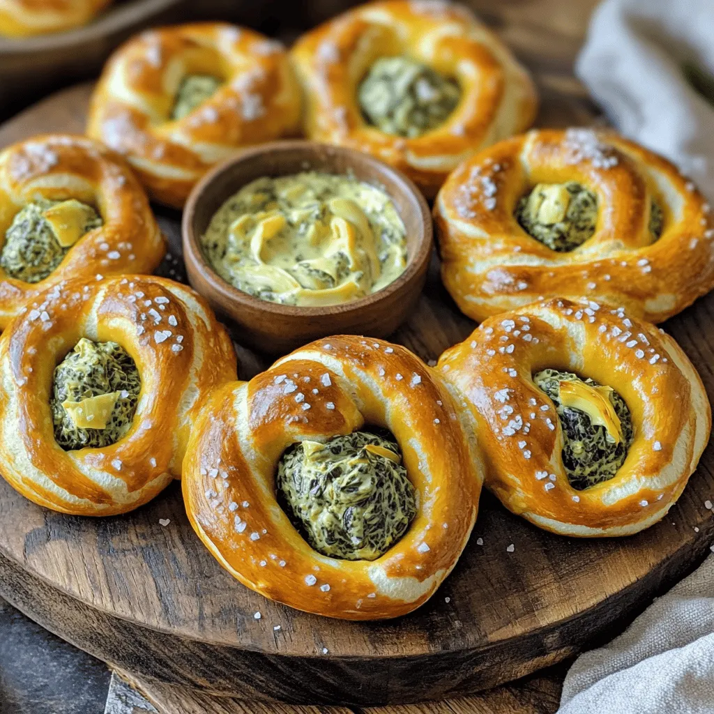 - 2 cups all-purpose flour - 1 packet (2 1/4 tsp) active dry yeast - 3/4 cup warm water - 1 tablespoon granulated sugar - 1 teaspoon salt - 2 tablespoons extra virgin olive oil - 1 cup fresh spinach, finely chopped - 1 cup canned artichoke hearts - 1 cup cream cheese - 1/2 cup sour cream - 1 cup shredded mozzarella cheese - 1/2 teaspoon garlic powder - 1 egg, beaten - Coarse sea salt To make spinach artichoke dip stuffed pretzels, you need simple yet fresh ingredients. The dough starts with all-purpose flour and yeast, which gives it a nice rise. Warm water helps activate the yeast. Sugar adds a little sweetness, while salt enhances flavor. Extra virgin olive oil adds richness to the dough. For the filling, fresh spinach and artichoke hearts bring great taste and texture. Cream cheese and sour cream create a smooth base, while mozzarella adds cheesy goodness. Garlic powder gives it that savory kick that everyone loves. Gathering these ingredients is key. Each one plays a role in making the pretzels not only delicious but also fun to eat. Don't forget, you can find the Full Recipe for detailed instructions and tips! - Combine warm water, sugar, and yeast. - Let sit until frothy. To start, I take warm water and add sugar. The sugar helps the yeast wake up. I sprinkle the yeast on top and wait. In about 5-10 minutes, it becomes bubbly and frothy. This means the yeast is ready to work. - Mix flour and salt. - Form a dough and knead. Next, I grab a large bowl and mix flour with salt. I make a well in the middle. Then, I pour in the frothy yeast mix and some olive oil. I stir until the dough comes together. Now, I knead it on a floured surface for about 5 minutes. The dough should feel smooth and elastic. I form it into a ball, place it in a greased bowl, and cover it. It needs to rise for an hour. - Combine spinach, artichokes, and cheeses. - Mix thoroughly. While the dough rises, I prepare the filling. I take chopped spinach, artichokes, cream cheese, sour cream, mozzarella cheese, and garlic powder. I mix these ingredients well in a medium bowl. This filling is rich and creamy, perfect for our pretzels. - Divide and roll dough into ropes. - Fill and shape into pretzels. Once the dough has risen, I punch it down to remove air. I divide it into eight pieces and roll each piece into a rope, about 12 inches long. I flatten each rope slightly to add the filling in the center. I scoop 1-2 tablespoons of the spinach-artichoke mix on top. Then, I fold the dough over the filling and pinch it closed. Finally, I twist the ends to make a classic pretzel shape. - Prepare baking soda water bath. - Bake until golden brown. I fill a pot with water and bring it to a boil. I stir in baking soda to create a bath for the pretzels. I dip each pretzel in this bath for about 30 seconds. This step gives them that lovely chewy texture. After boiling, I place them on a baking sheet lined with parchment paper. I brush each pretzel with beaten egg for a golden look and sprinkle sea salt on top. Then, I bake them at 425°F for 12-15 minutes until golden brown. For the full recipe, check out the detailed instructions. To make the best pretzels, focus on dough consistency. The dough should be soft but not sticky. If it's too dry, add a little water. If it's too sticky, sprinkle in some flour. Fresh ingredients matter, too. Use fresh spinach and artichokes for the best flavor. They bring vibrant taste and color to the dish. Pair your stuffed pretzels with drinks for a fun snack time. They go well with light beers or sparkling waters. For extra flavor, add dipping sauces like ranch or extra spinach-artichoke dip. This adds a tasty twist and keeps every bite exciting. Presentation can make your pretzels shine. Serve them on a rustic wooden platter for a cozy look. Adding fresh herbs like parsley or basil can brighten the plate. These simple touches make your dish not only tasty but also inviting. {{image_4}} You can change the filling to make it your own. Add jalapeños for heat. This gives a spicy kick that many enjoy. You can also try different cheeses. Cheddar works well and adds a sharp flavor. A mix of mozzarella and cheddar is great too. Each option makes the dip bold and tasty. The dough can change as well. Whole wheat flour gives a nuttier taste. If you prefer gluten-free, use a gluten-free flour mix. You can also infuse the dough with herbs. Adding dried oregano or basil can boost the flavor. These options keep the dish fun and fresh. You can change how you cook the pretzels, too! For a crispy outside, try the air fryer. Cook at 375°F for about 10 minutes. If you want to use a slow cooker, make the filling and stuff the dough. Let it cook on low for about 4 hours. These methods change the texture but keep the flavor great. Store any leftover stuffed pretzels in the fridge. Wrap them in plastic wrap or foil. You can also use an airtight container. This method keeps the pretzels fresh and soft. You can freeze baked pretzels for later. Let them cool completely first. Place them in a freezer-safe bag or container. When you're ready to eat, thaw them in the fridge overnight. Reheat in the oven at 350°F for about 10 minutes. This will keep them warm and tasty. For the best taste, eat your pretzels within three days. After that, they may lose their charm. If they smell off or look dry, it’s time to toss them. Always trust your nose and eyes when checking for spoilage. To check if your pretzels are done, look for a deep golden color. They should feel firm to the touch and puffed up. If you tap one, it should sound hollow. This means the inside is cooked well. Yes, you can prepare these pretzels ahead. After shaping, cover them and store in the fridge for up to 24 hours. When ready, bake them straight from the fridge for a warm snack. You can also freeze them after boiling. To reheat, bake directly from the freezer. These pretzels taste great on their own. For extra fun, serve with more spinach-artichoke dip for dipping. You can also pair them with marinara sauce or a side salad for balance. Absolutely! You can try using cheddar, gouda, or pepper jack for a twist. Each cheese brings a new flavor. Just make sure the cheese melts well to keep the filling creamy. Prep time is about 20 minutes, with a total time of 1 hour and 15 minutes. Most of this time is for the dough to rise. It’s a fun project that’s worth the wait! You can find the Full Recipe with detailed instructions and ingredient measurements above. Enjoy making these tasty treats! To sum up, we explored making delicious Spinach Artichoke Dip Stuffed Pretzels. We covered all the ingredients, kitchen tools, and step-by-step instructions. You gained tips for perfecting your pretzels and learned about variations and storage options. These pretzels are fun to make and perfect for sharing. Enjoy experimenting with flavors and pairings. You have all the tools and knowledge to create a tasty treat right at home. Happy baking!