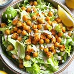 This crispy chickpea Caesar salad is tasty and healthy. It combines crunchy chickpeas with fresh greens. You get protein, fiber, and flavor all in one bowl. Plus, it’s easy to make! - 1 can (15 oz) chickpeas, drained and rinsed - 2 tablespoons extra virgin olive oil - 1 teaspoon garlic powder - 1 teaspoon smoked paprika - Salt and freshly ground black pepper to taste - 4 cups romaine lettuce, chopped into bite-sized pieces - 1/4 cup freshly grated Parmesan cheese (or nutritional yeast for a vegan alternative) - 1/4 cup creamy Caesar dressing, homemade or store-bought - 1/2 cup croutons, preferably homemade for extra crunch - Fresh lemon wedges, for an invigorating squeeze when serving You might want to add some extras. Some ideas include: - Cherry tomatoes for a pop of color - Avocado for creaminess - Grilled chicken for more protein - Capers for a briny kick These optional ingredients can make your salad even more delightful! Start by preheating your oven to 400°F (200°C). This step is key for crispiness. In a medium bowl, mix the drained chickpeas with olive oil, garlic powder, smoked paprika, salt, and pepper. Stir well to coat each chickpea. Spread them on a baking sheet in a single layer. Roast for 25-30 minutes, shaking the sheet halfway through. The goal is golden brown and crispy chickpeas. While the chickpeas roast, wash and chop the romaine lettuce. Place it in a large salad bowl. Once the chickpeas are done, drizzle Caesar dressing over the lettuce. Toss gently to coat every leaf. Then, add the crispy chickpeas on top. Sprinkle freshly grated Parmesan cheese or nutritional yeast. Finish with homemade croutons for that perfect crunch. Squeeze fresh lemon juice over the salad for a burst of flavor. This adds brightness and zest. Serve your salad right away to enjoy that warm, crispy goodness. This dish combines textures and flavors in a delightful way. You can find the full recipe for a complete guide. To get the best crispy chickpeas, start with dry chickpeas. If you use canned ones, make sure to rinse and drain them well. Pat them dry with a clean towel. This helps remove extra moisture. If you want extra crunch, toss the chickpeas with a bit more oil and seasonings. Roast them at 400°F for 25-30 minutes. Shake the pan halfway for even cooking. Keep an eye on them; you want golden brown, not burnt! A creamy Caesar dressing makes this salad shine. You can use store-bought or homemade. If you want a lighter option, try yogurt-based dressings. For a vegan choice, use tahini or cashew cream. Add a squeeze of lemon juice to brighten the flavor. If you love garlic, mix in minced garlic for a punch. Always taste the dressing before adding it to the salad. Adjust the seasoning to your liking! Serve the salad in a big bowl for sharing. This lets everyone help themselves. For a fun twist, layer the ingredients in a mason jar for a portable meal. Top with extra croutons and cheese. Add lemon wedges on the side for an extra zing. This salad is best enjoyed fresh, so serve it right away. For a complete meal, pair it with grilled chicken or shrimp. You can find the full recipe for more details! {{image_4}} To make a vegan version of this salad, swap the Parmesan cheese for nutritional yeast. Nutritional yeast gives a cheesy flavor without any dairy. You can also choose a vegan Caesar dressing. Many stores sell tasty vegan options. You can also make your own with blended cashews, lemon juice, and garlic. This way, your salad stays creamy while being completely plant-based. If you want to add more protein, consider including grilled chicken or shrimp. They both pair well with the Caesar flavors. For a vegetarian option, add quinoa or edamame. These options boost the salad's protein content. Plus, they add a nice texture. Chickpeas already provide protein, but these additions make it even heartier. To keep the salad fresh and exciting, use seasonal ingredients. In the spring, try adding fresh asparagus or peas. In the fall, roasted butternut squash can bring warmth to the dish. You can also swap romaine for kale in winter. Kale adds a robust texture and pairs well with the dressing. These swaps keep the salad vibrant and fun all year round. For the complete recipe, check the [Full Recipe]. To store leftovers, place the salad in an airtight container. Keep the crispy chickpeas separate. This helps them stay crunchy. You can store the salad in the fridge for up to three days. The dressing may wilt the lettuce, so eat it soon. You can reheat the chickpeas if you want. Spread them on a baking sheet. Warm them in a preheated oven at 350°F (175°C) for about 10 minutes. This helps restore their crispiness. Avoid reheating the salad itself, as it will get soggy. You can make parts of this salad ahead of time. Roast the chickpeas a day in advance. Store them in an airtight container at room temperature. You can also wash and chop the romaine lettuce ahead of time. Just keep it in the fridge. Mix everything together just before serving. For the full recipe, check out the Crispy Chickpea Caesar Salad details. Yes, you can use canned chickpeas. They save time and still taste great. Just drain and rinse them well. This helps remove extra salt and improves the flavor. Canned chickpeas are soft, so roasting them makes them crispy. Follow the full recipe for the best results. To make Caesar dressing, blend these simple ingredients: - 1/2 cup mayonnaise - 2 tablespoons lemon juice - 1 teaspoon Dijon mustard - 1 teaspoon Worcestershire sauce - 1 garlic clove, minced - Salt and pepper to taste Mix well until smooth. Adjust the taste to your liking. This dressing pairs perfectly with the crispy chickpeas and fresh lettuce. If you want a dairy-free option, try using nutritional yeast. It gives a cheesy flavor without the dairy. Grated cashews also work well as a substitute. You can even use vegan Parmesan cheese if you prefer. Each option adds a unique twist to your salad. In this blog post, we explored a simple salad recipe with chickpeas. We highlighted key ingredients, tips for prep, and tasty variations to try. Remember, you can make this dish your own with seasonal ingredients or extra protein. Proper storage can keep your salad fresh for days, making it a great meal prep option. Use canned chickpeas for speed or create a homemade dressing. This dish is easy and fun to customize. Enjoy your chickpea salad adventure!