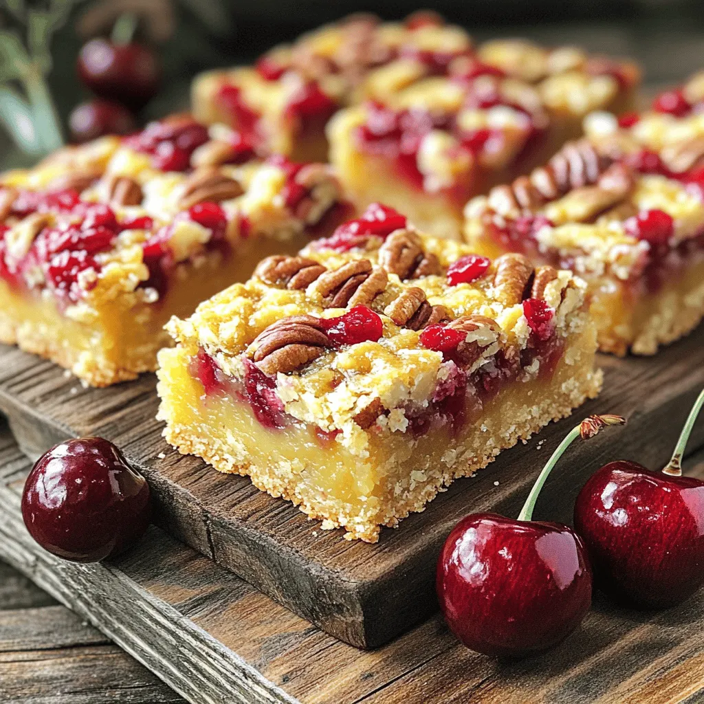 - 1 cup chopped pecans - 1 cup pitted cherries, chopped (fresh or frozen) - 1 ½ cups rolled oats - ½ cup almond flour - ½ cup honey or maple syrup - 1/4 cup coconut oil, melted - 1 teaspoon vanilla extract - ½ teaspoon ground cinnamon - 1/4 teaspoon salt - 1/4 teaspoon baking powder To make Cherry Pecan Breakfast Bars, gather these simple ingredients. Each one plays a key role in flavor and texture. The chopped pecans add a nice crunch, while the cherries bring a sweet and tangy taste. Rolled oats serve as a hearty base, giving the bars their chewy texture. Almond flour adds a nutty flavor and keeps the bars moist. Honey or maple syrup sweetens them naturally, making breakfast a treat. Melted coconut oil binds everything together and keeps the bars from drying out. Vanilla extract enhances the flavors, while cinnamon adds warmth. Salt and baking powder help balance the sweetness and ensure the bars bake perfectly. With these ingredients ready, you can easily make a nutritious snack. Check the [Full Recipe] for more details on creating these delicious bars! Begin by preheating your oven to 350°F (175°C). Prepare an 8x8-inch baking pan by lining it with parchment paper. This extra paper makes it easy to lift the bars out later. In a large mixing bowl, combine the rolled oats, almond flour, chopped pecans, ground cinnamon, salt, and baking powder. Stir the mixture well until all dry ingredients are mixed evenly. Melt the coconut oil. Then, whisk it with honey or maple syrup and vanilla extract. Mix until the ingredients form a smooth blend. Pour the wet ingredients over the dry mixture. Stir gently until everything is well combined. Next, gently fold in the chopped cherries, being careful not to break them apart. Transfer the mixture to the prepared baking pan. Press it down firmly and evenly to cover the edges. Bake for 25-30 minutes or until the edges turn golden brown. Let the bars cool for about 10 minutes. Use the overhanging parchment to lift the bars out of the pan. Cut them into squares or rectangles. Enjoy your Cherry Pecan Breakfast Bars! For the full recipe, check out the detailed instructions above. To get the texture you want, adjust the baking time. If you like chewier bars, bake for 25 minutes. For crunchier bars, go for 30 minutes. Press the mixture firmly into the pan. This helps create denser bars that hold together well. To boost the flavor, add a teaspoon of vanilla or almond extract. This simple change makes a big difference in taste. You can also try adding spices like nutmeg or cardamom. These spices add warmth and depth. They can make your bars even more exciting. These bars taste great warm or at room temperature. Serve them with some yogurt or fresh fruit. This adds a nice touch and makes for a balanced breakfast. For a fun twist, try serving with a drizzle of honey or maple syrup on top. {{image_4}} You can mix up the fruits in these bars. Substitute cherries with blueberries or raspberries for a new taste. Both fruits add a sweet and tangy flavor. If you want a different twist, try dried fruits. Cranberries or apricots work well and add a chewy texture. If you prefer a different nut, replace pecans with walnuts or almonds. Both add healthy fats and a nice crunch. For extra nutrition, consider adding seeds. Sunflower seeds or chia seeds boost the nutrient value and add a fun texture. For those avoiding gluten, make sure your oats and almond flour are certified gluten-free. This ensures that everyone can enjoy these tasty bars without worry. It’s simple to adjust the recipe for different diets while keeping the flavor strong. Check out the Full Recipe for more details on how to make these delicious Cherry Pecan Breakfast Bars! To keep your Cherry Pecan Breakfast Bars fresh, store them in an airtight container. You can keep them at room temperature for up to 5 days. If you want them to last longer, refrigerate them. This will help maintain their flavor and texture. If you want to save some for later, freezing is a great option. Wrap each bar individually in plastic wrap. You can freeze them for up to 3 months. When you're ready to enjoy one, simply thaw it in the refrigerator or at room temperature. This way, you can have a tasty treat ready when you need it! Yes, use maple syrup and eliminate any non-vegan ingredients. This way, you keep it plant-based and still tasty. Modify the amount of honey or maple syrup to your taste. Start with less and add more if needed. Substitute with butter or a different neutral oil if preferred. This keeps the bars moist while changing the flavor. Look for golden brown edges and a firm center. Use a toothpick to check for doneness; it should come out clean. Yes, they are packed with oats, nuts, and fruits for a nutritious breakfast choice. These ingredients provide fiber and healthy fats. Yes, adding dark chocolate chips can enhance flavor without being too sweet. It gives a nice balance to the bars. For the full recipe, check out the recipe section above. In this blog post, we covered how to make delicious Cherry Pecan Breakfast Bars. We listed ingredients and provided step-by-step instructions for baking. You learned tips to adjust texture and flavor, while also exploring different variations. Remember, these bars are versatile and healthy. Experiment with your favorite fruits or nuts. Storage options keep them fresh for days, making them a great grab-and-go snack. Enjoy creating your own tasty versions!