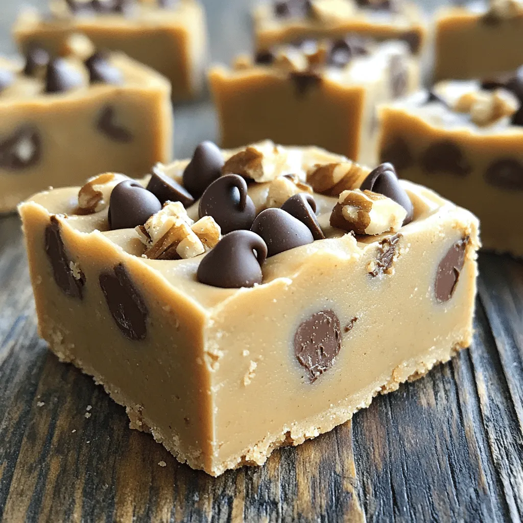 To make No Bake Chocolate Chip Cookie Dough Bars, gather the following ingredients: - 1 cup unsalted butter (softened at room temperature) - 1 cup brown sugar (packed firmly) - 2 teaspoons vanilla extract - 2 cups all-purpose flour - 1 can (14 oz) sweetened condensed milk - 1 cup semi-sweet chocolate chips - 1/2 cup walnuts (chopped, optional) - A pinch of salt These ingredients blend to create a rich, creamy dough. Start by softening your butter. It should be easy to mix. The brown sugar adds sweetness and a nice texture. Vanilla extract gives a warm flavor, making the bars taste homemade. All-purpose flour is key for structure. Sweetened condensed milk adds moisture and helps bind the dough together. Chocolate chips give a delightful burst of flavor, while walnuts add crunch, if you choose to include them. A pinch of salt enhances all the flavors, balancing the sweetness. Remember, you can find the full recipe above. This sweet treat is a perfect no-bake option for any occasion! To start, you need to cream the butter and sugar. Take 1 cup of softened butter and 1 cup of packed brown sugar. Use an electric mixer on medium speed. Mix until the butter and sugar are smooth and creamy. This step is key for good texture. Next, incorporate vanilla extract. Add 2 teaspoons of vanilla to the butter-sugar mix. Continue mixing until the vanilla is fully blended in. This adds a nice flavor. Now, it’s time to add the dry ingredients. Gradually mix in 2 cups of all-purpose flour and 1 can of sweetened condensed milk. Stir until you form a smooth dough. Make sure all the flour is mixed in well. Now, fold in your chocolate chips and walnuts. Use 1 cup of semi-sweet chocolate chips and 1/2 cup of chopped walnuts if you like. Gently mix them into the dough so they are evenly spread. This gives a great crunch and burst of flavor. Next, transfer the dough to a baking dish. Prepare an 8x8-inch baking dish by lining it with parchment paper. Leave some paper hanging over the edges for easy removal. Spoon the cookie dough into the dish and spread it out evenly. To set the bars, you must press the mixture evenly into the dish. Use a spatula to press it down firmly. This helps the bars hold their shape. Smooth the top for a nice finish. Finally, freeze the dish for optimal texture. Place it in the freezer for at least 30 minutes. This will help the bars set well. Once firm, lift them out using the parchment paper. Cut them into squares, and enjoy! For the full recipe, refer to the section above. To ensure a creamy texture, start with softened butter. This helps you mix the butter and sugar easily. Use a mixer to beat them until fluffy. If the mixture feels dry, you may not have mixed it enough. Avoid common mistakes like adding flour too quickly. This can create lumps that won't mix well. Also, be sure to fold in the chocolate chips gently. You want them spread evenly without breaking. For serving suggestions, cut the bars into neat squares. Arrange them on a pretty platter. You can also stack them for a fun look. Garnishing tips for visual appeal include a sprinkle of sea salt. This adds flavor and contrast. You might also dust the bars with cocoa powder for an elegant touch. Enjoy these cookie dough bars at parties or treat yourself at home! {{image_4}} You can easily change the flavor of these no bake chocolate chip cookie dough bars. Try adding peanut butter or almond butter for a nutty twist. Just mix in half a cup of your favorite nut butter when you combine the butter and sugar. This will give your bars a creamy texture and a rich taste. You can also experiment with different types of chocolate. Instead of semi-sweet chocolate chips, consider using dark chocolate or white chocolate. Dark chocolate adds a bold flavor, while white chocolate brings a sweet and creamy touch. Mix and match to see what you like best! If you have dietary needs, this recipe is flexible. For a gluten-free version, swap regular flour for almond flour or gluten-free all-purpose flour. This keeps the bars soft and tasty without gluten. For a dairy-free option, use coconut oil instead of butter. You can also replace sweetened condensed milk with a dairy-free version, like coconut cream. These swaps let everyone enjoy this sweet treat without worry! For the full recipe, make sure to check out the details in the earlier sections. To keep your no bake chocolate chip cookie dough bars fresh, use an airtight container. This will help keep moisture out. I recommend a glass or plastic container with a tight lid. If you plan to eat them within a week, store them in the fridge. For longer storage, you can freeze the bars. Wrap each piece in plastic wrap, then place them in a freezer-safe bag. This method helps prevent freezer burn and keeps the bars tasty. These cookie dough bars are best enjoyed fresh but can last a bit longer. When stored in the fridge, they stay good for about one week. Freezing extends their life to about three months. To keep them fresh, avoid leaving the bars out at room temperature for long. Always seal them properly. This way, you can enjoy a sweet treat whenever you like! Can I make these bars in advance? Yes, you can make these bars a day or two ahead of time. Just store them in the fridge. This allows the flavors to blend well. You can enjoy them fresh and delicious when you’re ready. What if I don’t have walnuts? No problem! You can skip the walnuts or swap them for any nut you like. You can also use seeds, like sunflower or pumpkin seeds. This keeps the bars tasty and crunchy. How to tell when the bars are set properly? After freezing for at least 30 minutes, the bars should feel firm to touch. You can also check the edges; they should pull away from the dish slightly. This shows they are set and ready to slice. What to do if the mixture is too dry? If your mixture feels too dry, try adding a bit more sweetened condensed milk. This will help bring the dough together. Mix well until you reach a smooth, cohesive texture. Solutions for uneven bars If your bars are uneven, use a sharp knife to trim the edges after slicing. This gives you neat, square pieces. Press the mixture more firmly into the dish next time for a more even set. You now know how to make tasty no-bake cookie dough bars. We covered the ingredients, mixing steps, and tips for perfect texture. You can even try fun variations to suit your taste. This dessert is easy to store and can last a while if kept right. Enjoy making these bars for yourself and others. They are sure to impress! Your kitchen will be a happy place with these treats. Remember, cooking can be simple and fun. Happy baking!