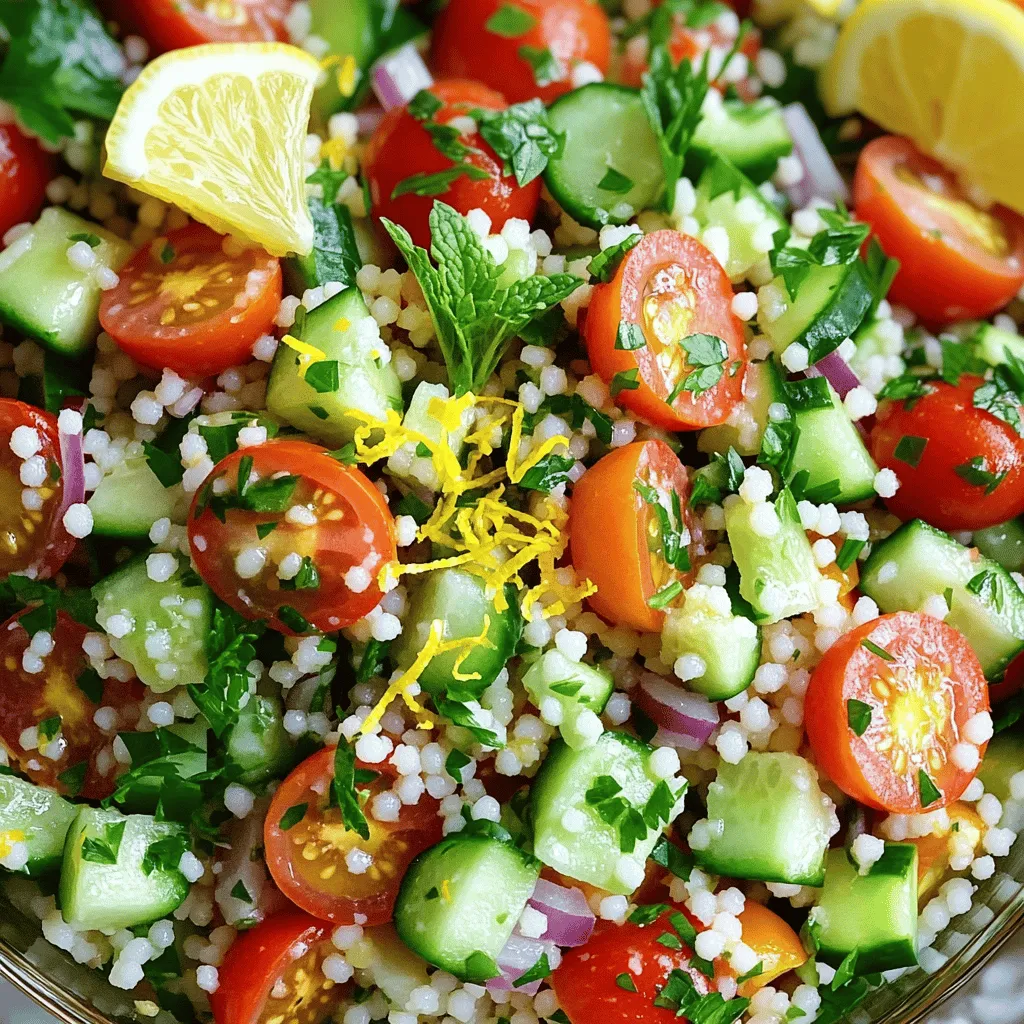 To make a vibrant Lemon Herb Couscous Salad, you will need: - 1 cup couscous - 1 1/4 cups vegetable broth or water - 1/2 cup cherry tomatoes, halved - 1 cucumber, diced into small cubes - 1/4 cup red onion, finely chopped - 1/2 cup fresh parsley, finely chopped - 1/4 cup fresh mint, finely chopped - 1/4 cup extra virgin olive oil - Zest of 1 large lemon - Juice of 1 large lemon - Salt and freshly ground black pepper, to taste - 1/4 teaspoon red pepper flakes (optional, for a kick) If you don't have some ingredients, here are some great swaps: - Instead of couscous, use quinoa for a gluten-free option. - Swap cherry tomatoes for diced bell peppers for a different taste. - Use green onions in place of red onion for a milder flavor. - If you can't find fresh parsley, try cilantro for a unique twist. - Lemon juice can be replaced with lime juice for a zesty change. Each serving of this Lemon Herb Couscous Salad packs in great nutrition: - Calories: about 180 - Protein: 4g - Carbohydrates: 26g - Dietary Fiber: 3g - Sugars: 2g - Fat: 7g - Saturated Fat: 1g - Sodium: 150mg This salad is not just tasty; it also brings healthy benefits to your table. Enjoy! Start by boiling the vegetable broth or water in a medium saucepan. Once it bubbles, add the couscous with a pinch of salt. Stir it well, then cover the pot and take it off the heat. Let it sit for five minutes. This step lets the couscous absorb all the liquid. After the time is up, use a fork to fluff the couscous. This breaks up clumps and makes it nice and fluffy. Set the couscous aside to cool. While the couscous cools, grab a large mixing bowl. Add the halved cherry tomatoes, diced cucumber, finely chopped red onion, parsley, and mint. Toss the veggies gently. Next, in a small bowl, whisk together the olive oil, lemon zest, lemon juice, salt, and pepper. If you want it spicy, add red pepper flakes. Mix this dressing until it blends well. Once the couscous is cool, add it to the bowl with the veggies. Fold everything together gently to mix. Taste the salad and add more salt or pepper if needed. For the best flavor, cover the bowl with plastic wrap and chill it in the fridge for at least 30 minutes. This waiting time helps the flavors blend well. When ready to serve, dish it out in a large bowl or on individual plates. Garnish with extra parsley and lemon wedges for a fresh look. Enjoy your Lemon Herb Couscous Salad! For more detailed steps, check the Full Recipe. To make your Lemon Herb Couscous Salad shine, always use fresh herbs. Fresh parsley and mint boost flavor. If possible, choose organic vegetables for a brighter taste. Use a good quality olive oil; it makes a big difference. Zest the lemon before juicing for more zing. You can even add a pinch of sugar to balance the acidity. Let the salad chill for at least 30 minutes. This resting time helps all the flavors blend. If you have leftovers, store them in an airtight container. Keep the salad in the fridge for up to three days. To maintain freshness, avoid adding dressing until you’re ready to eat. If the salad seems dry after storage, add a splash of olive oil or lemon juice. This will revive the flavors. This salad is great for many events! For a picnic, pack it in a portable container. It pairs well with grilled meats or fish for a barbecue. You can also serve it as a light lunch or side dish at a dinner party. For a more festive touch, add some crumbled feta cheese or grilled chicken. Check out the Full Recipe for more ideas and tips to make this meal a hit! {{image_4}} You can boost the protein in your Lemon Herb Couscous Salad easily. Grilled chicken adds a savory touch. Chop it into bite-sized pieces and mix it in. Chickpeas are a great choice too. They add a nice texture and are full of protein. For a creamy twist, try adding feta cheese. Crumble it over the top for a salty flavor. These options make your salad more filling and satisfying. Mix seasonal fruits and vegetables into your salad for extra flavor. In summer, try adding diced peaches or fresh corn. In fall, roasted butternut squash adds sweetness. You can also toss in seasonal greens like spinach or arugula. These additions not only enhance the taste but also make your dish more colorful and appealing. Choose what’s fresh and local for the best results. To make this salad vegan, skip the feta or replace it with vegan cheese. You can also add more beans for protein, like black beans or lentils. Use a plant-based dressing, such as tahini or a balsamic vinaigrette. This keeps the salad tasty and light. Adjust the flavors to your liking, and enjoy a meal that everyone can share. For the full recipe, check out the link above. After enjoying your Lemon Herb Couscous Salad, store any leftovers properly. Place the salad in an airtight container. This helps keep the flavors fresh and prevents drying. Make sure to seal it well to avoid any spills in the fridge. This salad shines when served cold. If you prefer it warm, gently heat it in a pan over low heat. Stir occasionally to avoid sticking. If you are reheating, do so for only a few minutes. This keeps the ingredients from becoming mushy. If serving cold, simply remove it from the fridge and enjoy. When stored correctly, Lemon Herb Couscous Salad lasts about three days in the fridge. The flavors may deepen over time, making it even tastier! Just remember to check for any signs of spoilage before eating. Enjoy your fresh and vibrant salad throughout the week! For the full recipe, check out the detailed instructions above. To make this salad gluten-free, you can swap couscous for quinoa or rice. Both options work well and add a nice texture. Quinoa has a nutty flavor, while rice is mild and fluffy. Just cook them according to package instructions. After cooking, mix them with the same fresh veggies and lemon dressing. This way, you keep the taste and enjoy it gluten-free! Yes, you can use instant couscous! It cooks faster than regular couscous. Just follow the instructions on the package. Usually, you’ll add boiling water and let it sit for a few minutes. Then, fluff it with a fork and let it cool before mixing it with the veggies. The taste will still be fresh and zesty. You can serve couscous salad in many fun ways! Try these ideas: - Serve it in lettuce cups for a crunchy bite. - Use it as a filling for pita pockets. - Layer it in mason jars for a picnic. - Top it with grilled chicken or shrimp for protein. - Add crumbled feta cheese for a rich flavor. For the complete recipe, check the [Full Recipe]. This article covered the key steps to make a tasty Lemon Herb Couscous Salad. We looked at the essential ingredients and their substitutes. You learned how to prepare the salad, mix flavors, and store leftovers. Tips for perfecting taste and serving ideas were shared. In the end, this salad is easy, flavorful, and fun to make. Enjoy trying variations and sharing them at meals! Let your creativity shine with this dish.