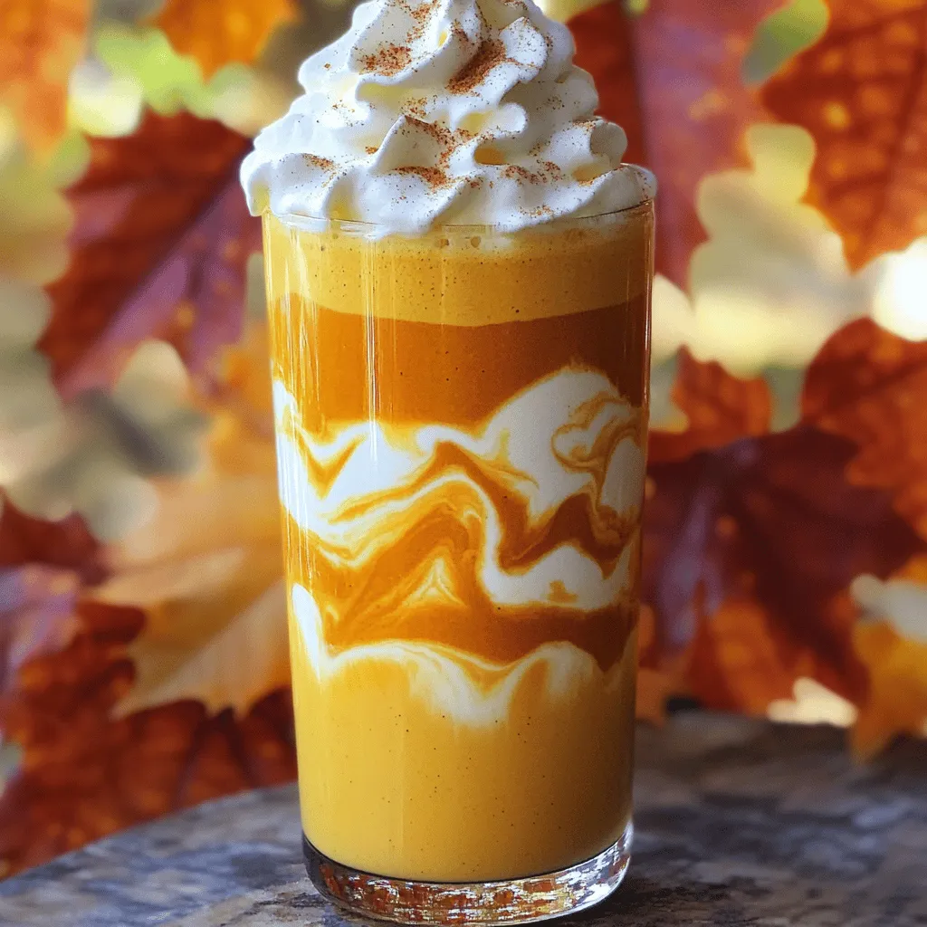 - 1 cup freshly brewed coffee - 1/2 cup milk (or non-dairy alternative) - 1/2 cup canned pumpkin puree - 2 tablespoons pumpkin spice syrup - 1 tablespoon granulated sugar - 1/4 teaspoon pure vanilla extract - 1 cup ice cubes - Whipped cream and pumpkin spice for garnish For my Pumpkin Spice Coffee Frappe, I use a mix of simple, tasty ingredients. Start with one cup of freshly brewed coffee. Let it cool to room temperature. This keeps the drink from melting the ice too fast. Next, measure half a cup of milk. You can use regular or any non-dairy kind you like. Almond, soy, or oat milk all work great. Then, grab half a cup of canned pumpkin puree. Make sure it’s pure pumpkin, not pie filling. Now, add two tablespoons of pumpkin spice syrup. This adds that warm, cozy flavor we love in fall. If you like it sweeter, mix in one tablespoon of granulated sugar. A dash of pure vanilla extract, just a quarter teaspoon, adds depth to the taste. Finally, toss in one cup of ice cubes. This gives your frappe its refreshing chill. For the perfect finish, whip up some cream to top it off and sprinkle extra pumpkin spice over it. - Variations on milk (almond, oat, soy) - Additional sweeteners or flavorings You can also play with additional toppings or flavors. Try adding chocolate syrup or caramel for a twist. Adjust the sweetness based on your taste. - Calories per serving: approximately 230 - Breakdown of macronutrients: - Carbohydrates: 35g - Fats: 9g - Proteins: 4g This Pumpkin Spice Coffee Frappe is a treat that's not just tasty but can fit into your daily needs. Enjoy this fall drink without worry. Check the full recipe for serving sizes and more details. - Brew 1 cup of fresh coffee and let it cool. - Measure out all ingredients for blending. You will need: - 1/2 cup milk (or your choice of non-dairy milk) - 1/2 cup canned pumpkin puree - 2 tablespoons pumpkin spice syrup - 1 tablespoon granulated sugar - 1/4 teaspoon pure vanilla extract - 1 cup ice cubes - In your blender, combine the cooled coffee, milk, pumpkin puree, pumpkin spice syrup, sugar, and vanilla extract. - Close the lid tightly to prevent spills. - Add the ice cubes for a refreshing chill. - Blend on high speed for about 30 to 60 seconds. You want it smooth and frothy. - If it’s too thick, add a splash more milk and blend again until just right. - Once blended, pour your frosty pumpkin spice frappe into two tall glasses. - Top each one with a generous dollop of whipped cream. - For a festive touch, sprinkle a bit of pumpkin spice on top. - Serve right away. Enjoy this delicious treat! For the full recipe, check the details above. To get the perfect sweetness, start with one tablespoon of sugar. Taste it after blending. If it's not sweet enough, add a little more sugar or syrup. Blend again briefly. This way, you can control the sweetness to fit your taste. For the best texture, use plenty of ice. About one cup works well. If the frappe is too thick, add a splash of milk. Blend again until it’s just right. You want it smooth and creamy, not too thick or too watery. A good blender makes a big difference. I recommend using a high-speed blender. It blends ice and coffee well. Brands like Vitamix or Ninja are great options. They ensure a smooth blend, which is key for a tasty frappe. Always start blending on low speed. This helps mix the ingredients without splattering. After a few seconds, switch to high speed until it’s frothy and smooth. Want to spice things up? Add chocolate syrup or caramel syrup. Just a drizzle can make a big impact. The sweet flavors blend well with pumpkin spice. You can also try different spice blends. If you want a twist, use nutmeg or ginger. These spices add warmth and depth. Experimenting with flavors can make your frappe unique and fun! Try these tips for your pumpkin spice coffee frappe. Enjoy making your fall treat even better! For the full recipe, check out the details above. {{image_4}} You can change up the flavors in your pumpkin spice coffee frappe. Try swapping pumpkin for maple or mocha. These flavors still bring warmth to your drink. You can also add seasonal spices like nutmeg or ginger. They give a cozy twist to your frappe. Experimenting with these flavors can create new favorites. If you prefer a vegan or dairy-free option, you can easily switch the milk. Use almond, oat, or soy milk instead of regular milk. This keeps your frappe creamy without dairy. For those watching sugar, you can make low-sugar or keto-friendly changes. Use sugar substitutes or skip the sweetener altogether. This way, you can enjoy a tasty drink without the guilt. Pair your frappe with snacks or pastries for a delightful treat. Cookies or muffins make great companions. For a fun look, use creative glassware. Tall glasses can show off the beautiful layers of your frappe. You can even use mason jars for a rustic touch. These simple ideas can make your fall treat even more special. If you're ready to dive in, check out the Full Recipe for all the details! To store leftover pumpkin spice coffee frappe, pour it into an airtight container. Seal it tightly to keep out air. You can store it in the fridge for up to three days. If you want to keep it longer, freeze it. It can last up to one month in the freezer. To re-blend frozen frappes, take out the container and let it thaw for about 30 minutes. Then, pour the frappe back into the blender. Blend it until smooth again. This method helps bring back the creamy texture. If you notice a loss of flavor, add a splash of fresh coffee or a bit more pumpkin spice syrup. To maintain freshness, always seal your container well. Keep it in a cool place away from sunlight. Check ingredients like milk or whipped cream for spoilage before using. For the best taste and quality, consume your frappe as soon as possible after making it. To make pumpkin spice syrup, mix equal parts sugar and water in a small pot. Add pumpkin pie spice to the mix. Heat until the sugar dissolves, then cool it down. This is a quick and easy way to get that lovely pumpkin flavor for your frappe. Yes, you can use fresh pumpkin! Start with a small pumpkin. Cut it, scoop out the seeds, and roast it until soft. Once cool, mash it into a puree. It will taste great in your frappe, but be sure to use enough to match the canned version's flavor. Popular non-dairy milks include almond, oat, and soy. Each brings a unique taste and texture. Almond milk adds a nutty flavor, oat milk gives creaminess, and soy milk is rich and smooth. Choose one that you like best for a tasty frappe. To make more servings, simply double or triple the ingredients. If you want to serve a crowd, blend the ingredients in batches. This way, you keep the frappe smooth and frosty. Enjoy sharing this delicious drink with friends or family. You can find the Full Recipe for more details! This blog post shows you how to make a delicious pumpkin spice frappe. We covered what ingredients you need and where to find them. You learned how to prepare and blend the drink, plus tips to make it perfect. Don’t forget you can customize your frappe with different flavors and dietary options. Try out your new skills! Enjoy your pumpkin spice frappe and share it with friends.
