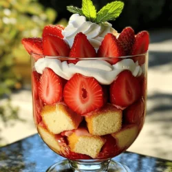 To make a tasty strawberry shortcake trifle, you need the following key items: - 2 cups fresh strawberries, hulled and sliced - 3 tablespoons granulated sugar, divided - 1 pound pound cake, cut into bite-sized cubes - 2 cups whipped cream (store-bought or homemade) - 1 teaspoon pure vanilla extract These ingredients create a sweet and creamy base for your trifle. The strawberries add a burst of flavor, while the pound cake gives it a nice texture. If you want to enhance your trifle, consider adding: - ½ cup creamy Greek yogurt (for added richness) The Greek yogurt adds creaminess and a slight tang that pairs well with sweet strawberries. To make your trifle even more beautiful, try these toppings: - Fresh mint leaves, for garnish (optional) - Extra slices of fresh strawberries These garnishes not only look great but also add a fresh smell. They make your dessert stand out when serving it to guests. For the full recipe, check out the details provided earlier. To start, you need fresh strawberries. Take 2 cups of them. Remove the green tops and slice them. Place the sliced strawberries in a bowl. Add 1 tablespoon of granulated sugar. Toss gently so all strawberries are coated. Let them sit for about 15 minutes. This step helps them become juicy and sweet. The sugar draws out their natural juices. You will love the taste! Next, grab another bowl for the whipped cream. Add 2 cups of whipped cream. You can use store-bought or make your own. Mix in the remaining 2 tablespoons of sugar. Then, pour in 1 teaspoon of pure vanilla extract. If you want a richer taste, add ½ cup of creamy Greek yogurt. Use a spatula to fold these ingredients together. Be gentle so it stays fluffy. You want a light and airy cream. Now for the fun part! Take a large trifle dish or small glasses. Start with a layer of the pound cake cubes. Spread them evenly across the bottom. Next, add a layer of your sweet strawberries. Make sure to distribute them well. Then, spoon on a layer of the whipped cream mixture. Repeat this layering. You want to finish with a nice layer of whipped cream on top. This makes it look pretty! For a final touch, add some fresh strawberry slices and mint leaves on top. This will make your trifle shine. Follow these steps for a delightful dessert experience. For the full recipe, check above! To get the best texture in your trifle, follow these steps. First, macerate the strawberries well. This softens them and brings out their juices. Let them sit for about 15 minutes. Next, when you mix the whipped cream, fold gently. Overmixing can make it heavy. You want it to stay light and fluffy. If you add Greek yogurt, it will give a nice creaminess without making it too dense. Layering is key to a great trifle. Start with cake cubes at the bottom. Make sure they cover the base evenly. Then, add a layer of strawberries on top. Spread them out so every spoonful gets some. After that, spoon on the whipped cream mix. Repeat these layers until you run out of ingredients. Finish with a thick layer of whipped cream. This gives a nice look and taste. You can change the flavors to make this dessert your own. For a twist, try different fruits. Peaches or blueberries work well with the cake. You can also swap the vanilla for almond extract. This will give a nice nutty taste. Want something richer? Add a bit of lemon zest to the whipped cream. It brightens the flavor and makes it even more refreshing. Check out the Full Recipe for more ideas! {{image_4}} You can easily make this trifle gluten-free. Swap the pound cake for gluten-free cake. Many brands offer tasty gluten-free options. You can also make your own using almond flour or coconut flour. This way, everyone can enjoy this treat. While strawberries are classic, feel free to mix it up! You can use blueberries, raspberries, or sliced peaches. Each fruit adds its unique flavor. Try a mix of berries for a colorful twist. Seasonal fruits also work well, so use what you have. If you want a non-dairy option, use coconut cream or whipped tofu. These substitutes give you a rich texture. They also add a nice flavor that pairs well with fruits. You can find these options at most grocery stores. To keep your Strawberry Shortcake Trifle fresh, cover it tightly. You can use plastic wrap or a lid. Store it in the fridge. This way, you keep the layers intact and tasty. The trifle stays good for about 2 to 3 days. After that, the cake may get soggy. The strawberries will start to lose their freshness, too. Enjoy it within this time for the best taste. Use a glass or plastic container to store your trifle. A deep dish works well. If you have leftover individual servings, small jars can be fun. Just make sure they seal tight to keep moisture out. Yes, you can make this trifle ahead of time. I suggest preparing it a few hours before serving. This way, the flavors have time to blend. Just cover it and keep it in the fridge. If you prepare it too early, the cake may get soggy. If you want a change, use angel food cake or sponge cake instead. Both options are light and fluffy. You could also use ladyfingers for a fun twist. Each choice adds a unique texture and taste to your trifle. To lower the sugar, try using less granulated sugar for the strawberries. You can also replace it with a sugar substitute. For the whipped cream, use a reduced-sugar version or Greek yogurt only. This keeps the dessert creamy and delicious without all the sugar. For the full recipe, check the details above. Strawberry shortcake trifle is a delightful dessert that's easy to make. We covered the key ingredients, step-by-step instructions, and expert tips to ensure great results. You learned about fun variations and how to store leftovers. Making this dessert allows for personal touches, so don't hesitate to customize it. With the right ingredients and methods, your trifle will be a hit. Enjoy your sweet creation and the joy it brings!