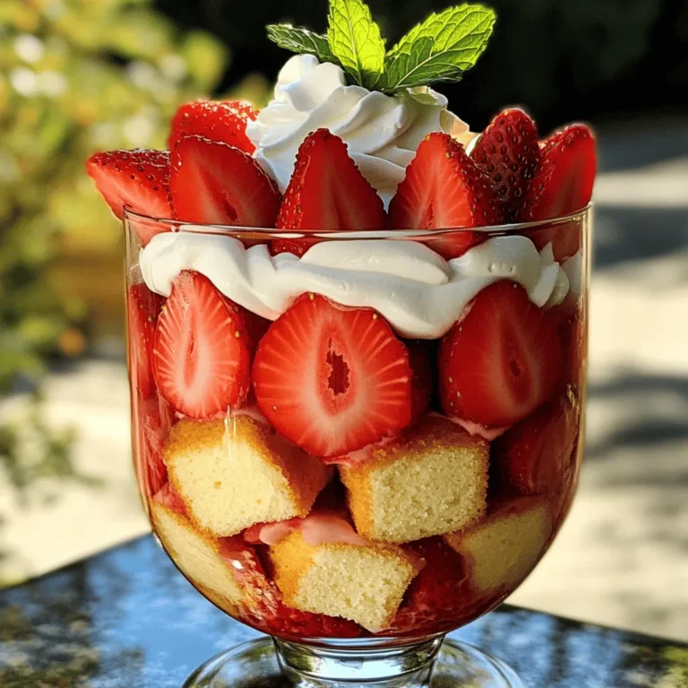 To make a tasty strawberry shortcake trifle, you need the following key items: - 2 cups fresh strawberries, hulled and sliced - 3 tablespoons granulated sugar, divided - 1 pound pound cake, cut into bite-sized cubes - 2 cups whipped cream (store-bought or homemade) - 1 teaspoon pure vanilla extract These ingredients create a sweet and creamy base for your trifle. The strawberries add a burst of flavor, while the pound cake gives it a nice texture. If you want to enhance your trifle, consider adding: - ½ cup creamy Greek yogurt (for added richness) The Greek yogurt adds creaminess and a slight tang that pairs well with sweet strawberries. To make your trifle even more beautiful, try these toppings: - Fresh mint leaves, for garnish (optional) - Extra slices of fresh strawberries These garnishes not only look great but also add a fresh smell. They make your dessert stand out when serving it to guests. For the full recipe, check out the details provided earlier. To start, you need fresh strawberries. Take 2 cups of them. Remove the green tops and slice them. Place the sliced strawberries in a bowl. Add 1 tablespoon of granulated sugar. Toss gently so all strawberries are coated. Let them sit for about 15 minutes. This step helps them become juicy and sweet. The sugar draws out their natural juices. You will love the taste! Next, grab another bowl for the whipped cream. Add 2 cups of whipped cream. You can use store-bought or make your own. Mix in the remaining 2 tablespoons of sugar. Then, pour in 1 teaspoon of pure vanilla extract. If you want a richer taste, add ½ cup of creamy Greek yogurt. Use a spatula to fold these ingredients together. Be gentle so it stays fluffy. You want a light and airy cream. Now for the fun part! Take a large trifle dish or small glasses. Start with a layer of the pound cake cubes. Spread them evenly across the bottom. Next, add a layer of your sweet strawberries. Make sure to distribute them well. Then, spoon on a layer of the whipped cream mixture. Repeat this layering. You want to finish with a nice layer of whipped cream on top. This makes it look pretty! For a final touch, add some fresh strawberry slices and mint leaves on top. This will make your trifle shine. Follow these steps for a delightful dessert experience. For the full recipe, check above! To get the best texture in your trifle, follow these steps. First, macerate the strawberries well. This softens them and brings out their juices. Let them sit for about 15 minutes. Next, when you mix the whipped cream, fold gently. Overmixing can make it heavy. You want it to stay light and fluffy. If you add Greek yogurt, it will give a nice creaminess without making it too dense. Layering is key to a great trifle. Start with cake cubes at the bottom. Make sure they cover the base evenly. Then, add a layer of strawberries on top. Spread them out so every spoonful gets some. After that, spoon on the whipped cream mix. Repeat these layers until you run out of ingredients. Finish with a thick layer of whipped cream. This gives a nice look and taste. You can change the flavors to make this dessert your own. For a twist, try different fruits. Peaches or blueberries work well with the cake. You can also swap the vanilla for almond extract. This will give a nice nutty taste. Want something richer? Add a bit of lemon zest to the whipped cream. It brightens the flavor and makes it even more refreshing. Check out the Full Recipe for more ideas! {{image_4}} You can easily make this trifle gluten-free. Swap the pound cake for gluten-free cake. Many brands offer tasty gluten-free options. You can also make your own using almond flour or coconut flour. This way, everyone can enjoy this treat. While strawberries are classic, feel free to mix it up! You can use blueberries, raspberries, or sliced peaches. Each fruit adds its unique flavor. Try a mix of berries for a colorful twist. Seasonal fruits also work well, so use what you have. If you want a non-dairy option, use coconut cream or whipped tofu. These substitutes give you a rich texture. They also add a nice flavor that pairs well with fruits. You can find these options at most grocery stores. To keep your Strawberry Shortcake Trifle fresh, cover it tightly. You can use plastic wrap or a lid. Store it in the fridge. This way, you keep the layers intact and tasty. The trifle stays good for about 2 to 3 days. After that, the cake may get soggy. The strawberries will start to lose their freshness, too. Enjoy it within this time for the best taste. Use a glass or plastic container to store your trifle. A deep dish works well. If you have leftover individual servings, small jars can be fun. Just make sure they seal tight to keep moisture out. Yes, you can make this trifle ahead of time. I suggest preparing it a few hours before serving. This way, the flavors have time to blend. Just cover it and keep it in the fridge. If you prepare it too early, the cake may get soggy. If you want a change, use angel food cake or sponge cake instead. Both options are light and fluffy. You could also use ladyfingers for a fun twist. Each choice adds a unique texture and taste to your trifle. To lower the sugar, try using less granulated sugar for the strawberries. You can also replace it with a sugar substitute. For the whipped cream, use a reduced-sugar version or Greek yogurt only. This keeps the dessert creamy and delicious without all the sugar. For the full recipe, check the details above. Strawberry shortcake trifle is a delightful dessert that's easy to make. We covered the key ingredients, step-by-step instructions, and expert tips to ensure great results. You learned about fun variations and how to store leftovers. Making this dessert allows for personal touches, so don't hesitate to customize it. With the right ingredients and methods, your trifle will be a hit. Enjoy your sweet creation and the joy it brings!