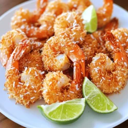 To make tasty crispy coconut shrimp, you need these key ingredients: - 1 pound large shrimp, peeled and deveined - 1 cup all-purpose flour - 1 teaspoon garlic powder - 1 teaspoon smoked paprika - Salt and freshly ground black pepper to taste - 2 large eggs, beaten until frothy - 1 cup unsweetened shredded coconut - 1 cup panko breadcrumbs - Oil for frying (preferably coconut or vegetable oil) - Fresh lime wedges, for serving These ingredients come together to create a crunchy outer layer and a juicy inside. You can spice things up with these optional ingredients: - A dash of cayenne pepper for heat - Fresh herbs like cilantro or parsley for garnish - Sweet chili sauce for dipping - Pineapple slices for a tropical touch These extras can add fun flavors and colors to your dish! To prepare your crispy coconut shrimp, gather these tools: - A deep skillet or frying pan - Three shallow bowls for dredging - A slotted spoon for flipping and removing shrimp - Paper towels for draining excess oil - A temperature thermometer to check oil heat Having the right tools makes cooking easier and more fun! You can find the full recipe to follow along as you cook. First, rinse the shrimp under cold water. This step keeps the shrimp clean. Next, use paper towels to pat them dry. Removing moisture is crucial for a crispy finish. Place the dry shrimp on a clean plate and set them aside for later. Now, let’s set up your dredging station. Grab three shallow bowls. In the first bowl, mix the flour, garlic powder, smoked paprika, salt, and pepper. This will be our dry coating. In the second bowl, pour in the beaten eggs. This helps the coating stick. In the third bowl, combine the shredded coconut and panko breadcrumbs. Mix it well; this will give our shrimp that crunchy texture. Take one shrimp at a time. Start by dipping it into the flour mix. Make sure it gets coated well. Shake off any extra flour. Next, dip the shrimp in the egg mixture. Let any excess egg drip back into the bowl. Finally, coat the shrimp in the coconut and panko mix. Press gently to make sure it sticks. Repeat this for all the shrimp until they are all coated. This step is key for that perfect crispy coconut shrimp. You can find the full recipe for more detailed instructions. Heating the oil correctly is key for crispy coconut shrimp. Use coconut or vegetable oil for the best flavor. Pour enough oil into your pan to cover the bottom by about half an inch. Turn the heat to medium-high. To check the temperature, use a thermometer. You want the oil between 350°F and 375°F. If you don’t have a thermometer, drop a small piece of shrimp in the oil. If it sizzles and bubbles, you’re ready to fry. This step makes all the difference for a crispy finish. Now it’s time to fry the shrimp! Carefully add a few shrimp to the hot oil. Don’t overcrowd the pan; this will cause the shrimp to steam instead of fry. Fry the shrimp for about 2 to 3 minutes on each side. You’ll know they are done when they turn golden brown and crispy. Use a slotted spoon to take them out. Place the shrimp on a paper towel-lined plate to drain excess oil. This helps keep them crisp. Serve your crispy coconut shrimp right away for the best taste and texture. Arrange them on a nice plate, leaving some space between each piece. This makes them look more inviting. Add fresh lime wedges on the side. A squeeze of lime juice over the shrimp brightens the flavors and adds a zesty kick. You can also serve them with a sweet chili sauce for dipping. This combination creates a fun and delicious experience. For a colorful touch, add some fresh herbs or a sprinkle of chili flakes. These little details make your dish stand out. For more tips and a full recipe, check out the entire guide on crispy coconut shrimp. {{image_4}} To make the best crispy coconut shrimp, focus on a few key steps. First, dry your shrimp well. Any moisture will prevent a crispy crust. Next, use fresh ingredients. Fresh lime juice brightens the flavor. The dredging station is important; use three separate bowls for flour, eggs, and the coconut-panko mix. This ensures a good coat on each shrimp. For frying, heat the oil to the right temperature. Ideal frying oil should be between 350°F and 375°F. This keeps the shrimp crispy and prevents greasiness. Fry in small batches. Overcrowding the pan can lead to uneven cooking. Lastly, serve right away for the best taste. The shrimp should be hot, crunchy, and golden brown. You can find the full recipe to guide you through these steps. Here are some common mistakes to watch for. First, don’t skip drying the shrimp. This leads to a soggy coating. Next, avoid using stale coconut. Fresh coconut adds a better texture and flavor. Make sure to use enough oil in the pan. If the oil is too low, the shrimp won’t fry properly. Also, don’t rush the frying process. Give each shrimp time to cook. Finally, let the fried shrimp drain on paper towels. This helps remove any extra oil. Crispy coconut shrimp pairs well with many sides. Fresh salads with lime dressing add a nice crunch. You can also serve it with rice or quinoa for a filling meal. For drinks, try a cold beer or a tropical cocktail. A piña colada or a refreshing mojito works great too. These drinks enhance the shrimp’s tropical flavors. Enjoying this dish with friends makes it even better! You can enjoy crispy coconut shrimp in two main ways: baked or fried. Frying gives a deep, rich flavor. The shrimp become golden and crunchy fast. But if you want a lighter option, baking works well too. To bake, preheat your oven to 400°F (200°C). Line a baking sheet with parchment paper. Place the shrimp on the sheet in a single layer. Spray them lightly with cooking oil to help them crisp. Bake for about 15-20 minutes, flipping halfway through. They won’t be as crunchy as fried shrimp, but they still taste great! To add some heat, spice up your coconut shrimp! You can mix cayenne pepper into the flour for a kick. Start with 1/4 teaspoon and adjust to your taste. Another idea is to add hot sauce to your egg wash. This gives the shrimp a zesty flavor boost. For a tropical twist, try adding chili flakes to the coconut-panko mix. This combo adds crunch and heat, making the shrimp even more exciting. Making this dish gluten-free is simple! Swap all-purpose flour with rice flour or almond flour. Both options work well for the dredging process. Use gluten-free panko breadcrumbs instead of regular ones. They give the same crunchy texture! If you have someone with a gluten allergy, these swaps ensure everyone enjoys the dish together. Just follow the same steps as in the full recipe, and you’re good to go! Cooking crispy coconut shrimp takes about 25 minutes. This includes prep and frying time. The key is to fry them until they are golden brown. Each batch usually takes about 4 to 6 minutes to cook. Keep an eye on them to avoid burning. Yes, you can use frozen shrimp. Just make sure to thaw them first. Place them in the fridge overnight or run them under cold water. After thawing, pat them dry well. This step helps the coating stick better. Crispy coconut shrimp tastes great with several sauces. Here are my top picks: - Sweet chili sauce - Mango salsa - Spicy mayo - Tangy lime dipping sauce These sauces add a nice kick or a sweet contrast. You can try them all to find your favorite! For the full recipe, check the ingredients and instructions provided above. In this post, we covered how to make crispy coconut shrimp. We discussed the key ingredients and tools you need. You learned how to prepare the shrimp and set up a dredging station. We also looked at cooking techniques for perfect crispiness. Plus, we shared tips, variations, and answers to common questions. Now, you have the tools to impress with this dish. Enjoy making your shrimp, and don’t forget to share your results!