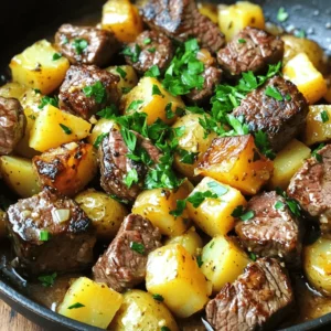 For the Garlic Butter Steak and Potato Skillet, you will need these key ingredients: - 1 lb sirloin steak, cut into 1-inch cubes - 3 medium Yukon gold potatoes, diced - 4 tablespoons unsalted butter, divided - 4 cloves garlic, minced - 1 teaspoon dried rosemary - 1 teaspoon dried thyme - Salt and pepper to taste - 1 tablespoon olive oil - Fresh parsley, chopped (for garnish) You can add more flavor to your dish with optional seasonings like: - Paprika for a smoky touch - Red pepper flakes for heat - A splash of Worcestershire sauce for depth - Lemon juice for brightness This dish pairs well with: - A fresh green salad for crunch - Crusty bread to soak up the juices - Steamed veggies for added nutrition - A nice glass of red wine to elevate your meal These ingredients and accompaniments will help create a meal that is not just tasty but also satisfying. For the full recipe, be sure to check the steps to make this delightful dish shine. To start, we need to prep the potatoes. Grab a large skillet and warm 1 tablespoon of olive oil over medium heat. Once it’s hot, add 3 diced Yukon gold potatoes. Season them well with salt and pepper. Sauté the potatoes for about 10-12 minutes. Stir them often. This helps them cook evenly and prevents sticking. You want them soft with a nice golden color. After the potatoes are ready, take them out and set them aside in a bowl. In the same skillet, add 2 tablespoons of unsalted butter. Turn the heat up to medium-high. Now, add your 1 pound of cubed sirloin steak. Season it with salt, pepper, dried rosemary, and thyme. Sear the steak for about 4-5 minutes. Make sure to turn it often. You want it browned and cooked to your taste. Aim for an internal temperature of 135°F for medium-rare. Next, lower the heat back to medium. Add 4 minced garlic cloves to the skillet. Toss in the last 2 tablespoons of butter. Stir everything for about a minute. This lets the garlic get fragrant without burning. The smell will be amazing! Now, it’s time to bring it all together. Return the sautéed potatoes to the skillet. Gently stir to mix everything. This lets the potatoes soak up the tasty garlic butter from the steak. Cook for an extra 2-3 minutes. This ensures everything is heated through and well-combined. Before serving, sprinkle some chopped fresh parsley on top. This adds a burst of color and flavor. Serve the skillet dish hot, right from the pan. It looks rustic and inviting, perfect for sharing. For the full recipe, check back for more details! To cook steak just right, start with a good cut. I love sirloin for its flavor and texture. Cut the steak into 1-inch cubes for even cooking. Season it with salt and pepper before it hits the pan. When you add it to the hot skillet, let it sear. This locks in the juices. Cook for about 4-5 minutes, turning the cubes often. Use a meat thermometer to check the doneness. Aim for 135°F for medium-rare. For fluffy potatoes, choose Yukon gold. They are creamy and cook well. Dice them into even pieces for smooth cooking. Start by sautéing them in olive oil. This gives them a nice golden color. Don't rush the process; let them cook for 10-12 minutes. Stir them gently to avoid sticking. Season with salt and pepper. This simple step adds great flavor. Fluffy potatoes are key to a great dish. Aromatics make your dish pop. Garlic is a must in this recipe. Mince fresh garlic and add it in the last cooking stage. This keeps it fragrant and tasty. Don't let it burn; just cook for about a minute. Fresh herbs like rosemary and thyme add depth. They blend well with butter and steak juices. Add these to the steak to boost flavor. When combined, these elements create a rich taste that elevates your meal. For the full recipe, check out the complete guide. {{image_4}} You can make this dish even better by adding vegetables. Try bell peppers, onions, or green beans. They will add color and taste. Chop them into small pieces. Sauté them with the potatoes for extra flavor. You can also use spinach or kale. Just add them at the end to keep them fresh. If you want to switch things up, try using chicken or shrimp. Chicken thighs work well and stay juicy. Cut them into bite-sized pieces and cook them like the steak. Shrimp cooks fast, so add it last. Just sauté until it turns pink. This way, you can enjoy different flavors with the same great dish. Experimenting with spices can change the whole dish. Try using Cajun seasoning for a kick. Or, mix in some smoked paprika for a rich taste. Italian herbs like basil and oregano can give it a fresh twist. You can even go Asian with soy sauce and sesame oil. Each blend offers a new way to enjoy your garlic butter steak and potato skillet. For the full recipe, check out the main article. After enjoying your Garlic Butter Steak and Potato Skillet, let it cool down. Place the leftovers in an airtight container. This dish stays fresh for about three days in the fridge. If you want to keep it longer, consider freezing it. When you're ready to enjoy your leftovers, you can reheat them easily. Use a skillet over medium heat. Add a splash of water or broth to keep it moist. Stir occasionally until heated through, which should take about 5-7 minutes. You can also use a microwave. Heat in short bursts, stirring in between, until warm. If you want to freeze your Garlic Butter Steak and Potato Skillet, first cool it completely. Use freezer-safe containers or bags. Make sure to remove as much air as possible. Label each container with the date. This meal can last up to three months in the freezer. When ready to eat, thaw it in the fridge overnight before reheating. For the full recipe, check the previous sections. Yes, you can make this dish ahead of time. Cook the steak and potatoes and let them cool. Store them in the fridge in a sealed container. When ready to eat, reheat in a skillet over medium heat. Add a little butter for flavor. This keeps the taste fresh and delicious. You can use various cuts of steak for this recipe. Ribeye, flank, or tenderloin work well too. Just make sure to cut them into small cubes. This ensures even cooking and good flavor. Each cut will give a unique taste and texture. To make this dish healthier, use leaner cuts of steak. You can also add more veggies like bell peppers or spinach. Reducing butter helps cut down on fat. Using olive oil instead of butter when cooking the potatoes is another great option. Yes, you can cook this dish in the oven. Start by roasting the potatoes in a baking dish at 400°F for about 20 minutes. Then, add the seasoned steak and roast for another 15 minutes. This method allows the flavors to blend nicely, but the texture may be different. Be careful not to overcook the steak. It can turn tough if cooked too long. Also, make sure to season your potatoes well. They need flavor to match the steak. Lastly, don’t skip the garlic. It adds a special touch to the dish. For the full recipe, check out Garlic Butter Steak and Potato Skillet. When I think of comfort food, garlic butter steak and potato skillet comes to mind. This dish has tender steak and soft potatoes, all drenched in rich garlic butter. It’s a quick meal that fills your home with a warm, inviting aroma. To start, you need the right ingredients. Here’s what you’ll need for the full recipe: - 1 lb sirloin steak, cut into 1-inch cubes - 3 medium Yukon gold potatoes, diced - 4 tablespoons unsalted butter, divided - 4 cloves garlic, minced - 1 teaspoon dried rosemary - 1 teaspoon dried thyme - Salt and pepper to taste - 1 tablespoon olive oil - Fresh parsley, chopped (for garnish) This is a simple list, but each item plays a key role. The sirloin steak gives you that rich, meaty flavor. Yukon gold potatoes add creaminess and texture. Garlic and butter bring depth and richness to the dish. You can also tweak the recipe. Try adding veggies like green beans or bell peppers for a pop of color. Use different cuts of steak if you prefer. You can even switch seasonings based on what you like best. The great thing about this dish is its flexibility. You can serve it with a simple side salad or some crusty bread. You’ll have a full meal that satisfies everyone at the table. For the full recipe, you can follow the detailed steps to create this delicious skillet meal. Enjoy! This blog post covers how to make a delicious Garlic Butter Steak and Potato Skillet. We looked at ingredients, cooking methods, and tips for perfect results. You learned about variations and how to store leftovers. Remember, good cooking mixes flavor and fun. You can change recipes to fit your taste. Use fresh ingredients and enjoy the process. Happy cooking!