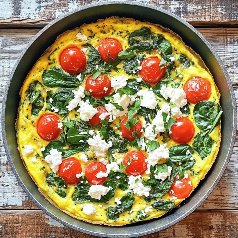 - 6 large eggs - 1 cup fresh spinach, chopped - 1 cup cherry tomatoes, halved - 1/2 cup feta cheese, crumbled - 1 small onion, diced - 2 cloves garlic, minced - 1/4 teaspoon red pepper flakes (optional for a kick) - Salt and freshly ground black pepper, to taste - 2 tablespoons olive oil - Fresh herbs for garnishing (such as parsley or basil) Each ingredient in this frittata brings unique benefits. Eggs provide protein and healthy fats. Spinach adds iron, vitamins A and C, and fiber. Tomatoes are rich in antioxidants, especially lycopene, which is good for heart health. Feta cheese gives flavor and calcium. Onions and garlic boost the immune system. Olive oil offers healthy fats that support heart health. Red pepper flakes can add metabolism-boosting spice. Always choose fresh, high-quality ingredients. Look for vibrant spinach and firm tomatoes. Eggs should be clean, with no cracks. Feta should be crumbly and creamy. Fresh herbs add a pop of flavor; buy them just before use. Fresh ingredients enhance the taste and nutrition of your meal. For the best results, use local and seasonal produce when possible. First, preheat your oven to 375°F (190°C). This step is key to a fluffy frittata. While the oven heats, gather your ingredients. You will need six large eggs, one cup of chopped fresh spinach, and one cup of halved cherry tomatoes. Don’t forget the half cup of crumbled feta cheese, one small diced onion, and two minced garlic cloves. If you like a little heat, add a pinch of red pepper flakes. Grab some salt, black pepper, and two tablespoons of olive oil too. In a large oven-safe skillet, heat the olive oil over medium heat. Once warm, add the diced onion. Sauté it for about three minutes until it turns soft and clear. Then, mix in the minced garlic and red pepper flakes. Cook it for one more minute until you smell the garlic. Next, add the chopped spinach to the skillet. Stir and cook it for two to three minutes. You want the spinach to wilt and turn bright green. Now, whisk the eggs in a bowl. Add a good pinch of salt and black pepper. This will make your frittata tasty. Pour the egg mix into the skillet, spreading it evenly over the vegetables. Now, scatter the halved tomatoes and crumbled feta all over the top. Let the frittata cook on the stovetop for three to four minutes. This helps the edges set nicely. Carefully transfer the skillet to your preheated oven. Bake the frittata for 15 to 20 minutes. It should puff up and turn golden brown on top. The center should be just set. Once done, take it out and let it cool for a few minutes. Slice the frittata into wedges and serve. For a fresh touch, chop up some parsley or basil and sprinkle it over the top. Now you have a delicious Spinach Tomato Feta Frittata! Check out the Full Recipe for more details. One mistake is overcooking the frittata. Watch it closely while baking. If you bake too long, it will become dry. Another common issue is not seasoning enough. Add salt and pepper to the eggs for better taste. Lastly, make sure your skillet is safe for the oven. If not, use a baking dish instead. To boost flavor, use fresh herbs like basil or parsley. They add a bright taste. Adding a pinch of nutmeg can also enhance the eggs. Don't forget the red pepper flakes! They give a nice kick. For extra richness, consider using a mix of cheese. Try mozzarella or goat cheese along with feta. Serve your frittata with a light salad for a fresh touch. A side of sliced avocado works well, too. You can also pair it with crusty bread. For drinks, a glass of fresh orange juice or herbal tea complements it nicely. To explore more, check out the Full Recipe for variations and tips! {{image_4}} You can easily make this dish vegetarian by sticking to the original recipe. The spinach, tomatoes, and feta are already a great combo. If you want more veggies, add bell peppers, zucchini, or mushrooms. These will bring in added textures and flavors. This frittata is naturally gluten-free since it uses eggs and no flour. For a dairy-free version, swap out the feta. You can use a dairy-free cheese or simply skip the cheese. The dish will still taste great, packed with spinach and tomatoes. Get creative! You can add cooked bacon or sausage for extra protein. Want heat? Toss in jalapeños or extra red pepper flakes. Fresh herbs like dill or thyme can elevate the flavor. For a twist, try adding sun-dried tomatoes or olives. Each addition gives a unique taste. For the full recipe of Spinach Tomato Feta Frittata, check it out to get started! After making your Spinach Tomato Feta Frittata, let it cool fully. Place it in an airtight container. This keeps it fresh and tasty. Store it in the fridge for up to four days. Make sure to label the container with the date. This way, you remember when you made it. If you want to keep it longer, freeze your frittata. Cut it into slices and wrap each slice in plastic wrap. Then, place the wrapped slices in a freezer bag. This helps prevent freezer burn. Your frittata can stay fresh in the freezer for up to two months. When you're ready to eat, thaw the slices in the fridge overnight. Reheat in the oven at 350°F (175°C) for about 10-15 minutes. You can also use the microwave for a quicker option. Heat for one minute at a time until it's warm. The shelf life of your frittata is about four days in the fridge. If you notice any off smells or a change in color, it’s best to toss it. Mold is also a clear sign that it is no longer safe to eat. Always trust your senses. Enjoy your frittata while it’s fresh for the best taste! You should bake the frittata for 15 to 20 minutes. Check for a golden-brown top. The middle should be set but slightly soft. If it jiggles too much, give it a few more minutes. This ensures a fluffy texture. Yes, you can use many other vegetables. Bell peppers, zucchini, or mushrooms work well too. Just make sure to chop them small. Sauté them in the skillet before adding the eggs. This adds flavor and keeps the frittata moist. To reheat leftover frittata, use the oven or microwave. For the oven, preheat to 350°F (175°C). Place the frittata on a baking sheet and cover it with foil. Heat for about 10-15 minutes. In the microwave, heat slices for 30 seconds at a time. Check until it's warm. Enjoy your frittata again! For the full recipe, check the earlier section. In this post, we explored the key ingredients for a great frittata and their benefits. I shared step-by-step instructions for perfect cooking and serving techniques. We highlighted useful tips to avoid common mistakes and ways to boost flavor. Plus, I included variations for all diets, storage tips, and answers to your burning questions. Enjoy experimenting with your frittata! Remember, fresh ingredients and good techniques are key.