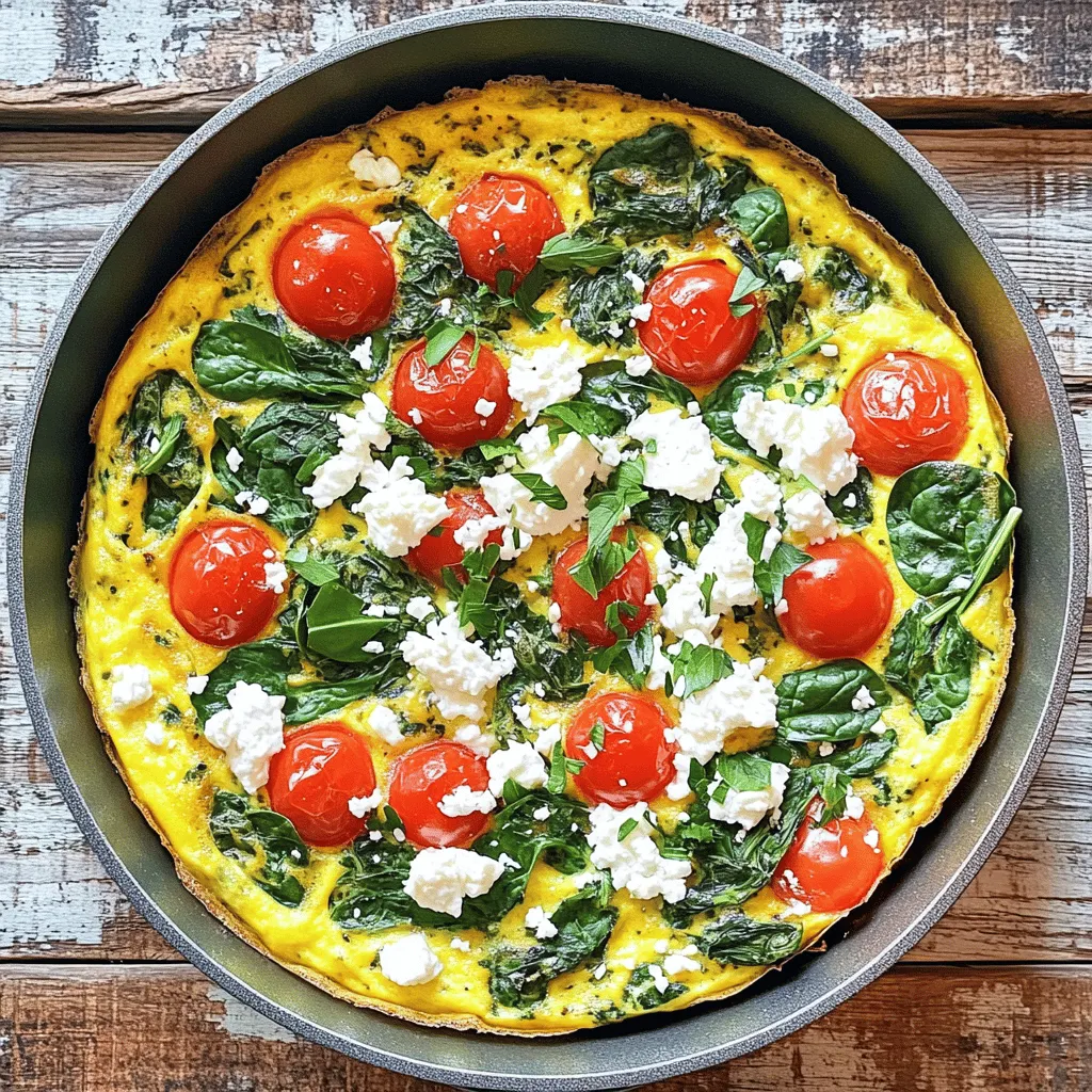 - 6 large eggs - 1 cup fresh spinach, chopped - 1 cup cherry tomatoes, halved - 1/2 cup feta cheese, crumbled - 1 small onion, diced - 2 cloves garlic, minced - 1/4 teaspoon red pepper flakes (optional for a kick) - Salt and freshly ground black pepper, to taste - 2 tablespoons olive oil - Fresh herbs for garnishing (such as parsley or basil) Each ingredient in this frittata brings unique benefits. Eggs provide protein and healthy fats. Spinach adds iron, vitamins A and C, and fiber. Tomatoes are rich in antioxidants, especially lycopene, which is good for heart health. Feta cheese gives flavor and calcium. Onions and garlic boost the immune system. Olive oil offers healthy fats that support heart health. Red pepper flakes can add metabolism-boosting spice. Always choose fresh, high-quality ingredients. Look for vibrant spinach and firm tomatoes. Eggs should be clean, with no cracks. Feta should be crumbly and creamy. Fresh herbs add a pop of flavor; buy them just before use. Fresh ingredients enhance the taste and nutrition of your meal. For the best results, use local and seasonal produce when possible. First, preheat your oven to 375°F (190°C). This step is key to a fluffy frittata. While the oven heats, gather your ingredients. You will need six large eggs, one cup of chopped fresh spinach, and one cup of halved cherry tomatoes. Don’t forget the half cup of crumbled feta cheese, one small diced onion, and two minced garlic cloves. If you like a little heat, add a pinch of red pepper flakes. Grab some salt, black pepper, and two tablespoons of olive oil too. In a large oven-safe skillet, heat the olive oil over medium heat. Once warm, add the diced onion. Sauté it for about three minutes until it turns soft and clear. Then, mix in the minced garlic and red pepper flakes. Cook it for one more minute until you smell the garlic. Next, add the chopped spinach to the skillet. Stir and cook it for two to three minutes. You want the spinach to wilt and turn bright green. Now, whisk the eggs in a bowl. Add a good pinch of salt and black pepper. This will make your frittata tasty. Pour the egg mix into the skillet, spreading it evenly over the vegetables. Now, scatter the halved tomatoes and crumbled feta all over the top. Let the frittata cook on the stovetop for three to four minutes. This helps the edges set nicely. Carefully transfer the skillet to your preheated oven. Bake the frittata for 15 to 20 minutes. It should puff up and turn golden brown on top. The center should be just set. Once done, take it out and let it cool for a few minutes. Slice the frittata into wedges and serve. For a fresh touch, chop up some parsley or basil and sprinkle it over the top. Now you have a delicious Spinach Tomato Feta Frittata! Check out the Full Recipe for more details. One mistake is overcooking the frittata. Watch it closely while baking. If you bake too long, it will become dry. Another common issue is not seasoning enough. Add salt and pepper to the eggs for better taste. Lastly, make sure your skillet is safe for the oven. If not, use a baking dish instead. To boost flavor, use fresh herbs like basil or parsley. They add a bright taste. Adding a pinch of nutmeg can also enhance the eggs. Don't forget the red pepper flakes! They give a nice kick. For extra richness, consider using a mix of cheese. Try mozzarella or goat cheese along with feta. Serve your frittata with a light salad for a fresh touch. A side of sliced avocado works well, too. You can also pair it with crusty bread. For drinks, a glass of fresh orange juice or herbal tea complements it nicely. To explore more, check out the Full Recipe for variations and tips! {{image_4}} You can easily make this dish vegetarian by sticking to the original recipe. The spinach, tomatoes, and feta are already a great combo. If you want more veggies, add bell peppers, zucchini, or mushrooms. These will bring in added textures and flavors. This frittata is naturally gluten-free since it uses eggs and no flour. For a dairy-free version, swap out the feta. You can use a dairy-free cheese or simply skip the cheese. The dish will still taste great, packed with spinach and tomatoes. Get creative! You can add cooked bacon or sausage for extra protein. Want heat? Toss in jalapeños or extra red pepper flakes. Fresh herbs like dill or thyme can elevate the flavor. For a twist, try adding sun-dried tomatoes or olives. Each addition gives a unique taste. For the full recipe of Spinach Tomato Feta Frittata, check it out to get started! After making your Spinach Tomato Feta Frittata, let it cool fully. Place it in an airtight container. This keeps it fresh and tasty. Store it in the fridge for up to four days. Make sure to label the container with the date. This way, you remember when you made it. If you want to keep it longer, freeze your frittata. Cut it into slices and wrap each slice in plastic wrap. Then, place the wrapped slices in a freezer bag. This helps prevent freezer burn. Your frittata can stay fresh in the freezer for up to two months. When you're ready to eat, thaw the slices in the fridge overnight. Reheat in the oven at 350°F (175°C) for about 10-15 minutes. You can also use the microwave for a quicker option. Heat for one minute at a time until it's warm. The shelf life of your frittata is about four days in the fridge. If you notice any off smells or a change in color, it’s best to toss it. Mold is also a clear sign that it is no longer safe to eat. Always trust your senses. Enjoy your frittata while it’s fresh for the best taste! You should bake the frittata for 15 to 20 minutes. Check for a golden-brown top. The middle should be set but slightly soft. If it jiggles too much, give it a few more minutes. This ensures a fluffy texture. Yes, you can use many other vegetables. Bell peppers, zucchini, or mushrooms work well too. Just make sure to chop them small. Sauté them in the skillet before adding the eggs. This adds flavor and keeps the frittata moist. To reheat leftover frittata, use the oven or microwave. For the oven, preheat to 350°F (175°C). Place the frittata on a baking sheet and cover it with foil. Heat for about 10-15 minutes. In the microwave, heat slices for 30 seconds at a time. Check until it's warm. Enjoy your frittata again! For the full recipe, check the earlier section. In this post, we explored the key ingredients for a great frittata and their benefits. I shared step-by-step instructions for perfect cooking and serving techniques. We highlighted useful tips to avoid common mistakes and ways to boost flavor. Plus, I included variations for all diets, storage tips, and answers to your burning questions. Enjoy experimenting with your frittata! Remember, fresh ingredients and good techniques are key.